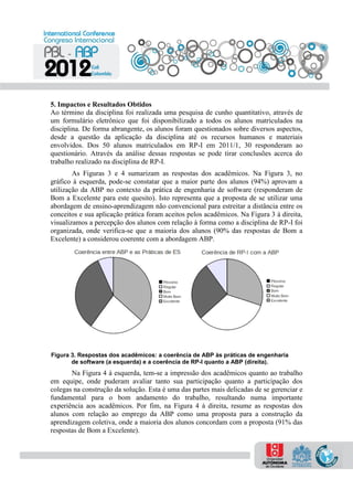 5. Impactos e Resultados Obtidos
Ao término da disciplina foi realizada uma pesquisa de cunho quantitativo, através de
um formulário eletrônico que foi disponibilizado a todos os alunos matriculados na
disciplina. De forma abrangente, os alunos foram questionados sobre diversos aspectos,
desde a questão da aplicação da disciplina até os recursos humanos e materiais
envolvidos. Dos 50 alunos matriculados em RP-I em 2011/1, 30 responderam ao
questionário. Através da análise dessas respostas se pode tirar conclusões acerca do
trabalho realizado na disciplina de RP-I.
As Figuras 3 e 4 sumarizam as respostas dos acadêmicos. Na Figura 3, no
gráfico à esquerda, pode-se constatar que a maior parte dos alunos (94%) aprovam a
utilização da ABP no contexto da prática de engenharia de software (responderam de
Bom a Excelente para este quesito). Isto representa que a proposta de se utilizar uma
abordagem de ensino-aprendizagem não convencional para estreitar a distância entre os
conceitos e sua aplicação prática foram aceitos pelos acadêmicos. Na Figura 3 à direita,
visualizamos a percepção dos alunos com relação à forma como a disciplina de RP-I foi
organizada, onde verifica-se que a maioria dos alunos (90% das respostas de Bom a
Excelente) a considerou coerente com a abordagem ABP.
Figura 3. Respostas dos acadêmicos: a coerência de ABP às práticas de engenharia
de software (a esquerda) e a coerência de RP-I quanto a ABP (direita).
Na Figura 4 à esquerda, tem-se a impressão dos acadêmicos quanto ao trabalho
em equipe, onde puderam avaliar tanto sua participação quanto a participação dos
colegas na construção da solução. Esta é uma das partes mais delicadas de se gerenciar e
fundamental para o bom andamento do trabalho, resultando numa importante
experiência aos acadêmicos. Por fim, na Figura 4 à direita, resume as respostas dos
alunos com relação ao emprego da ABP como uma proposta para a construção da
aprendizagem coletiva, onde a maioria dos alunos concordam com a proposta (91% das
respostas de Bom a Excelente).
 