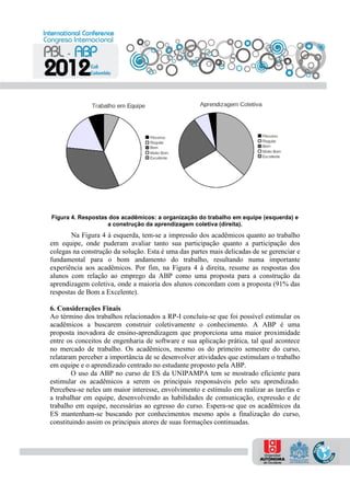 Figura 4. Respostas dos acadêmicos: a organização do trabalho em equipe (esquerda) e
a construção da aprendizagem coletiva (direita).
Na Figura 4 à esquerda, tem-se a impressão dos acadêmicos quanto ao trabalho
em equipe, onde puderam avaliar tanto sua participação quanto a participação dos
colegas na construção da solução. Esta é uma das partes mais delicadas de se gerenciar e
fundamental para o bom andamento do trabalho, resultando numa importante
experiência aos acadêmicos. Por fim, na Figura 4 à direita, resume as respostas dos
alunos com relação ao emprego da ABP como uma proposta para a construção da
aprendizagem coletiva, onde a maioria dos alunos concordam com a proposta (91% das
respostas de Bom a Excelente).
6. Considerações Finais
Ao término dos trabalhos relacionados a RP-I concluiu-se que foi possível estimular os
acadêmicos a buscarem construir coletivamente o conhecimento. A ABP é uma
proposta inovadora de ensino-aprendizagem que proporciona uma maior proximidade
entre os conceitos de engenharia de software e sua aplicação prática, tal qual acontece
no mercado de trabalho. Os acadêmicos, mesmo os do primeiro semestre do curso,
relataram perceber a importância de se desenvolver atividades que estimulam o trabalho
em equipe e o aprendizado centrado no estudante proposto pela ABP.
O uso da ABP no curso de ES da UNIPAMPA tem se mostrado eficiente para
estimular os acadêmicos a serem os principais responsáveis pelo seu aprendizado.
Percebeu-se neles um maior interesse, envolvimento e estímulo em realizar as tarefas e
a trabalhar em equipe, desenvolvendo as habilidades de comunicação, expressão e de
trabalho em equipe, necessárias ao egresso do curso. Espera-se que os acadêmicos da
ES mantenham-se buscando por conhecimentos mesmo após a finalização do curso,
constituindo assim os principais atores de suas formações continuadas.
 