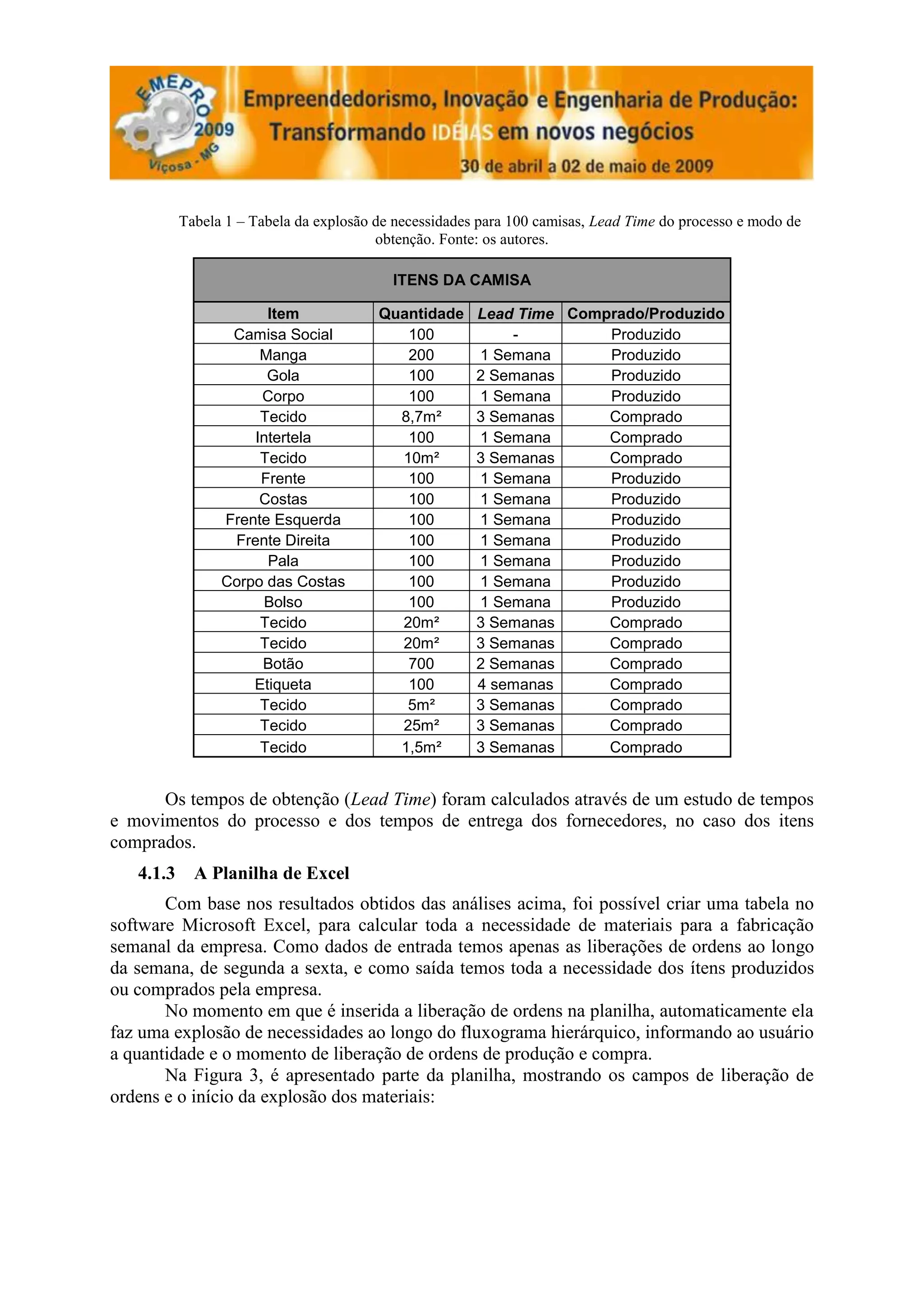Tabela 1 – Tabela da explosão de necessidades para 100 camisas, Lead Time do processo e modo de
                                      obtenção. Fonte: os autores.

                                        ITENS DA CAMISA

                    Item              Quantidade     Lead Time Comprado/Produzido
               Camisa Social             100             -         Produzido
                   Manga                 200         1 Semana      Produzido
                    Gola                 100         2 Semanas     Produzido
                   Corpo                 100         1 Semana      Produzido
                   Tecido               8,7m²        3 Semanas     Comprado
                  Intertela              100         1 Semana      Comprado
                   Tecido               10m²         3 Semanas     Comprado
                   Frente                100         1 Semana      Produzido
                   Costas                100         1 Semana      Produzido
              Frente Esquerda            100         1 Semana      Produzido
               Frente Direita            100         1 Semana      Produzido
                    Pala                 100         1 Semana      Produzido
              Corpo das Costas           100         1 Semana      Produzido
                   Bolso                 100         1 Semana      Produzido
                   Tecido               20m²         3 Semanas     Comprado
                   Tecido               20m²         3 Semanas     Comprado
                   Botão                 700         2 Semanas     Comprado
                  Etiqueta               100         4 semanas     Comprado
                   Tecido                5m²         3 Semanas     Comprado
                   Tecido               25m²         3 Semanas     Comprado
                   Tecido               1,5m²        3 Semanas     Comprado


      Os tempos de obtenção (Lead Time) foram calculados através de um estudo de tempos
e movimentos do processo e dos tempos de entrega dos fornecedores, no caso dos itens
comprados.
   4.1.3 A Planilha de Excel
       Com base nos resultados obtidos das análises acima, foi possível criar uma tabela no
software Microsoft Excel, para calcular toda a necessidade de materiais para a fabricação
semanal da empresa. Como dados de entrada temos apenas as liberações de ordens ao longo
da semana, de segunda a sexta, e como saída temos toda a necessidade dos ítens produzidos
ou comprados pela empresa.
       No momento em que é inserida a liberação de ordens na planilha, automaticamente ela
faz uma explosão de necessidades ao longo do fluxograma hierárquico, informando ao usuário
a quantidade e o momento de liberação de ordens de produção e compra.
       Na Figura 3, é apresentado parte da planilha, mostrando os campos de liberação de
ordens e o início da explosão dos materiais:
 