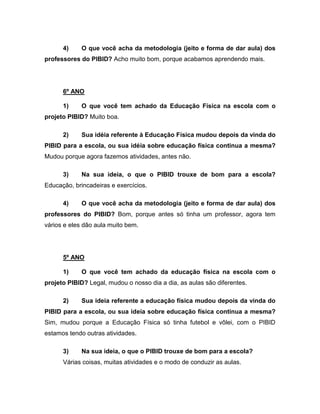4) O que você acha da metodologia (jeito e forma de dar aula) dos
professores do PIBID? Acho muito bom, porque acabamos aprendendo mais.
6º ANO
1) O que você tem achado da Educação Física na escola com o
projeto PIBID? Muito boa.
2) Sua idéia referente à Educação Física mudou depois da vinda do
PIBID para a escola, ou sua idéia sobre educação física continua a mesma?
Mudou porque agora fazemos atividades, antes não.
3) Na sua ideia, o que o PIBID trouxe de bom para a escola?
Educação, brincadeiras e exercícios.
4) O que você acha da metodologia (jeito e forma de dar aula) dos
professores do PIBID? Bom, porque antes só tinha um professor, agora tem
vários e eles dão aula muito bem.
5º ANO
1) O que você tem achado da educação física na escola com o
projeto PIBID? Legal, mudou o nosso dia a dia, as aulas são diferentes.
2) Sua ideia referente a educação física mudou depois da vinda do
PIBID para a escola, ou sua ideia sobre educação física continua a mesma?
Sim, mudou porque a Educação Física só tinha futebol e vôlei, com o PIBID
estamos tendo outras atividades.
3) Na sua ideia, o que o PIBID trouxe de bom para a escola?
Várias coisas, muitas atividades e o modo de conduzir as aulas.
 