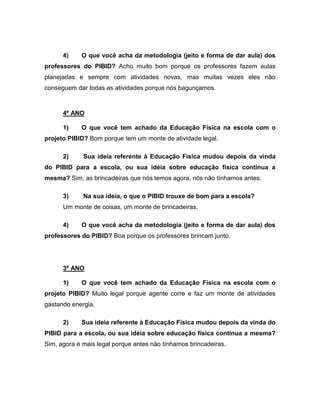 4) O que você acha da metodologia (jeito e forma de dar aula) dos
professores do PIBID? Acho muito bom porque os professores fazem aulas
planejadas e sempre com atividades novas, mas muitas vezes eles não
conseguem dar todas as atividades porque nós bagunçamos.
4º ANO
1) O que você tem achado da Educação Física na escola com o
projeto PIBID? Bom porque tem um monte de atividade legal.
2) Sua ideia referente à Educação Física mudou depois da vinda
do PIBID para a escola, ou sua idéia sobre educação física continua a
mesma? Sim, as brincadeiras que nós temos agora, nós não tínhamos antes.
3) Na sua ideia, o que o PIBID trouxe de bom para a escola?
Um monte de coisas, um monte de brincadeiras.
4) O que você acha da metodologia (jeito e forma de dar aula) dos
professores do PIBID? Boa porque os professores brincam junto.
3º ANO
1) O que você tem achado da Educação Física na escola com o
projeto PIBID? Muito legal porque agente corre e faz um monte de atividades
gastando energia.
2) Sua ideia referente à Educação Física mudou depois da vinda do
PIBID para a escola, ou sua idéia sobre educação física continua a mesma?
Sim, agora é mais legal porque antes não tínhamos brincadeiras.
 