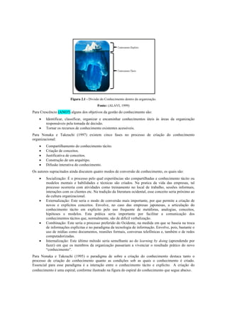 Figura 2.1 - Divisão do Conhecimento dentro da organização.
Fonte: (ALAVI, 1999)
Para Crescêncio (ANO?) alguns dos objetivos da gestão do conhecimento são:
• Identificar, classificar, organizar e encaminhar conhecimentos úteis às áreas da organização
responsáveis pela tomada de decisão.
• Tornar os recursos de conhecimento existentes acessíveis.
Para Nonaka e Takeuchi (1997) existem cinco fases no processo de criação do conhecimento
organizacional:
• Compartilhamento do conhecimento tácito.
• Criação de conceitos.
• Justificativa de conceitos.
• Construção de um arquétipo.
• Difusão interativa do conhecimento.
Os autores supracitados ainda discutem quatro modos de conversão de conhecimento, os quais são:
• Socialização: É o processo pelo qual experiências são compartilhadas e conhecimento tácito ou
modelos mentais e habilidades e técnicas são criados. Na pratica da vida das empresas, tal
processo ocorreria com atividades como treinamento no local de trabalho, sessões informais,
interações com os clientes etc. Na tradição da literatura ocidental, esse conceito seria próximo ao
da cultura organizacional.
• Externalização: Este seria o modo de conversão mais importante, por que permite a criação de
novos e explícitos conceitos. Envolve, no caso das empresas japonesas, a articulação do
conhecimento tácito em explicito pelo uso frequente de metáforas, analogias, conceitos,
hipóteses e modelos. Esta prática seria importante por facilitar a comunicação dos
conhecimentos tácitos que, normalmente, são de difícil verbalização.
• Combinação: Este seria o processo preferido do Ocidente, na medida em que se baseia na troca
de informações explícitas e no paradigma da tecnologia de informação. Envolve, pois, bastante o
uso de mídias como documentos, reuniões formais, conversas telefônicas e, também o de redes
computadorizadas.
• Internalização: Este último método seria semelhante ao do learning by doing (aprendendo por
fazer) em que os membros da organização passariam a vivenciar o resultado prático do novo
“conhecimento”.
Para Nonaka e Takeuchi (1995) o paradigma de sobre a criação do conhecimento destaca tanto o
processo de criação do conhecimento quanto as condições sob as quais o conhecimento é criado.
Essencial para esse paradigma é a interação entre o conhecimento tácito e explícito. A criação do
conhecimento é uma espiral, conforme ilustrado na figura do espiral do conhecimento que segue abaixo.
26
Figura 2.4 - Divisão do Conhecimento dentro da organização.
Fonte: (ALAVI, 1999)
Um estudo feito por Cruz (2002), mostra que a maioria das organizações não mantém
uma política de gestão de conhecimento, deixando assim de extrair uma série de soluções e
questionamentos dos seus colaboradores, impossibilitando desta forma o aumento da
produtividade e a melhora da qualidade de seus produtos e/ou serviços.
Com base em Santos (2003), a gestão de conhecimento é o processo sistemático de
identificação, criação, renovação e aplicação dos conhecimentos que são estratégicos na vida
de uma organização. É um avanço da gestão da informação, uma maneira de converter
informação em conhecimento. Esta gestão busca tirar proveito das informações para produzir
conhecimento explícito para as organizações.
2.1.4 A Gestão de Conhecimento nas Organizações
Chiavenato (2001, p. 35), havia dividido a administração em três eras mostradas na
tabela 2.2, mas os estudo das técnicas de gestão de conhecimento levaram Nonaka e Takeuchi
(1997) a identificar uma nova era intitulada como a ‘Era do Conhecimento’ onde o controle, a
facilidade de acesso e o gerenciamento sobre informações passaram a ser diferenciais para
alcançar a excelência organizacional.
Atualmente, existem diversos meios de comunicação, como internet, televisão, e-mail,
rádio e etc., de onde se tem informações a cada minuto, em uma velocidade elevada, e isto
acarreta em um abastamento das mesmas surgindo a necessidade de uma gestão de
 