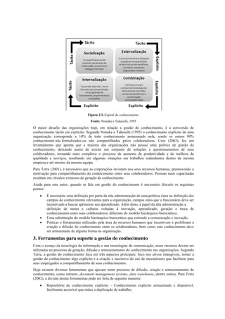 Figura 2.2–Espiral do conhecimento.
Fonte: Nonaka e Takeuchi, 1995
O maior desafio das organizações hoje, em relação a gestão do conhecimento, é a conversão de
conhecimento tácito em explicito. Segundo Nonaka e Takeuchi (1995) o conhecimento explicito de uma
organização corresponde a 10% de todo conhecimento armazenado nela, sendo os outros 90%
conhecimento não formalizados ou não compartilhados pelos colaboradores. Cruz (2002), fez um
levantamento que aponta que a maioria das organizações não possui uma política de gestão do
conhecimento, deixando assim de extrair um conjunto de soluções e questionamentos de seus
colaboradores, tornando mais complexo o processo de aumento de produtividade e de melhora de
qualidade e serviços, resultando em algumas situações em trabalhos redundantes dentro da mesma
empresa e até mesmo da mesma equipe.
Para Terra (2001), é necessário que as corporações invistam nos seus recursos humanos, promovendo a
motivação para compartilhamento do conhecimento entre seus colaboradores. Pessoas mais capacitadas
resultam em círculos virtuosos de geração de conhecimento.
Ainda para este autor, quando se fala em gestão do conhecimento é necessário discutir os seguintes
pontos:
• É necessária uma definição por parte da alta administração de uma política clara na definição dos
campos do conhecimento relevantes para a organização, campos estes que o funcionário deve ser
incentivado a buscar aprimorar seu aprendizado. Além disto, é papel da alta administração a
definição de metas e culturas voltadas à inovação, aprendizado, geração e troca de
conhecimentos entre seus colaboradores, diferente do modelo hierárquico-burocrático;
• Uma substituição do modelo hierárquico-burocrático que estimule a comunicação e inovação.
• Práticas e ferramentas utilizadas pela área de recursos humanos que incentivam e proliferam a
criação e difusão do conhecimento entre os colaboradores, bem como este conhecimento deve
ser armazenado de alguma forma na organização.
3. Ferramentas para suporte a gestão do conhecimento
Com o avanço da tecnologia da informação e nas tecnologias de comunicação, esses recursos devem ser
utilizados no processo de geração, difusão e armazenamento do conhecimento nas organizações. Segundo
Terra, a gestão do conhecimento foca em três aspectos principais: foco nos ativos intangíveis, tornar a
gestão do conhecimento algo explícito e a criação e incentivo do uso de mecanismos que facilitem para
seus empregados o compartilhamento de seus conhecimentos.
Hoje existem diversas ferramentas que apoiam neste processo de difusão, criação e armazenamento de
conhecimento, como intranet, document management systems, data warehouse, dentre outros. Para Terra
(2002), a divisão destas ferramentas pode ser feita da seguinte maneira:
• Repositório de conhecimento explícito – Conhecimento explícito armazenado e disponível,
facilmente acessível que reduz a duplicação de trabalho;
 