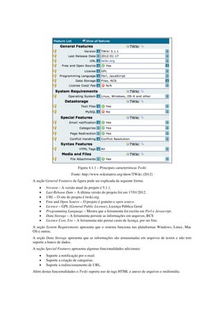 Figura 4.1.1 – Principais características Twiki
Fonte: http://www.wikimatrix.org/show/TWiki (2012)
A seção General Features da figura pode ser explicada da seguinte forma:
• Version – A versão atual do projeto é 5.1.1.
• Last Release Date – A última versão do projeto foi em 17/01/2012.
• URL – O site do projeto é twiki.org.
• Free and Open Source – O projeto é gratuito e open source.
• Licence – GPL (General Public License), Licença Pública Geral
• Programming Language – Mostra que a ferramenta foi escrita em Perl e Javascript.
• Data Storage – A ferramenta persiste as informações em arquivos, RCS
• Licence Cost, Fee – A ferramenta não possui custo de licença, por ser free.
A seção System Requirements apresenta que o sistema funciona nas plataformas Windows, Linux, Mac
OS e outras.
A seção Data Storage apresenta que as informações são armazenadas em arquivos de textos e não tem
suporte a banco de dados.
A seção Special Features apresenta algumas funcionalidades adicionais:
• Suporte a notificação por e-mail.
• Suporte a criação de categorias.
• Suporte a redirecionamento de URL.
Além destas funcionalidades o Twiki suporta uso de tags HTML e anexo de arquivos e multimídia.
 