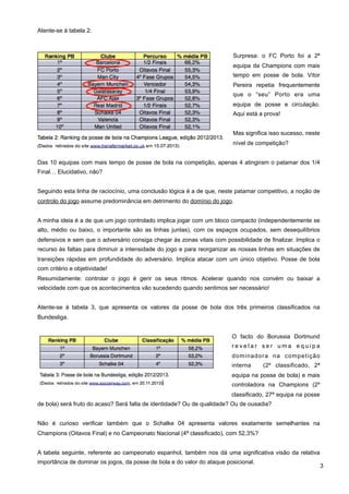 Atente-se à tabela 2:

Surpresa: o FC Porto foi a 2ª
equipa da Champions com mais
tempo em posse de bola. Vítor
Pereira repetia frequentemente
que o “seu” Porto era uma
equipa de posse e circulação.
Aqui está a prova!
Mas significa isso sucesso, neste
nível de competição?
Das 10 equipas com mais tempo de posse de bola na competição, apenas 4 atingiram o patamar dos 1/4
Final… Elucidativo, não?
Seguindo esta linha de raciocínio, uma conclusão lógica é a de que, neste patamar competitivo, a noção de
controlo do jogo assume predominância em detrimento do domínio do jogo.
A minha ideia é a de que um jogo controlado implica jogar com um bloco compacto (independentemente se
alto, médio ou baixo, o importante são as linhas juntas), com os espaços ocupados, sem desequilíbrios
defensivos e sem que o adversário consiga chegar às zonas vitais com possibilidade de finalizar. Implica o
recurso às faltas para diminuir a intensidade do jogo e para reorganizar as nossas linhas em situações de
transições rápidas em profundidade do adversário. Implica atacar com um único objetivo. Posse de bola
com critério e objetividade!
Resumidamente: controlar o jogo é gerir os seus ritmos. Acelerar quando nos convém ou baixar a
velocidade com que os acontecimentos vão sucedendo quando sentimos ser necessário!
Atente-se à tabela 3, que apresenta os valores da posse de bola dos três primeiros classificados na
Bundesliga.
O facto do Borussia Dortmund
revelar ser uma equipa
dominadora na competição
interna

(2º classificado, 2ª

equipa na posse de bola) e mais
controladora na Champions (2º
classificado, 27ª equipa na posse
de bola) será fruto do acaso? Será falta de identidade? Ou de qualidade? Ou de ousadia?
Não é curioso verificar também que o Schalke 04 apresenta valores exatamente semelhantes na
Champions (Oitavos Final) e no Campeonato Nacional (4ª classificado), com 52,3%?
A tabela seguinte, referente ao campeonato espanhol, também nos dá uma significativa visão da relativa
importância de dominar os jogos, da posse de bola e do valor do ataque posicional.

3

 