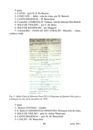3ª parte
      1- CANTO - pelo Sr. P. De Muzzio
      2- COMO NÓS - Idílio - solo de cítara, por M. Bartsch
      3- CANTO REGIONAL - M. Baracchini
      4- C.Larischi) - LEMBRANÇAS - Fantasia - solo de cítara por Max Bartsch
      5- SOLO DE VIOLINO - por F. De Biase
      6- SOLO DE BANDOLIM - por Maggiori
      7- A.Keistoffer) - DAMA DE MEU CORAÇÃO - Mazurka - cítara,
violino e violão




Fig. 3 - Rádio Clube de Ribeirão Preto P.R.A.I Programa do Quinteto Max para a
irradiação do dia 26 de dezembro de 1929.

     1ª parte
     1- .Hauser) FANTASIA - Ländler
     2- E. Back) O ASSORDAS DA PRIMAVERA- Romanza solo de cítara
     3- SOLO DE VIOLÃO - pelo Sr. Arthur Marsicano
     4- CANTO REGIONAL - pelo Sr. M. Baracchini
     5- CANÇÃO – M. Baracchini
                                    80                            Ictus 09-1
 