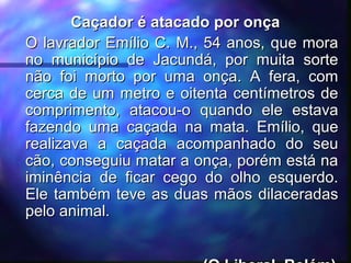 Caçador é atacado por onça
Caçador é atacado por onça
O lavrador Emílio C. M., 54 anos, que mora
O lavrador Emílio C. M., 54 anos, que mora
no município de Jacundá, por muita sorte
no município de Jacundá, por muita sorte
não foi morto por uma onça. A fera, com
não foi morto por uma onça. A fera, com
cerca de um metro e oitenta centímetros de
cerca de um metro e oitenta centímetros de
comprimento, atacou-o quando ele estava
comprimento, atacou-o quando ele estava
fazendo uma caçada na mata. Emílio, que
fazendo uma caçada na mata. Emílio, que
realizava a caçada acompanhado do seu
realizava a caçada acompanhado do seu
cão, conseguiu matar a onça, porém está na
cão, conseguiu matar a onça, porém está na
iminência de ficar cego do olho esquerdo.
iminência de ficar cego do olho esquerdo.
Ele também teve as duas mãos dilaceradas
Ele também teve as duas mãos dilaceradas
pelo animal.
pelo animal.
 