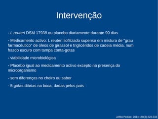 Intervenção 
- L reuteri DSM 17938 ou placebo diariamente durante 90 dias 
- Medicamento activo: L. reuteri liofilizado suspenso em mistura de "grau 
farmacêutico" de óleos de girassol e triglicéridos de cadeia média, num 
frasco escuro com tampa conta-gotas 
- viabilidade microbiológica 
- Placebo igual ao medicamento activo excepto na presença do 
microorganismo 
- sem diferenças no cheiro ou sabor 
- 5 gotas diárias na boca, dadas pelos pais 
JAMA Pediatr. 2014;168(3):228-233 
 