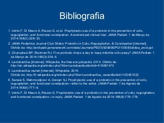 Bibliografia 
1. Indrio F, Di Mauro A, Riezzo G, et al. Prophylactic use of a probiotic in the prevention of colic, 
regurgitation, and functional constipation: A randomized clinical trial. JAMA Pediatr. 1 de Março de 
2014;168(3):228–33. 
2. JAMA Pediatrics Journal Club Slides: Probiotic in Colic, Regurgitation, & Constipation [Internet]. 
Obtido de: http://archpedi.jamanetwork.com/data/Journals/PEDS/929808/POI130083slidea_prod.ppt 
3. Chumpitazi BP, Shulman RJ. Five probiotic drops a day to keep infantile colic away? JAMA Pediatr. 1 
de Março de 2014;168(3):204–5. 
4. Lactobacillus [Internet]. Wikipedia, the free encyclopedia. 2014. Obtido de: 
http://en.wikipedia.org/w/index.php?title=Lactobacillus&oldid=619061470 
5. Lactobacillus reuteri [Internet]. Wikipédia. 2014. 
Obtido de: http://fr.wikipedia.org/w/index.php?title=Lactobacillus_reuteri&oldid=103491023 
6. Sanaie S, Mahmoodpoor A, Golzari SJ. Prophylactic use of a probiotic in the prevention of colic, 
regurgitation, and functional constipation—letter to the editor. JAMA Pediatr. 1 de Agosto de 
2014;168(8):777–8. 
7. Indrio F, Di Mauro A, Riezzo G. Prophylactic use of a probiotic in the prevention of colic, regurgitation, 
and functional constipation—in reply. JAMA Pediatr. 1 de Agosto de 2014;168(8):778–778. 
