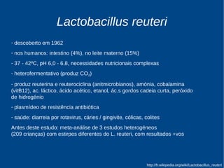 Lactobacillus reuteri 
- descoberto em 1962 
- nos humanos: intestino (4%), no leite materno (15%) 
- 37 - 42ºC, pH 6,0 - 6,8, necessidades nutricionais complexas 
- heterofermentativo (produz CO2) 
produz reuterina e reuterociclina (antimicrobianos), peróxido de hidrogénio, 
amónia, ác. láctico, ácido acético, etanol, ácidos gordos de cadeia curta, 
cobalamina (vitB12) 
- plasmídeo de resistência antibiótica 
- saúde: diarreia por rotavirus, cáries / gengivite, cólicas, colites 
Antes deste estudo: meta-análise de 3 estudos heterogéneos 
(209 crianças) com estirpes diferentes do L. reuteri, com resultados +vos 
http://fr.wikipedia.org/wiki/Lactobacillus_reuteri 
 