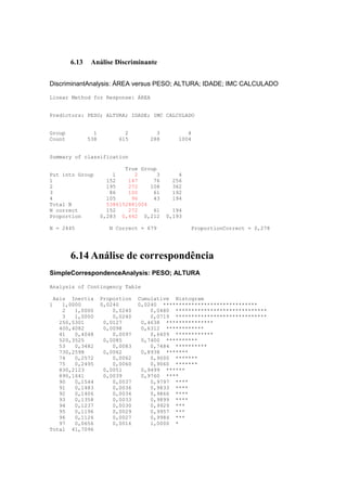 6.13    Análise Discriminante


DiscriminantAnalysis: ÁREA versus PESO; ALTURA; IDADE; IMC CALCULADO

Linear Method for Response: ÁREA


Predictors: PESO; ALTURA; IDADE; IMC CALCULADO


Group            1           2         3           4
Count          538         615       288        1004


Summary of classification

                             True Group
Put into Group           1      2       3      4
1                      152    147     76     256
2                      195    272    108     362
3                       86    100     61     192
4                      105     96     43     194
Total N                5386152881004
N correct              152    272     61      194
Proportion           0,283 0,442 0,212      0,193

N = 2445                N Correct = 679             ProportionCorrect = 0,278




        6.14 Análise de correspondência
SimpleCorrespondenceAnalysis: PESO; ALTURA

Analysis of Contingency Table

 Axis Inertia        Proportion   Cumulative Histogram
1   1,0000           0,0240       0,0240 ******************************
    2   1,0000           0,0240       0,0480 *****************************
    3   1,0000           0,0240       0,0719 *****************************
   250,5301           0,0127       0,4638 ***************
   400,4082           0,0098       0,6312 ************
   41   0,4048           0,0097       0,6409 ************
   520,3525           0,0085       0,7400 **********
   53   0,3482           0,0083       0,7484 **********
   730,2598           0,0062       0,8938 *******
   74   0,2572           0,0062       0,9000 *******
   75   0,2495           0,0060       0,9060 *******
   830,2123           0,0051       0,9499 ******
   890,1641           0,0039       0,9760 ****
   90   0,1544           0,0037       0,9797 ****
   91   0,1483           0,0036       0,9833 ****
   92   0,1406           0,0034       0,9866 ****
   93   0,1358           0,0033       0,9899 ****
   94   0,1237           0,0030       0,9929 ***
   95   0,1196           0,0029       0,9957 ***
   96   0,1126           0,0027       0,9984 ***
   97   0,0656           0,0016       1,0000 *
Total 41,7096
 
