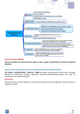 20
20
Gabarito da banca: ERRADO.
Acerca da auditoria de contas do ativo, julgue os itens a seguir, considerando as normas de auditoria
aplicáveis.
Assunto: Testes e procedimentos em áreas específicas das demonstrações contábeis
142. (CESPE – AUDITOR FISCAL – SEFAZ AL - 2020) Um auditor não pode concluir que houve a alienação
fictícia de um veículo para justificar suprimento fictício das disponibilidades apenas com base no
procedimento de exame documental.
Comentário:
Questão trata de uma das hipóteses de presunção de omissão de receita. Segundo a doutrina, temos as
seguintes situações:
 