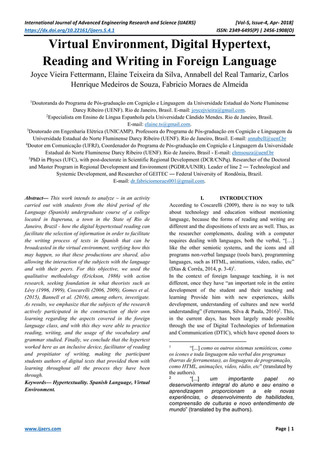 Virtual Environment, Digital Hypertext, Reading and Writing in Foreign