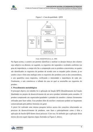 XXXIII ENCONTRO NACIONAL DE ENGENHARIA DE PRODUCAO
A Gestão dos Processos de Produção e as Parcerias Globais para o Desenvolvimento Sustentável dos Sistemas Produtivos
Salvador, BA, Brasil, 08 a 11 de outubro de 2013.
6
Figura 1 - Casa da qualidade - QFD
Fonte: ROZENFELD et. al., 2006
Na figura acima, o cenário um permite identificar e analisar os desejos básicos dos clientes
seja subjetivo ou abstrato, no segundo, os requisitos são separados e avaliados conforme seu
grau de importância, o campo três faz a comparação com os produtos concorrentes, no quatro
são identificados os requisitos do produto de acordo com os traçados pelos clientes, já no
cenário cinco é feita uma analogia entre os requisitos dos produtos com os dos consumidores,
o seis quantifica esses requisitos, verificando a intensidade e importância de cada um.
Finalmente, o sete constitui-se o telhado da casa no qual se assemelha aos requisitos do
produto.
3. Procedimentos metodológicos
O principal objetivo do trabalho foi à aplicação da função QFD (Desdobramento da Função
Qualidade) no projeto de desenvolvimento de um novo produto intitulado porta esmaltes. O
produto compreende um organizador/guardador e portador de esmaltes e demais ferramentas
utilizadas para fazer unhas. Esse produto além de auxiliar a manicures poderá ser largamente
comercializado pelo público feminino em geral.
Á priori foi realizado uma intensa pesquisa teórica acerca dos conceitos relacionados ao
processo de desenvolvimento de produtos, suas fases e principalmente como é feita a
aplicação da funcão QFD dentro desse processo. Com isso, foi definido que a aplicação dessa
técnica deveria seguir algumas etapas ilustradas na Figura 2, abaixo.
4
 