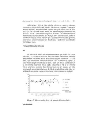 Disc. Scientia. Série: Ciências Naturais e Tecnológicas, S. Maria, v. 5 , n. 1, p. 31-49, 2004. 43
A Portaria n.° 518, de 2004, não faz referência a valores máximos
ou mínimos de condutividade elétrica. No entanto, segundo Chapman e
Kimstach (1998), a condutividade elétrica em águas doces varia de 10 a
1.000 S.cm-1
O valor médio obtido nas águas dos poços analisados foi
de 32,52 S.cm-1
com um desvio padrão de 15,82. Os valores mínimo e
máximo são, respectivamente, 6 e 90,9 S.cm-1
. Valores baixos, como os
obtidos em todos os poços, indicam que a água é desmineralizada, apresenta
baixíssimas concentrações de sais dissolvidos, e podem ser consideradas
como águas leves.
PARÂMETROS QUÍMICOS
pH
Os valores de pH encontrados demonstraram que 30,4% dos poços
tubulares, 31,5% dos escavados e 100% das fontes nascentes e vertentes
apresentaram resultados abaixo do estabelecido pela Portaria n.° 518, de
2004, que compreende o intervalo entre 6 e 9,5. Conforme a gura 7, o
valor médio de pH encontrado foi de 6,1 com um desvio padrão de 0,9.
O pH mínimo encontrado foi de 3,24 e o máximo de 7,8. O pH mínimo
foi de uma fonte nascente. Cabe lembrar que esse pH baixo é um fator
preocupante ao consumo humano devido à característica ácida. Já o pH
ácido pode ser devido a uma contaminação interna ou externa no local.
Figura 7. Valores médios do pH da água de diferentes fontes.
Alcalinidade
 