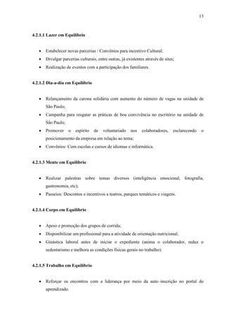 13
4.2.1.1 Lazer em Equilíbrio
 Estabelecer novas parcerias / Convênios para incentivo Cultural;
 Divulgar parcerias culturais, entre outras, já existentes através de sites;
 Realização de eventos com a participação dos familiares.
4.2.1.2 Dia-a-dia em Equilíbrio
 Relançamento da carona solidária com aumento do número de vagas na unidade de
São Paulo;
 Campanha para resgatar as práticas de boa convivência no escritório na unidade de
São Paulo;
 Promover o espírito de voluntariado nos colaboradores, esclarecendo o
posicionamento da empresa em relação ao tema;
 Convênios: Com escolas e cursos de idiomas e informática.
4.2.1.3 Mente em Equilíbrio
 Realizar palestras sobre temas diversos (inteligência emocional, fotografia,
gastronomia, etc);
 Passeios: Descontos e incentivos a teatros, parques temáticos e viagens.
4.2.1.4 Corpo em Equilíbrio
 Apoio e promoção dos grupos de corrida;
 Disponibilizar um profissional para a atividade de orientação nutricional;
 Ginástica laboral antes de iniciar o expediente (anima o colaborador, reduz o
sedentarismo e melhora as condições físicas gerais no trabalho).
4.2.1.5 Trabalho em Equilíbrio
 Reforçar os encontros com a liderança por meio da auto–inscrição no portal do
aprendizado.
 