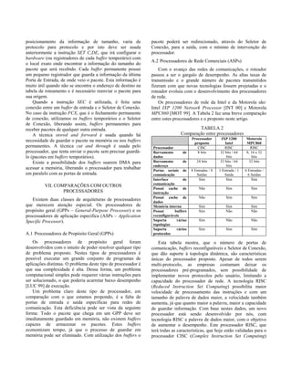 posicionamento da informação de tamanho, varia de
protocolo para protocolo e por isto deve ser usada
anteriormente a instrução SET C,DE, que irá configurar o
hardware (ou registradores de cada buffer temporário) com
o local exato onde encontrar a informação do tamanho do
pacote que será recebido. Cada buffer permanente possui
um pequeno registrador que guarda a informação da última
Porta de Entrada, de onde veio o pacote. Esta informação é
muito útil quando não se encontra o endereço de destino na
tabela de roteamento e é necessário reenviar o pacote para
sua origem.
Quando a instrução SEC é utilizada, é feita uma
conexão entre um buffer de entrada e o Seletor de Conexão.
No caso da instrução FCX, que é o fechamento permanente
de conexão, utilizamos os buffers temporários e o Seletor
de Conexão, liberando assim, buffers permanentes para
receber pacotes de qualquer outra entrada.
A técnica stored and forward é usada quando há
necessidade de guardar o pacote na memória ou nos buffers
permanentes. A técnica cut and through é usada pelo
processador, que tenta enviar o pacote sem precisar guardá-
lo (pacotes em buffers temporários).
Existe a possibilidade dos buffers usarem DMA para
acessar a memória, liberando o processador para trabalhar
em paralelo com as portas de entrada.
VII. COMPARAÇÕES COM OUTROS
PROCESSADORES
Existem duas classes de arquiteturas de processadores
que merecem atenção especial. Os processadores de
propósito geral (GPPs – General-Purpose Processor) e os
processadores de aplicação específica (ASPs – Application
Specific Processor).
A.1 Processadores de Propósito Geral (GPPs)
Os processadores de propósito geral foram
desenvolvidos com o intuito de poder resolver qualquer tipo
de problema proposto. Nestes tipos de processadores é
possível executar um grande conjunto de programas de
aplicações distintas. O problema deste tipo de processador é
que sua complexidade é alta. Dessa forma, um problema
computacional simples pode requerer várias instruções para
ser solucionado, o que poderia acarretar baixo desempenho
[LUC 99] de execução.
Um problema claro deste tipo de processador, em
comparação com o que estamos propondo, é a falta de
portas de entrada e saída específicas para redes de
comunicação. Esta deficiência pode ser vista da seguinte
forma: Todo o pacote que chega em um GPP deve ser
imediatamente guardado em memória, não existem buffers
capazes de armazenar os pacotes. Estes buffers
economizam tempo, já que o processo de guardar em
memória pode ser eliminado. Com utilização dos buffers o
pacote poderá ser redirecionado, através do Seletor de
Conexão, para a saída, com o mínimo de intervenção do
processador.
A.2 Processadores de Rede Comerciais (ASPs)
Com o avanço das redes de comunicações, o roteador
passou a ser o gargalo de desempenho. As altas taxas de
transmissão e o grande número de pacotes transmitidos
fizeram com que novas tecnologias fossem projetadas e o
roteador evoluiu com o desenvolvimento dos processadores
de rede.
Os processadores de rede da Intel e da Motorola são:
Intel IXP 1200 Network Processor [INT 00] e Motorola
MPC860 [MOT 99]. A Tabela 2 faz uma breve comparação
entre estes processadores e o proposto neste artigo.
TABELA 2
Comparação entre processadores
Processador
proposto
IXP 1200
Intel
Motorola
MPC860
Processador CISC RISC RISC
Barramento de
dados
8 bits 32 bits / 64
bits
8, 16 e 32
bits
Barramento de
endereço
24 bits 32 bits / 64
bits
32 bits
Portas seriais de
comunicação
8 Entradas / 8
Saídas
1 Entrada / 1
Saída
6 Entradas /
6 Saídas
Interface de
comunicação
Sim Sim Sim
Possui cache de
instrução
Não Sim Sim
Possui cache de
dados
Não Sim Sim
Memória interna Sim Sim Sim
Possui buffers
reconfiguráveis
Sim Não Não
Suporta várias
topologias
Sim Não Não
Suporta vários
protocolos
Sim Sim Sim
Esta tabela mostra, que o número de portas de
comunicação, buffers reconfiguráveis e Seletor de Conexão,
que dão suporte à topologia dinâmica, são características
únicas do processador proposto. Apesar de todos serem
multi-protocolo, as empresas costumam deixar os
processadores pré-programados, sem possibilidade de
implementar novos protocolos pelo usuário, limitando a
capacidade do processador de rede. A tecnologia RISC
(Reduced Instruction Set Computing) possibilita maior
velocidade de processamento das instruções e com um
tamanho de palavra de dados maior, a velocidade também
aumenta, já que quanto maior a palavra, maior a capacidade
de guardar informação. Com base nestes dados, um novo
processador está sendo desenvolvido por nós, com
tecnologia RISC e palavra de dados maior, com o objetivo
de aumentar o desempenho. Este processador RISC, que
terá todas as características, que hoje estão validadas para o
processador CISC (Complex Instruction Set Computing)
 