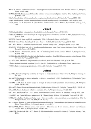 PORATH, Renatus. A adoração exclusiva a Javé no processo de inculturação em Israel. Estudos Bíblicos, 41, Petrópolis:
Vozes, p.13-17, 1994.
REIMER, Haroldo. Um eneateuco? Discussões histórico-sociais sobre uma hipótese literária. Ribla, 60, Petrópolis: Vozes,
p.145-157, 2008.
SILVA, Airton José da. A História de Israel na pesquisa atual. Estudos Bíblicos, 71, Petrópolis: Vozes, p.62-74, 2001.
SILVA, Airton José da. A origem dos antigos estados israelitas. Estudos Bíblicos, 78, Petrópolis: Vozes, p.18-31, 2003.
SILVA, Airton José da. O contexto da Obra Histórica Deuteronomista. Estudos Bíblicos, 88, Petrópolis: Vozes, p.11-27,
2005.
Josué
CARAVIAS, José Luís. Lutar pela terra. Estudos Bíblicos, 13, Petrópolis: Vozes, p.37-49, 1987.
CARDOSO PEREIRA, Nancy. Construção do “corpo” geopolítico e simbolismo – Josué 1-12. Ribla, 60, Petrópolis: Vozes,
p.15-30, 2008.
DREHER, Carlos A. Josué: modelo de conquistador? Ribla, 12, Petrópolis: Vozes, p.36-50, 1992.
DREHER, Carlos Arthur. A distribuição da terra – Josué 13-24. Ribla, 60, Petrópolis: Vozes, p.31-40, 2008.
GALLAZZI, Sandro. “Celebramos as justiças de Javé” (Livro de Josué). Ribla, 2, Petrópolis: Vozes, p.17-28, 1988.
GONZAGA DO PRADO, José Luiz. A invasão/ocupação da terra em Josué. Duas leituras diferentes. Estudos Bíblicos, 88,
Petrópolis: Vozes, p.28-36, 2005.
FARIAS, Narciso. Libertar a terra, salvar a vida – A libertação política da terra. Estudos Bíblicos, 19, Petrópolis: Vozes,
p.26-41, 1988.
REIMER, Haroldo; RIBEIRO, Osvaldo Luiz. De Siquém a Jerusalém – Josué 24,1-28 como narrativa mítico-literária. Ribla,
61, Petrópolis: Vozes, p.52-67, 2008.
REYNÉS, Jaime. A Bíblia dos conquistadores e dos vencidos. Ribla, 12, Petrópolis: Vozes, p.20-35, 1992.
VÁRIOS. Pesquisa preliminar sobre Raab (Js 2,-21; 6,17-25). Estudos Bíblicos, 29, Petrópolis: Vozes, p.40-53, 1991.
VÁRIOS. Raab: revelação do projeto. Estudos Bíblicos, 29, Petrópolis: Vozes, p.54-58, 1991.
Juízes
ALMADA, Samuel. Fazer justiça nos limites da anarquia – A profecia do livro dos Juízes. Ribla, 60, Petrópolis: Vozes, p.41-
56, 2008.
BALANCIN, Euclides M. A oliveira, a figueira, a videira e o espinheiro (Jz 9,7-15). Estudos Bíblicos, 78, Petrópolis: Vozes,
p.11-17, 2003.
FREITAS FARIA, Jacir de. Juízes: utopia ou invenção de uma sociedade igualitária? Estudos Bíblicos, 88, Petrópolis:
Vozes, p.37-45, 2005.
GALLAZZI, Sandro. Memória crítica da história de Gedeão. Estudos Bíblicos, 19, Petrópolis: Vozes, p.42-53, 1988. [Jz 6-9]
GALLAZZI, Sandro. E adoraram os baales e as astartes. Ribla, 50, Petrópolis: Vozes, p.214-221, 2005.
GALLAZZI, Ana Maria & GALLAZZI, Sandro. Templo x mulher. Estudos Bíblicos, 29, Petrópolis: Vozes, p.79-90, 1991.
LEANDRO, José Carlos. Débora e a saúde do povo de Yahweh. Estudos Bíblicos, 111, Petrópolis: Vozes, p.45-54, 2011.
MARIANO, Lília Dias. Profetisas no Antigo Israel – Entre um conselho e outro, interferindo no curso da história. Ribla, 60,
Petrópolis: Vozes, p.158-166, 2008. [Jz 4-5; 2Rs 22]
OTTERMANN, Mônica. As tribos de Israel e seus agentes de libertação. Os voluntários e os/as líderes das lutas no livro dos
Juízes. Estudos Bíblicos, 55, Petrópolis: Vozes, p.29-45, 1997.
OTTERMANN, Monika. Alianças com o poder opressor – Não só no caso de reis humanos... Juízes 9 e a Fábula das
Árvores. Ribla, 61, Petrópolis: Vozes, p.68-85, 2008.
RIZZANTE, Ana Maria & GALLAZZI, Sandro. E violentaram também sua memória. Ribla, 41, Petrópolis: Vozes, p.17-30,
2002.
9
 