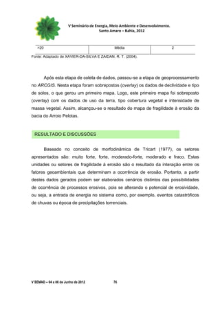 V Seminário de Energia, Meio Ambiente e Desenvolvimento.
                                        Santo Amaro – Bahia, 2012



   >20                                          Média                             2

Fonte: Adaptado de XAVIER-DA-SILVA E ZAIDAN, R. T. (2004).




         Após esta etapa de coleta de dados, passou-se a etapa de geoprocessamento
no ARCGIS. Nesta etapa foram sobrepostos (overlay) os dados de declividade e tipo
de solos, o que gerou um primeiro mapa. Logo, este primeiro mapa foi sobreposto
(overlay) com os dados de uso da terra, tipo cobertura vegetal e intensidade de
massa vegetal. Assim, alcançou-se o resultado do mapa de fragilidade à erosão da
bacia do Arroio Pelotas.



 RESULTADO E DISCUSSÕES


         Baseado no conceito de morfodinâmica de Tricart (1977), os setores
apresentados são: muito forte, forte, moderado-forte, moderado e fraco. Estas
unidades ou setores de fragilidade à erosão são o resultado da interação entre os
fatores geoambientais que determinam a ocorrência de erosão. Portanto, a partir
destes dados gerados podem ser elaborados cenários distintos das possibilidades
de ocorrência de processos erosivos, pois se alterando o potencial de erosividade,
ou seja, a entrada de energia no sistema como, por exemplo, eventos catastróficos
de chuvas ou época de precipitações torrenciais.




V SEMAD – 04 a 06 de Junho de 2012             76
 