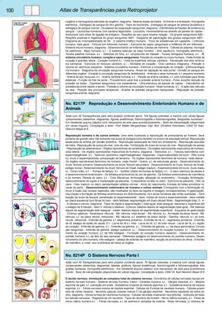 100 Atlas de Transparências para Retroprojetor 
oxigênio e hemoglobina saturada de oxigênio, diagrama - Medula óssea vermelha - Eritrócito e eritroblasto, micrografia 
eletrônica - Esfregaço de sangue de rã e galinha - Tipos de leucócitos - Esfregaço de sangue de pessoa leucêmica e 
esfregaço de sangue normal - Os passos da coagulação sanguínea, diagrama - Eletroforese de frações de proteína do 
sangue - Leucócitos humanos com bactéria fagocitada - Leucócito, movimentando-se através da parede do capilar - 
Anticorpos com sítios de ligação do antígeno - Reações de soro para mostrar relação - Os grupos sanguíneos AB0 - 
Reações positivas e negativas do grupo sanguíneo ABO - Diagrama de aglutinação dos grupos sanguíneos ABO - 
Diagrama de incompatibilidade de Rh - O sistema linfático humano - Troca de substâncias em capilares - Linfonodo 
humano, vista geral - Folículo em linfonodo humano - Estrutura de vasos sanguíneos e linfáticos de em linfonodo - 
Sistema imune humano, diagrama - Desenvolvimento de linfócitos. Células de memória - Células do plasma, microgra-fia 
eletrônica - Baço humano, s.t. - O sistema vascular de baço humano - Sino esplênico, micrografia eletrônica - 
Tonsila palatina humana, s.t. - Glândula do timo, s.t. corpúsculos de Hassall - Tonsila faringiana humana, s.t. - O 
sistema circulatório humano: coração e vasos sanguíneos. Posição do coração no corpo humano - Visão frontal de 
coração e grandes vasos - Coração humano s.l. - Vista da superfície valvular cardíaca - Transecção dos dois ventrícu-los 
cardíacos - Estrutura do músculo cardíaco, s.l. - Atividade do coração - Ciclo cardíaco. Diagrama - Pressão e 
volume do ventrículo esquerdo - Sistema circulatório humano - Estímulo e coordenação do coração - Eletrocardiogra-ma 
humano - Diagrama da circulação sanguínea humana - Áreas de captação da veia portal - Divisão do sangue em 
diferentes órgãos - Coração e circulação sanguínea de vertebrados - Artérias e veias humanas, s.t. pequeno aumento 
- Artéria do tipo muscular, s.t. - Artéria carótida humana, s.t. - Parede da artéria carótida, s.t. com coloração para fibras 
elásticas - Função de fole da aorta - Procedimento para tirar a pressão arterial humana - Pulso durante redução de 
pressão na bolsa - Capilares sanguíneos nos mesentérios - Ultra-estrutura da parede do capilar - Intercâmbio de 
substâncias entre capilar e tecido - Pressão e volume na circulação humana - Veias humanas, s.t. - A ação das válvulas 
da veia - Posição dos principais receptores - Analise de pressão sanguínea manipulada - Regulação da pressão 
sanguínea arterial, diagrama 
No. 8217P Reprodução e Desenvolvimento Embrionário Humano e de 
Animais 
Atlas com 30 Transparências para retro projetor contendo aprox. 104 figuras coloridas, a maioria com várias figuras 
componentes (desenhos, diagramas, figuras anatômicas, fotomicrografia e fotomacrografias, fotografias humanas) - 
Em resistente arquivo plástico com mecanismo de anel para acondicionamento - Texto de interpretação (disponíveis 
em várias línguas). Compilação e texto Prof. Walter Mergenthaler, Dipl. Biol. Christine Himmelein, OStD Dr. Karl- 
Heinrich Meyer B.S. 
Reprodução humana e de outros animais. Uma série ilustrando a reprodução de protozoários ao homem. Será 
portanto de grande valor não somente nas aulas de biologia como também no ensino de educação sexual. Reprodução 
assexuada de ameba por divisão amitótica - Reprodução assexuada de hidra por brotamento - Reprodução sexuada 
de hidra - Reprodução de ouriço-do-mar, ciclo de vida - Fertilização de óvulo de ouriço-do-mar - Reprodução de peixes 
- Reprodução de salamandras - Órgãos reprodutores de vertebrados - Os órgãos reprodutores masculinos de humano, 
vista lateral - Os órgãos reprodutores masculinos de humano, diagrama - Testículos, s.t. - Túbulos seminíferos com 
espermatogênese, s.t. - Testículo, epidídimo, espermatogênese, diagramas - Espermatozóides de touro - Pêlo huma-no, 
óvulo e espermatozóide; comparação de tamanho - Os órgãos reprodutores femininos de humano, visão lateral - 
Os órgãos reprodutores femininos de humano, visão frontal - Ovário, s.t. de estruturas gerais - Desenvolvimento do 
óvulo: folículo primário- Desenvolvimento do óvulo: folículo secundário - Desenvolvimento do óvulo: folículo de Graaf, 
estágio inicial - Desenvolvimento do óvulo: folículo de Graaf, estágio maduro - Desenvolvimento do óvulo: óvulo madu-ro 
- Corpo lúteo, s,t,. - Trompa de falópio, s.t. - Epitélio ciliado da trompa de falópio, s.t. - O saco vitelínico de peixes e 
o desenvolvimento embrionário - Os folhetos embrionários de ovo de galinha - Os folhetos embrionários de mamíferos 
e do homem- Parede do útero, s.t. - Ciclo Menstrual, fertilização, alteração do endométrio - Ovulação, fertilização, 
desenvolvimento do zigoto e implantação da placenta - Crescimento do feto no útero - Estrutura da placenta - Feto no 
útero - Feto maduro no útero, apresentação cefálica normal - Início do nascimento, Entrada da bolsa amniótica no 
canal de parto. - Desenvolvimento embrionário de humano e outros animais. Começando com a fertilização do 
óvulo e fusão dos núcleos haplóides, são mostrados os tipos de zigotos e clivagem correspondentes. A gastrulação, 
neurulação e formação de folhetos embrionários em Branchiostoma, rã e seres humanos são então ilustradas. - Ferti-lização 
de óvulo de Ascaris, penetração do espermatozóide - idem, núcleo de óvulo e espermatozóide - idem metáfa-se: 
placa equatorial com fibras do fuso - idem telófase: segmentação em duas células filhas - Segmentação total, 2-, 4- 
, 8-células e mórula, diagrama - Tipos de zigoto e segmentação I: total-igual, total-desigual, discoidal e superficial até 
o estágio de 8 células - idem II: mórula e blástula - Echinus: blástula depois de segmentação total-igual - Rã: blástula 
depois de segmentação total desigual - Inseto: blástula depois de segmentação superficial - Esquema de gastrulação 
- Echinus: gástrula - Amphioxus: nêurula. - Rã: nêurula, vista dorsal. - Rã: nêurula, s.t., formação da placa neural - Rã: 
nêurula, s.t. da placa neural, notocorda - Rã: nêurula, s.t. detalhes da placa neural - Galinha, nêurula, s.t. do tubo 
neural, notocorda - Embrião de galinha, s.l. segmentos primários - Embrião de rã, s.l., segmentos primários - Embrião 
de rã, estágio de botão da cauda. S.t. - Larva de rã s.l. med - Larva de rã, s.t. de tubo neural - Larva de rã, s.t. região 
do coração - Embrião de galinha, s.t. - Embrião de galinha, s.l. - Embrião de galinha, u.i. de disco germinativo. Circula-ção 
sanguínea - embrião de galinha, estágio posterior, s.l. - Desenvolvimento do coração humano, s.l. - Desenvolvi-mento 
do coração humano, s.t. de três estágios - Formação do coração humano, desenho - Desenvolvimento do 
pulmão humano, s.t. de feto de seis semanas - Diferentes estágios do desenvolvimento do pulmão humano- Desen-volvimento 
do olho humano, três estágios - cabeça de embrião de mamífero, secção de primórdios de olhos - Embrião 
de mamífero, s.l.med. com primórdios de todos os órgãos 
No. 8214P O Sistema Nervoso Parte I 
Atlas com 30 Transparências para retro projetor contendo aprox. 76 figuras coloridas, a maioria com várias figuras 
componentes (desenhos, diagramas, tabelas, gráficos, figuras anatômicas, fotomicrografia e fotomacrografias, foto-grafias 
humanas, micrografia eletrônica) - Em resistente arquivo plástico com mecanismo de anel para acondiciona-mento 
- Texto de interpretação (disponíveis em várias línguas). Compilação e texto: OStD Dr. Karl-Heinrich Meyer B.S 
O tecido nervoso. Introdução ao complexo total do sistema nervoso. Ocorrência de células nervosas típicas em 
sistema nervoso humano - Sistema nervoso humano, inteiro - Cerebelo humano, s.l. - Gânglio espinhal, s.t. - Medula 
espinhal de gato, s.t. coloração em prata - Substância cinzenta da medula espinhal, s.t. - Substância branca da medula 
espinhal, s.t. - Célula nervosa motora de medula espinhal - Células de Purkinje de cerebelo humano - Células pirami-dais 
de córtex cerebral - Neurônio pseudo unipolar (célula T) do gânglio espinhal - Neurônios bipolares da retina do 
olho, diagrama - Várias formas de neurônios humanos - Células nervosas mostrando neurofibrilas - Grânulos de Nissl 
em células nervosas - Diagrama de um neurônio - Tipos de neurônio de homem - Nervo ciático humano, s.t. - Feixe de 
nervo ciático humano s.t.. - Fibras nervosas, s.t. de axônios e camadas da medula - fibras nervosas, s.l.nódulos de 
 