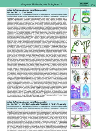 139 
PROGRAMA 
Programa Multimídia para Biologia No. 2 MULTIMEDIA 2 
Atlas de Transparências para Retroprojetor 
No. PCOM-T2. ZOOLOGIA 
Compreende mais de 172 imágens coloridas em 20 transparências para retroprojetor. O texto 
correspondente a cada um dos desenhos descreve com detalhes a preparação e o desenho. 
Protozoários - Amoeba proteus, u.i. - Amoeba proteus, alimentação, divisão. Desenho - Euglena, um flagelado verde u.i. 
- Radiolário, diversas espécies - Foraminífero, diversas espécies - Noctiluca miliaris, - Ceratium, dinoflagelado, diversas 
espécies, u.i. - Trypanosoma cruzi, doença de Chagas, l.s. de músculo de coração - Tripanosoma gambiense agente 
causador da doença do sono, amostra de sangue - Plasmodium falciparum, parasita da malária, amostra de sangue - 
Plasmodium malariae, trofozoíto - Plasmodium vivax, meront maduro, - Plasmodium berghei, esfregaço de sangue - 
Plasmodium sp., oocistos e esporocistos - Plasmodium sp., esporozoítos - Vorticella, um ciliado rastejante - Paramaecium 
(Paramécio), ciliado, anatomia, desenho - Paramaecium, microfotografia de um espécime vivo - Paramaecium, macro- e 
micronúcleo colorido - Paramaecium, coloração para vacúolos digestivos - Paramaecium, coloração para estrutura da 
superfície - Paramaecium, coloração em prata para sistema nervosa simple (neurofibrilas) - Paramaecium, com tricocistos 
- Paramaecium, em fissão binária. - Paramaecium, em conjugação. - Poríferos e Celenterados: - Spongilla, esponja de 
água fresca, s.t. - Sycon, espículos calcário u.i. - Euspongia, esponja comercial - Hidra, anatomia e reprodução, desenho 
- Hidra com broto, u.i., reprodução assexuada - Hidra, um pólipo de água fresca - Obélia hidróide, colônia com hidrantes 
e gônadas, u.i. - Obélia medusa, peixe gelatinoso, u.i. - Aurélia, ephyra u.i. - Actínia (Metridium, anêmona do mar, s.t. - 
Platelmintos, Nematódeos, Anelídos (Vermes) - Planária, espécime interior - Planária, s.t. - Fascíola hepática, fascíola 
de fígado de boi, espécime interior - Fascíola, ovo u.i. - Fascíola, miracídio u.i., larva de ciliado infectivo - Fascíola, s.t. de 
fígado de caracol infetado com esporocistos e rédia - Fasciola, s.t. de corpo - Taenia saginata, proglote maduro colorido 
e montagem plana. - Taenia saginata, proglote s.t. - Moniezia, solitária, escólex com proglótides u.i. - Echinococcus 
granulosus, solitária do cão, espécime adulto com escólex e proglótides, - Ascaris lumbricoides, nematelminto, s.t. de 
fêmea e de macho - Ascaris, nematelminto, desenho esquemático colorido - Enterobius vermicularis (Oxyuris), u.i. - 
Trichinella spiralis, corte de músculo infectado com larva encistada - Trichinella spiralis, pedaço aplainado de músculo 
infestado - Lumbricus, minhoca, s.t. típica, desenho esquemático colorido - Lumbricus, s.t. típica da parte traseira do 
clitelo para estudo geral - Lumbricus, s.t. com ovários - Lumbricus, s.t. com testículos - Lumbricus, terminação anterior 1.- 
9. segmento, s.l. - Lumbricus, 10.-15. segmento, s.l. - Lumbricus, 16.-23. segmento, s.l. - Crustáceos - Daphnia, peque-nos 
crustáceos, desenho esquemático - Ciclops, pequenos crustáceos anatomia, - desenho esquemático colorido - 
Daphnia, pulga da água, espécime vivo - Artemia salina, camarão do mar, estágios de desenvolvimento - Aracnídeos - 
Aranha, espécime jovem inteiro - Aranha, partes bucales con pedipalpos - Aranha, pernas para mostrar as cerdas - 
Aranha, terminação posterior do abdômen mostrando o órgão reprodutor de fio (fiandeira) - Aranha, sagital s.l. do abdô-men 
- Insectos - Mosca doméstica, cabeça com partes da boca, u.i. - Mosca doméstica, partes da boca, u.i. e s.t. 
desenhos - Apis mellifica, abelha de mel, partes da boca, u.i. - Apis mellifica, partes da boca, desenho - Mosca domésti-ca, 
tubo de sucção, microfotografia eletrônica - Blatta, barata, anatomia e visão geral do corpo do inseto, desenho - 
Blatta, partes da boca de um herbívoro u.i. - Blatta, cabeça e partes da boca, desenho - Blatta, fêmea adulta, vista dorsal, 
órgãos reprodutivos macho e fêmea, desenho - Pieris, borboleta, antena clava - Bombyx mori, bicho da seda, antena 
plumária - Melolontha, besouro, antena folheada - Pieris, borboleta, partes da boca com tubo de sucção - Mosca domés-tica, 
estrutura das pernas, desenho - Mosca doméstica, pernas com pulvilo - Apis mellifica, abelha de mel, estrutura das 
pernas, desenho - Apis, pernas traseiras coletoras de pólen - Apis, perna dianteira com antena limpadora e escova de 
pólen - Melolontha, besuro, perna - Apis, asas dianteira e traseiras - Mosca doméstica, asas com cordões, - Spiracle 
(estigma) de inseto, vista superficial e corte, desenho - Spiracle (estigma) de inseto, u.i. - Asas da borboleta, arranjo de 
camadas, desenho - Pieris, borboleta, asas mostrando o arranjo de camadas u.i. - Traquéia de inseto, desenho - Traquéia 
de inseto, mostrando linhas espirais elásticas, u.i. - Periplaneta, barata, as superior quitinosa e inferior membranosa - 
Brânquias traqueais, u.i. da efeméride ninfa - Olhos compostos de um inseto, desenho - Cabeça com cérebro e olhos de 
um inseto s.t., desenho - Olhos compostos, através da cabeça de abelhas de mel - Córnea, isolada dos olhos mostrado 
suas facetas - Olhos compostos da Melolontha, mostrando o olho sobreposto do inseto s.l. - Gafanhoto, testículos s.t. 
espermatogênese - Ferrão da abelha de mel, anatomia e função, desenho - Ferrão e saco de veneno da abelha de mel, 
u.i. - Apis mellifica, abelha de mel, s.t. do abdômen do zangão mostrando os testículos - Apis mellifica, s.t. de abdômen da 
rainha mostrando os ovários - Anopheles, mosquito da malária, fêmea adulta - Anopheles, cabeça e partes da boca da 
fêmea e de macho, u.i. - Culex, mosquito comum, fêmea adulto, u.i - Culex, cabeça e partes da boca da fêmea e de 
macho u.i. - Pulga, anatomia e estrutura, desenho - Ctenocephalus canis, pulga de cachorro, macho adulto u.i. - Pulex 
irritans, pulga do humano, fêmea adulta e macho adulto u.i. - Pediculus humanus, piolho u.i. - Cimex lectularius, percevejo 
u.i. - Moluscos - Octopus, molusco, s.t. do tubo de sucção - Mya arenaria, marisco, s.t. e s.l. mostrando o epitélio ciliado 
- Alloteuthis, calamar, espécime jovem inteiro - Alloteuthis, anatomia e visão geral do corpo, desenho - Hélix pomatia, 
caracol, glândula hermafrodita (ovotestísculo), s.t. - Caracol, anatomia do corpo, desenho - Mexilhão, anatomia do corpo, 
desenho - Equinodermos - Echinus, ouriço-do-mar, reprodução, desenho gráfico colorido - Asterias, s.l. horizontal com 
órgãos, desenho gráfico coloridos - Asterias, sagital s.l. com órgãos, desenho gráfico colorido - Echinus, ouriço do mar, 
embriologia, ovo fertilizado, 2-, 4-, 8-celulas, mórula, blástula, gástrula e larva pluteus - Asterias, estrella do mar, braço 
s.t. para estudo geral - Asterias, brazo (rayo), diagrama - Acrania - Branchiostoma lanceolatum (Amphioxus), desenho 
colorido - Branchiostoma, s.t. típica para estudo geral - Peixes - Scyllium, cação, região da cabeça e guelras s.t. - 
Cyprinus, carpa, esfregaço de sangue - Peixe de água fresca, região abdominal s.t. - Escamas de peixe, escamas 
ciclóides, ctenóides e placóides u.i. - Anfíbios - Rana, sapo, esfregaço de sangue de rã - Rana, pulmão s.t. - Rana, 
intestino delgado (duodeno) s.t. - Rana, rim, corpúsculos Malpighian s.t. - Rana, testículos mostrando espermatogênese 
s.t. - Rana, ovário com ovos s.t. - Rana, pele com glândulas, s.l. vertical - Répteis - Lacerta, lagarto, pele com escamas, 
s.l. - Lacerta, pulmões, s.t. - Aves - Gallus, galinha, esfregaço de sangue - Gallus, pulmões, s.t. - Pena de Pássaro, 
construção e função, desenho - Pena de Pássaro: asas e parte inferior u.i. 
Atlas de Transparências para Retroprojetor 
No. PCOM-T3. BOTÂNICA (FANERÓGAMAS E CRIPTÓGAMAS) 
Compreende mais de 134 imágens coloridas em 20 transparências para retroprojetor. O texto 
correspondente a cada um dos desenhos descreve com detalhes a preparação e o desenho. 
Fanerógamas, Tecidos - Grãos de amido, s.t. tubérculo de batata (Solanum tuberosum) - Grãos de amido isolados, luz 
polarizada - Cristais de oxalato de cálcio u.i. de camadas de Allium - Palisade sclereids, s.t. de sêmen de feijão (Phaseolus) 
- Células pétreas, s.t. da polpa da fruta de pereira (Pyrus) - Citrus, limão, fruta jovem s.t. - Acido tânico, s.t.do talo e casca 
de Rosa - Extremidades da raiz com pêlos radiculares - Fanerógamas, Raízes - Zea mays, milho, raiz s.t., raiz de 
monocotiledônea - Zea mays, milho, raiz s.t., raiz, desenho - Convallaria, lírio do vale, s.t. da raiz mostrando a endoderme, 
periciclo, floema, xilema - Dendrobium, orquídea, raiz aérea com membrana s.t. - Smilax, esmílace, s.t. da raiz com 
endoderme espessada - Salix, salgueiro, s.l. de raiz mostrando origem de raízes laterais - Ranunculus, ranúnculo, s.t. de 
uma raiz de dicotiledônea típica - Ranunculus, s.t. de raiz, desenho - Ranunculus, s.t. cilindro central da raiz. - Lupinus, 
nódulos de raiz com nitrogênio que fixa bactérias (Rhizobium) s.t. - Alnus, amieiro, nódulos de raiz com actinomicetes 
simbiônticos (Estreptomices) s.t. - Neottia nidus avis, orquídea, raiz com micorriza endotrófica, s.l. - Fanerógamas, 
Caules - Zea mays, talo típico de monocotiledônea com feixes dispersos s.t. - Zea mays, talo desenho - Pinus, talo mais 
velho com anéis anuais, dutos de resina s.t. - Triticum, trigo, s.t. talo de uma planta de gramíneos - Convallaria, lírio do 
vale, rizoma s.t., feixe vascular concêntrico com xilema externa - Helianthus, girassol, talo típico de dicotiledônea herbá-ceo, 
s.t. - Helianthus, girassol, talo, desenho - Cucurbita, abóbora, s.l. de talo com tubos perfurados e feixes vasculares - 
Cucurbita, abóbora, s.l. de talo com detalhe de feixes vasculares, desenho - Aristolochia, talo de um ano, s.t. - Aristolochia, 
talo mais velho, s.t. - Cuscuta, cuscuta, s.t. através do talo de hospedeiro mostrando o haustório do parasita - Sambucus, 
 
