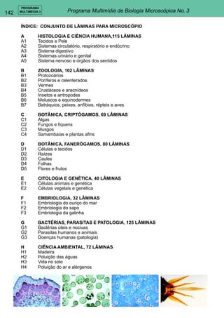 142 
PROGRAMA 
MULTIMEDIA 3 Programa Multimídia de Biologia Microscópica No. 3 
ÍNDICE: CONJUNTO DE LÂMINAS PARA MICROSCÓPIO 
A HISTOLOGIA E CIÊNCIA HUMANA,115 LÂMINAS 
A1 Tecidos e Pele 
A2 Sistemas circulatório, respiratório e endócrino 
A3 Sistema digestivo 
A4 Sistemas urinário e genital 
A5 Sistema nervoso e órgãos dos sentidos 
B ZOOLOGIA, 102 LÂMINAS 
B1 Protozoários 
B2 Poríferos e celenterados 
B3 Vermes 
B4 Crustáceos e aracnídeos 
B5 Insetos e antropodes 
B6 Moluscos e equinodermes 
B7 Batráquios, peixes, anfíbios, répteis e aves 
C BOTÂNICA, CRIPTÓGAMOS, 69 LÂMINAS 
C1 Algas 
C2 Fungos e líquens 
C3 Musgos 
C4 Samambaias e plantas afins 
D BOTÂNICA, FANERÓGAMOS, 80 LÂMINAS 
D1 Células e tecidos 
D2 Raízes 
D3 Caules 
D4 Folhas 
D5 Flores e frutos 
E CITOLOGIA E GENÉTICA, 40 LÂMINAS 
E1 Células animais e genética 
E2 Células vegetais e genética 
F EMBRIOLOGIA, 32 LÂMINAS 
F1 Embriologia do ouriço do mar 
F2 Embriologia do sapo 
F3 Embriologia da galinha 
G BACTÉRIAS, PARASITAS E PATOLOGIA, 125 LÂMINAS 
G1 Bactérias úteis e nocivas 
G2 Parasitas humanos e animais 
G3 Doenças humanas (patologia) 
H CIÊNCIA AMBIENTAL, 72 LÂMINAS 
H1 Madeira 
H2 Poluição das águas 
H3 Vida no solo 
H4 Poluição do ar e alérgenos 
 