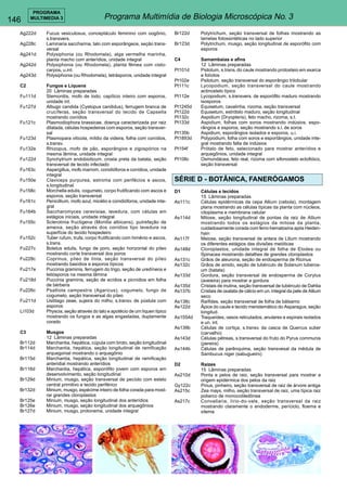 146 
PROGRAMA 
MULTIMEDIA 3 Programa Multimídia de Biologia Microscópica No. 3 
Ag222d Fucus vesiculosus, conceptáculo feminino com oogônio, 
s.transvers. 
Ag228c Laminaria saccharina, talo com esporângeos, seção trans-versal 
Ag241d Polysiphonia (ou Rhodomela), alga vermelha marinha, 
planta macho com anterídios, unidade integral 
Ag242d Polysiphonia (ou Rhodomela), planta fêmea com cisto-carpos, 
u.int. 
Ag243d Polysiphonia (ou Rhodomela), tetrásporos, unidade integral 
C2 Fungos e Líquens 
20 Lâminas preparadas 
Fu111d Stemonitis, mofo de lodo, capílicio inteiro com esporos, 
unidade int. 
Fu127d Albugo candida (Cystopus candidus), ferrugem branca de 
crucíferas, seção transversal do tecido de Capsella 
mostrando conídios 
Fu121c Plasmodiophora brassicae, doença caracterizada por raiz 
dilatada, células hospedeiras com esporos, seção transver-sal 
Fu123d Plasmopara viticola, míldio da videira, folha com conídios, 
s.transv. 
Fu132e Rhizopus, mofo de pão, esporângios e zigospórios na 
mesma lâmina, unidade integral 
Fu122d Synchytrium endobioticum, crosta preta da batata, seção 
transversal de tecido infectado 
Fu163c Aspergillus, mofo marrom, conidióforos e conídios, unidade 
integral 
Fu150e Claviceps purpurea, estroma com perifécios e ascos, 
s.longitudinal 
Fu158c Morchella edulis, cogumelo, corpo frutificando com ascos e 
esporos, seção transversal 
Fu161c Penicillium, mofo azul, micélio e conidióforos, unidade inte-gral 
Fu164b Saccharomyces cerevisiae, levedura, com células em 
estágios iniciais, unidade integral 
Fu155c Sclerotinia fructigena (Monilla albicans), putrefação de 
ameixa, seção através dos conídios tipo levedura na 
superfície do tecido hospedeiro 
Fu152c Tuber rufum, trufa, corpo frutificando com himênio e ascos, 
s.trans. 
Fu227c Boletus edulis, fungo de poro, seção horizontal do píleo 
mostrando corte transversal dos poros 
Fu228c Coprinus, píleo de tinta, seção transversal do píleo 
mostrando basídios e esporos típicos 
Fu217e Puccinia graminis, ferrugem do trigo, seção de uredíneos e 
teliósporos na mesma lâmina 
Fu218d Puccinia graminis, seção de ecídios e picnídios em folha 
de bérberis 
Fu226c Psalliota campestris (Agaricus), cogumelo, fungo de 
cogumelo, seção transversal do píleo 
Fu211d Usitilago zeae, sujeira do milho, s.transv. de pústula com 
esporos 
Li103d Physcia, seção através do talo e apotécio de um líquen típico 
mostrando os fungos e as algas engastadas, duplamente 
corado 
C3 Musgos 
12 Lâminas preparadas 
Br112d Marchantia, hepática, cúpula com broto, seção longitudinal 
Br114d Marchantia, hepática, seção longitudinal de ramificação 
arquegonial mostrando o arquegônio 
Br115d Marchantia, hepática, seção longitudinal de ramificação 
anteridial mostrando anterídios 
Br116d Marchantia, hepática, esporófito jovem com esporos em 
desenvolvimento, seção longitudinal 
Br129d Minium, musgo, seção transversal de pecíolo com estelo 
central primitivo e tecido periférico 
Br132d Minium, musgo, espécime inteiro de folha corada para most-rar 
grandes cloroplastos 
Br125e Minium, musgo, seção longitudinal dos anterídios 
Br126e Minium, musgo, seção longitudinal dos arquegônios 
Br127d Minium, musgo, protonema, unidade integral 
Br122d Polytrichum, seção transversal de folhas mostrando as 
lamelas fotossintéticas no lado superior 
Br123d Polytrichum, musgo, seção longitudinal de esporófito com 
esporos 
C4 Samambaias e afins 
12 Lâminas preparadas 
Pt101d Psilotum, s.trans. do caule mostrando protosteio em exarca 
e folíolos 
Pt102e Psilotum, seção transversal do esporângio trilobular 
Pt111c Lycopodium, seção transversal do caule mostrando 
actinostelo típico 
Pt112e Lycopodium, s.transvers. de esporófilo maduro mostrando 
isosporos 
Pt1245d Equisetum, cavalinha, rizoma, seção transversal 
Pt122d Equisetum, estróbilo maduro, seção longitudinal 
Pt132c Aspidium (Dryopteris), feto macho, rizoma, s.t. 
Pt133d Aspidium, folhas com soros mostrando indúsios, espo-rângios 
e esporos, seção mostrando s.l. de soros 
Pt135b Aspidium, esporângios isolados e esporos, u.i. 
Pt1893d Polypodium, folha com soros e esportângios, unidade inte-gral 
mostrando falta de indúsios 
Pt154f Prótalo de feto, selecionado para mostrar anterídios e 
arquegônios, unidade integral 
Pt108c Osmundácea, feto real, rizoma com sifonostelo ectofióico, 
seção transversal 
SÉRIE D - BOTÂNICA, FANERÓGAMOS 
D1 Células e tecidos 
15 Lâminas preparadas 
As111c Células epidérmicas da cepa Allium (cebola), montagem 
plana mostrando as células típicas da planta com núcleos, 
citoplasma e membrana celular 
As114d Mitose, seção longitudinal de pontas da raiz de Allium 
mostrando todos os estágios da mitose da planta, 
cuidadosamente corada com ferro-hematoxina após Heiden-hain 
As117f Meiose, seção transversal de antera de Lilium mostrando 
os diferentes estágios das divisões meióticas 
As148d Cloroplastos, unidade integral de folha de Elodea ou 
Spinacea mostrando detalhes de grandes cloroplastos 
As131c Grãos de aleurona, seção de endosperma de Ricinus 
As132c Grãos de amido, seção de tubérculo de Solanum tuberos-um 
(batata) 
As133d Gordura, seção transversal de endosperma de Corylus 
(aveieira) para mostrar a gordura 
As135d Cristais de inulina, seção transversal de tubérculo de Dahlia 
As137b Cristais de oxalata de cálcio em un. integral da pele de Allium 
seco 
As138c Raífides, seção transversal de folha de bálsamo 
As122d Ápice do caule e tecido meristemático do Asparagus, seção 
longitud. 
As1554d Traqueídes, vasos reticulados, anulares e espirais isolados 
e un. int. 
As139b Células de cortiça, s.transv. da casca de Quercus suber 
(carvalho) 
As143d Células pétreas, s.transversal do fruto do Pyrus communis 
(pereira) 
As144b Células de parênquima, seção transvesal da mêdula de 
Sambucus niger (sabugueiro) 
D2 Raízes 
15 Lâminas preparadas 
As210d Ponta e pelos de raiz, seção transversal para mostrar a 
origem epidérmica dos pelos da raiz 
Gy122c Pinus, pinheiro, seção transversal de raiz de árvore antiga 
As215c Zea mays, milho, seção transversal de raiz, uma típica raiz 
poliarco de monocotiledônea 
As217c Convallaria, lírio-do-vale, seção transversal da raiz 
mostrando claramente o endoderme, períciclo, floema e 
xilema 
 