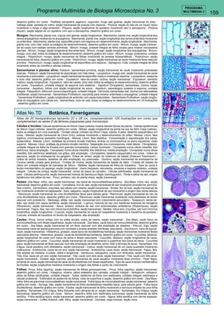 159 
PROGRAMA 
Programa Multimídia de Biologia Microscópica No. 3 MULTIMEDIA 3 
desenho gráfico em cores - Psalliota campestris (agárico), cogumelo, fungo das guelras, seção transversal do píleo - 
Ustilago zeae, parasita do milho, seção transversal de pústula com esporos - Physcia, seção do talo de um líquen típico 
mostrando o fungo e alga embutida - Physcia, seção longitudinal de apotécio mostrando asci e ascosporos - Physcia 
(líquen), seção sagital de um apotécio com asci e ascosporos, desenho gráfico em cores 
Musgos: Marchantia, planta viva, cúpula com gemas, seção longitudinal - Marchantia, planta viva, seção longitudinal dos 
ramos arquegônios mostrando os arquegônios - Marchantia, planta viva, seção longitudinal dos ramos anterídios mostrando 
os anterídios - Marchantia, planta viva, esporófito jovem com esporos em desenvolvimento, seção longitudinal - Marchantia, 
planta viva, ciclo vital, todos os estágios de desenvolvimento, desenho gráfico em cores - Mnium, musgo, seção transver-sal 
do caule com estelas centrais primitivas - Mnium, musgo, unidade integral de folha corada para mostrar cloroplastos 
grandes - Mnium, musgo, seção longitudinal dos anterídios - Mnium, musgo, seção longitudinal dos arquegônios - Mnium, 
musgo, ciclo vital, todos os estágios de desenvolvimento, desenho gráfico em cores - Mnium, musgo, protonema, unidade 
integral - Polytrichum, musgo, seção transversal de folhas mostrando as lamelas fotossintéticas - Polytrichum. seção 
transversal de folha, desenho gráfico em cores - Polytrichum, musgo, seção transversal de caule mostrando feixe vascular 
primitivo - Polytrichum, musgo, seção longitudinal de esporófitos com esporos - Sphagnum, trufa, unidade integral de folha 
mostrando anéis de clorofila e células hialinas 
Samambaias e plantas afins: Psilotum, samambaia primitiva, seção transversal de caule mostrando protostelas 
exarcas - Psilotum, seção transversal de esporângio com três lobos - Lycopodium, musgo reto, seção transversal de caule 
mostrando a actinostela - Lycopodium, seção transversal de esporófilo maduro mostrando isoporos - Lycopodium, anatomia 
e ciclo vital, desenho gráfico em cores - Equisetum, rabo-de-cavalo, rizoma, seção transversal - Equisetum, estróbilo 
maduro, seção longitudinal - Equisetum, rabo-de-cavalo, ciclo vital, todos os estágios do desenvolvimento, desenho gráfico 
em cores - Equisetum, unidade integral de esporos com elatérios - Aspidium (Dryopteris), samambaia, rizoma, seção 
transversal - Aspidium, folhas com seção longitudinal de soros - Aspidium, esporângios isolados e esporos, unidade 
integral - Polypodium, folha com soros e esporângios, unidade integral - Osmunda, samambaia real, rizoma com sifonostelas 
ectoflóicas, seção transversal - Samambaia Prothallium, escolhida para mostrar arterídeas e arquegônia, unidade integral 
- Samambaia Prothallium, seção longitudinal de anterídio com espermatozóides - Samambaia Prothallium, seção longitu-dinal 
do arquegônio com célula ovo - Samambaia, ciclo de vida, todos os estágios do desenvolvimento em 19 ilustrações 
, desenho grafico em cores. 
Atlas No. TD Botânica, Fanerógamas 
Atlas de 20 transparências tamanho 22 x 28 cm, compreendendo 126 ilustrações em cores que 
complementam as séries D de lâminas preparadas para microscópio 
Células e tecidos: Células epidérmicas de Allium Cepa (cebola) mostra células típicas da planta - Células epidérmicas 
de Allium Cepa (cebola), desenho gráfico em cores - Mitose: seção longitudinal da ponta da raiz da Allim Cepa (cebola), 
todos os estágios em uma ilustração - Divisão celular (mitose) da Allium Cepa, cebola, 8 ases, desenho esquemático em 
cores - Meiose, seção transversal de Lilium (lírio), anteras mostrando o desenvolvimento do pólen Meiose: Lilium, fase 
zigótica, cromossomos pareados homólogos - Meiose: Lilium, fase diplótica. Concentração e espiralização dos pares, 
quiasmática - Meiose: Lilium, metáfase da primeira divisão meiótica, arranjo os cromossomos no plano equatorial, visão 
superior - Meiose: Lilium, anáfase da primeira divisão meiótica. Separação dos cromossomos, visão lateral - Cloroplastos, 
unidade integral da folha da Elodea com grandes cloroplastos, campo iluminado - Cloroplasto numa célula mesófila, foto 
eletrônica, baixa ampliação - Cloroplasto numa célula mesófila, foto eletrônica, média ampliação - Cloroplasto numa célula 
mesófila, foto eletrônica detalhada nos grãos, alta ampliação - Cloroplastos, desenho esquemático em cores - Grãos de 
aleurona, seção do endosperma do gergelim, Grãos de amido, seção do tubérculo da batata (Solanum Tuberosum) - 
Grãos de amido isolados, detalhes de alta ampliação, luz polarizada - Gordura, seção transversal de endosperma da 
Corylus (avelã) corada para gordura - Cristais de inulina, seção transversal da batata de dália - Cristais de oxalato de 
cálcio em unidade integral de camadas de Allium - Rafides, seção transversal de folha de Impatiens - Topo do caule e 
tecido meristemático do aspargo, seção longitudinal - Vasos traqueais, reticulados, anulares e espirais isolados, unidade 
integral - Células da cortiça, seção transversal, córtex da casca do carvalho - Células petrificadas, seção transversal da 
pera - Células perênquuima, seção transversal medula da Sambucus Niger (sambugueiro) - Ponta e pêlos da raiz, origem 
epidérmica dos pêlos da raiz - Pinus, pinheiro, raiz de planta idosa, seção transversal 
Raizes: Zea Mays, milho, raiz, seção transversal, raiz típica de monocotiledônea poliarco - Zea Mays, milho, raiz, seção 
transversal, desenho gráfico em cores - Convallaria, lírio do vale, seção transversal de raiz mostrando endoderme, períciclo, 
líber e lenho - Dendrobium, orquídea, raiz aérea com velame, seção transversal - Smilax, flor do lodo, seção transversal de 
raiz mostrando endoderme espessada - Salix, salgueiro, seção longitudinal de raiz mostrando a origem das raízes laterais 
- Ranúnculo, seção transversal de uma dicotiledônea típica para estudo geral - Ranúnculo, seção transversal de raiz de 
uma dicotiledônea típica, desenho gráfico em cores - Ranúnculo, seção transversal mostrando vista detalhada de tecido 
vascular com protolenho - Medicago, alfafa, raiz, seção transversal com crescimento secundário - Taraxacum, dente-de-leão, 
raiz chata com vasos lactíferos, seção transversal - Lupinus, nódulos de raiz com bactérias fixadoras de nitrogênio 
(Rhizobium), seção transversal - Alnus, amieiro, nódulos de raiz com actinomicetes simbióticos (Strptomyces), seção 
transversal - Fagus, faia, raiz com micorriza ectotrófica, seção transversal - Neottia, nidus avis, orquídea, raiz com micirriza 
endotrófica, seção longitudinal - Cuscuta, seção transversal do caule de hospedeira mostrando a haustória da parasita - 
Cuscuta, entrada da haustória no tecido da hospedeira, alta ampliação 
Caules: Pinus, tronco antigo com os anéis anuais, dutos de resina, seção transversal - Zea Mays, caule típico de 
monocotiledônea com feixes espalhados, seção transversal - Zea Mays, caule típico de monocotiledônea, desenho gráfico 
em cores - Zea Mays, seção transversal de um feixe vascular com alta ampliação de detalhes - Triticum, trigo, seção 
transversal caule de planta gramínea com cavidade e arranjo anelado dos feixes vasculares - Saccharum, cana de açucar, 
caule, seção transversal - Helianthus, girassol, caule típico de dicotiledônea herbácea, seção transversal mostrando feixes 
vasculares abertos - Helianthus, girassol, caule de dicotiledônea herbácea, desenho gráfico em cores - Cucurbita, abóbora, 
seção longitudinal de caule com tubos de seiva e feixes vasculares - Cucurbita, abóbora, seção longitudinal de caule, 
desenho gráfico em cores - Cucurbita, seção transversal de caule mostrando a superfície dos tubos de seiva - Cucurbita 
pepo, seção transversal de feixe vascular com alta ampliaçào de detalhes: lenho, líber e lâminas de seiva - Nymphaea, lírio 
d’água, caule aquático com idioblastos, seção transversal - Coleus, seção transversal de um caule quadrado mostrando 
colênquima - Aristolochia, caule de um ano, seção transversal - Aristolochia, caule idoso, seção transversal - Fagus, faia, 
três seções de madeira: cruzada, radial e tangencial - Sambucus, sabugueiro, caule com lenticelas, seção transversal - 
Tilia, lima, caule de um ano, seção transversal - Tilia, caule com dois anos, seção transversal - Tilia, caule com três anos, 
seção transversal - Elodea, alga marinha, seção transversal de caule aquático mostrando feixe primitivo - Piper Nigra, 
pimenta-do-reino, seção transversal de caule de dicotiledônea com feixes espalhados - Topo de caule e tecido meristemático 
da Elodea, seção longitudinal mediana mostrando a origem das folhas e ponto de crescimento 
Folhas: Pinus, folha (agulha), seção transversal de folhas gimnospermas - Pinus, folha (agulha), seção transversal, 
desenho gráfico em cores - Elaegnus, oliveira, pêlos estelados tipo camada, unidade integral - Verbascum, verbasco, 
pêlos de folhas ramificadas, unidade integral - Tulipa, epiderme de folha com estômatos, unidade integral, estômatos e 
células protetoras - Estômatos de epiderme de folhas, vista da superfície e seção, desenho gráfico em cores - Zea Mays, 
milho, folha de gramínea monocotiledônea, seção transversal - Folha típica de monocotiledônea, seção transversal, desenho 
gráfico em cores - Syringa, lilás, seção transversal de folha dicotiledônea mesófita típica, para estudo geral - Folha típica 
dicotiledônea, desenho gráfico em cores - Elodea, seção transversal de folha mostrando a estrutura simples de uma folha 
aquática - Nymphaea, lírio d’água, folha flutuante com câmaras de ar, seção transversal - Nymphaea, lírio d’água, seção 
transversal, desenho gráfico em cores - Nerium, oleandro, folha com estômatos submersos, seção transversal de folha 
xerófica - Folha xerófica típica, seção transversal, desenho gráfico em cores - Agava, folha xerófica com derme espessa, 
seçào transversal - Coffea Arabica, café, folha, seção transversal - Dionaea, caça-moscas, seção trans 
 