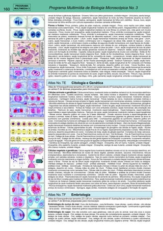 160 
PROGRAMA 
MULTIMEDIA 3 Programa Multimídia de Biologia Microscópica No. 3 
versal de folhas e glândulas digestivas - Drosera, folha com pêlos glandulares, unidade integral - Utricularia, planta bexiga, 
unidade integral de bexiga, Aesculus, castanheiro, seção transversal do broto da folha mostrando escama do broto e 
folhas dobradas embutidas - Ficus Elastica, seringueira, seção transversal de folha com cistólitos - Buxus, buxo, seção 
transversal de folha xerófita com cutícula espessada e diversas camadas enfileiradas 
Flores e frutos: Pinus, pinheiro, grãos de pólen maduros, unidade integral - Pinus, cone macho com pólen, seção 
transversal (cone estaminado) - Pinus, seção longitudinal mediano de cone fêmea jovem, megasporófilos com brácteas e 
camadas ovulíferas, óvulos - Pinus, seção longitudinal mediana de cone fêmea no primeiro ano, vista geral com óvulos 
crescendo - Pinus, óvulos com arquegônia, seção longitudinal mediana - Pinus, embrião e endosperma, seção longitudi-nal 
mediana mostrando cotilédones - Pinus, embrião e endosperma, seção transversal mostrando cotilédones - Tipos 
misturados de pólens, mostrando diversas formas de diferentes espécies, Lilium, antera, seção transversal, mostrando 
câmaras de pólen e grãos de pólen - Lilium, ovário, seção transversal mostrando arranjo de óvulos, vista geral - Lilium, 
ovário, seção transversal, o óvulo mostra o embriosaco com o megasporo da célula mãe, estado de repouso - Lilium, 
ovário, seção transversal, o embriosaco mostra a anáfase da segunda divisão homeotípica com duas figuras de divisão - 
Lilium, ovário, seção transversal, oito embriosacos maduros com células de ovo, sinérgicas, núcleos polares e células 
antípodas - Lilium, seção longitudinal de estigma com pólen e tubos de pólen - Lilium, seção longitudinal de tubo de pólen 
crescendo, mostrando as divisões das células geradoras núcleos do esperma - Solanum, batata, seção transversal de 
ovário com formação de embriões - Capsella, bolsa-de-pastor, seção longitudinal de óvulos com embriões - Botão de flor 
monocotiledônea, seção transversal mostra diagrama floral - Botão de flor dicotiledônea, mostra diagrama floral - Arum 
Maculatum, pé-de-bezerro, seção longitudinal de flor, armadilha de inseto - Lycopersicum, tomate, seção transversal de 
botão de flor mostra diagrama floral e placentaçào axilar - Phaseolus, feijão, seção transversal de vagem mostrando 
pericarpo e semente - Papaver, papoula, de flor mostra placentação parietal - Solanum Tuberosum, batata, seção trans-versal 
de botão de flor para diagrama floral - Taraxacum, dente-de-leão, seção longitudinal de flor composta com floretas 
tubulares e linguladas - Taraxacum, dente-de-leão, flor composta, desenho gráfico em cores - Cocos Nucifera, coco, 
endosperma, seção transversal - Citrus, limão, fruta jovem, seção transversal - Triticum, trigo, seção transversal da semente 
(grão) mostrando a cobertura da semente, o endosperma com amido armazenado e embrião, vista total - Triticum, seção 
longitudinal e semente (grão) mostrando todos os detalhes, vista integral, média ampliação - Triticum, seção longitudinal 
do embrião mostrando os pontos de crescimento do caule, origem da folha, escudo, raiz primária - Triticum, trigo, semente 
(grão), desenho gráfico em cores - Zea Mays, milho, grão (semente) seção longitudinal, embrião e endosperma. 
Atlas No. TE Citologia e Genética 
Atlas de 10 transparências tamanho 22 x 28 cm, compreendendo 67 ilustrações em cores que complementam 
as séries E de lâminas preparadas para microscópio 
Células animais e genéticas: Célula animal típica, mostrando todos os detalhes visíveis à luz do microscópio eletrônico 
em diferentes cores - Epitélio escamoso, células isoladas. São vistos núcleos e citoplasma - Músculo estriado seção 
longitudinal mostrando núcleos, estria e miofibrilas - Osso compacto humano, seção transversal, mostrando células e 
canalículos - Cartilagem hialina humana, seção transversal - Fibras isoladas do nervo, mostrando camadas mielinas e 
nódulos de Ranvier - Células animais simples no fígado, seção transversal com membranas celulares, núcleos e citoplasma 
- Microfoto eletrônica de células do fígado mostrando núcleo, mitocôndrios, citossomas, lisossomas, dictiossomas, glicogênio 
- Fagocitose nas células estelares do fígado, seção transversal - Ovário de gato, seção transversal, mostrando folículos de 
Graaf primários e secundários - Trompa de Falópio com ovos embutidos (oócitos), seção transversal, alta ampliação dos 
detalhes - Testículo de sapo, seção transversal, mostrando espermatogênese. Espermatogonia, espermatócitos, 
espermátides e espermatozóides maduros - Testículo de carpa, seção transversal mostrando meiose e espermaogênese 
- Mitose animal, desenho gráfico em cores de 9 fases diferentes - Divisão redutora durante a espermatogênese em 
humaos e animais, todas as fases, desenho gráfico em cores - Cromossomas gigantes na glândula salivar da larva do 
quirônomo com grandes cromômeros. Corada para DNA - Cromossomas gigantes do quirônomo, desenho gráfico em 
cores - Cromossomas humanos em esfregaço de cultura de sangue - Cariótipos de cromossomas humanos - Cromossomas 
arrancados do estágio diplóteno de célula de ovo vivo da salamandra (contraste de fases) - Útero da Ascaris Megalocephala, 
seção transversal mostrando detalhes da meiose com cromossomas e eixo nuclear - Corpos (cromatina sexual) no epitélio 
escamoso da fêmea - Células pigmentadas da pele - Armazenagem de glicogênio nas células do fígado, seção - Núcleo 
de ameba, microfoto ao vivo - Mitocôndrios e seção fina do rim ou fígado, especialmente preparada e corada - Mitocôndrios, 
estrutura, desenho esquemático em cores - Complexo de Golgi, seção de gânglio espinhal - Complexo de Golgi, estrutura, 
desenho esquemático em cores - Ova de Psammechinus (ouriço do mar). Ovo fertilizado - Ova de Psammechinus (ouriço 
do mar). Estágio de duas células - Ova de Psammechinus (ouriço do mar). Estágio de quatro células - Ova de Psammechinus 
(ouriço do mar). Estágio de oito células - Herança de dois genes ligados na Drosophila: cruzamento, cruzamento retroativo, 
grupos de ligação - Troca de genes em dois grupos de ligações correspondentes da Drosophila, interpretação cromossômica 
- Genética da Drosophila, tipo adulto selvagem, unidade integral - Drosophila, olho em barra, mutante, unidade integral - 
Drosophila, olho castanho mutante, unidade integral - Drosophila, vestígio de asa mutante, unidade integral - Drosophila, 
olho branco mutante, unidade integral 
Células vegetais e genéticas: Célula vegetal típica mostrando detalhes visíveis e á luz do microscópio eletrônico, em 
cores diversas - Microfotos eletrônicas de núcleo de célula vegetal, paredes celulares, vacúolos, mitocôndrios, retícula 
endoplasmática, plasmodesma e cloroplastos - Epiderme de Allium (cebola), unidade integral mostrando células vegetais 
simples, com paredes celulares, núcleos e citoplasma - Topo do caule e tecido merismático da Elodea, seção longitudinal 
mostrando zona de crescimento e origem da folha - Tronco da Tilia macerado e unidade integral mostrando células lenhosas, 
vasos e fibras - Pontas da raiz de Allium seção longitudinal, mostrando divisão celular (mitose) em todos os estágios: 
interfase (estágio de repouso) - prófase inicial - prófase adiantada - metáfase inicial - lâmina equatorial da metáfase - 
anáfase inicial - telófase - reconstrução - Divisões de maturação (meiose e mitose) no pólen de células mães de Lilium, 18 
estágios, desenho em cores - Células mães de pólen de Lilium. Prófase inicial (leptótena) primeira divisão (meiose) 
mostrando cromossomas como camadas finas - Células mãe do pólen de Lilium, Prófase adiantada (diacinésica) primeira 
divisão (meiose), redução de cromossomas - Células mãe do pólen. Metáfase e anáfase de primeira divisão (meiose) 
mostrando eixos nucleares e cromossomas contraídos - Células mãe do pólen. Segunda divisão, intercinese, quatro 
estágios da célula - Plasmodesmata em seção transversal de semente de palmeira - Mitocôndrios, fina seção longitudinal 
de raiz de Allium coradas para mostras de mitocôndrios - Pera, seção transversal mostrando células de pedra (celerênquima) 
- Tubérculo de Solanum (batata) seção transversal mostrando grãos de cortiça e de amido - Cucurbita (abóbora) seção 
longitudinal de caule mostrando feixes vasculares com tubos de seiva, vasos espirais e anulares, fibras de esclerênquima 
- Ricinus endosperma, seção transversal mostrando grãos aleuronas - Ovário de Lilium (lírio), seção transversal mostrando 
arranjo de óvulos e embriosaco - Spirogyra, algas verdes, mostrando estágios de conjugação e formação de zigotos 
Atlas No. TF Embriologia 
Atlas de 8 transparências tamanho 22 x 28 cm, compreendendo 61 ilustrações em cores que complementam 
as séries F de lâminas preparadas para microscópio 
Embriologia do ouriço do mar: Ovos não fertilizados - ovos fertilizados - duas células - quatro células - oito células 
- dezesseis células - trinta e duas células - mórula -blástula -blástula começando a gastrulação - continuando a gastrulação 
- larva plutea - embriologia, desenhos gráficos esquemáticos todos os estágios 
Embriologia do sapo: Ovo não eclodido com capa gelatinosa, vista do polo do animal, local dos ovos e corpos 
polares, unidade integral - Ovo, estágio de duas células, Ovo ainda não completamente separado, unidade integral - Ovo, 
estágio de duas células - Ovo, estágio de quatro células, segundo sulco vertical ao primeiro, unidade integral - Ovo, 
estágio de quatro células, seção transversal - Ovo, estágio de oito células, quatro micrômeros e quatro macrômeros, 
unidade integral - Ovo, estágio de oito células, seção longitudinal mostra polo vegetal e animal - Mórula, seção longitudi- 
 