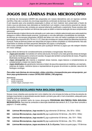 Jogos de Lâminas para Microscópio 17 
JOGOS DE LÂMINAS PARA MICROSCÓPIO 
As lâminas de microscopia LIEDER são preparadas em nossos laboratórios sob um rigoroso controle 
científico. Elas são o produto de uma longa experiência combinado às técnicas mais modernas. 
O pré requisito para uma excelente preparação é utilizar um bom material, bem preservado e fixado de 
modo a que as estruturas mais delicadas se mantenham num estado o mais próximo possível do natural. 
As secções micrótomas são cortadas por pessoal altamente qualificado e experiente. Essas secções são 
de uma espessura que resultam em lâminas das quais se obtêm a máxima resolução de seus componentes 
estruturais. 
Especial atenção é dada à técnica de coloração e em cada caso o método seleccionado para cada espécime 
assegura a melhor diferenciação possível, combinada a uma alta definição e durabilidade da coloração. 
As lâminas de microscopia preparadas LIEDER são feitas com vidro da melhor qualidade com bordas de 
granulação fina e tamanho 26 x 76 mm (1 x 3"). Elas são enviadas em caixas sólidas de diferentes tamanhos 
e preços. Todas as lâminas podem ser adquiridas em jogos e séries completas ou individualmente. Nos são 
reservados os direitos de fazer pequenas alterações aos jogos e compilações. 
Será nossa satisfação fazer ofertas especiais para quaisquer lâminas ou jogos que não estejam listados 
em nosso catálogo. 
Nossa oferta de lâminas foi consideravelmente aumentada e reorganizada. Nós temos: 
– Jogos para escolas. Concebidos em séries estruturais, fornecem uma visão geral das áreas da biologia 
que são de interesse para o ensino em escolas. Os jogos são também componentes de nosso „Programa 
Multimédia de Biologia Microscópica“. 
– Jogos abrangentes são maiores e englobam áreas maiores. Jogos básicos e complementares se 
complementam e tratam do mesmo tópico. 
– Jogos detalhados são geralmente menores e tratam de assuntos especiais em detalhes, por exemplo,. 
sistemas de órgãos, membros típicos e representativos de grupos de animais ou plantas, assuntos de 
fisiologia e ecologia. 
Para obter mais lâminas de microscópio, slides coloridos e transparências para retroprojector, por 
favor peça gratuitamente o nosso CATÁLOGO GERAL (160 páginas). 
Abreviaturas 
s.t. secção transversal 
s.l. secção longitudinal 
u.i. unidade integral, preparação inteira 
JOGOS ESCOLARES PARA BIOLOGIA GERAL 
Nossas novas coleções para escolas tem como objetivo dar uma sinopse de todas as linhas de estudos de 
biologia importantes no aprendizado escolar desde o primeiro grau até o nível universitário, adequado para 
trabalhar junto ao microscópio. 
Estas séries são também parte da nossa abrangente PROGRAMA MULTIMEDIA PARA BIOLOGIA 
MICROSCÓPICA. Para lista de conteúdos e descrição detalhada das séries A, B, C, D por favor consulte a 
página 4 - 6 neste catálog 
500 Lâminas Microscópicas, Jogo escolar A, jogo elementar 25 lâminas , (No. 501e - 525d) 
600 Lâminas Microscópicas, Jogo escolar B, jogo suplementar 50 lâminas , (No. 601d - 650e) 
700 Lâminas Microscópicas, Jogo escolar C, jogo suplementar 50 lâminas , (No. 701f - 750d) 
750 Lâminas Microscópicas, Jogo escolar D, jogo suplementar 50 lâminas , (No. 751c - 800c) 
850 Lâminas Microscópicas, Jogos escolares A, B, C e D juntos. Todos os quatro jogos, 175 lâminas 
 