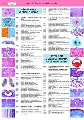 18 Jogos de Lâminas para Microscópio 
4401d 
4403c 
4407e 
4413f 
4433c 
4442c 
4445f 
4451e 
4457e 
4462e 
4460d 
4473d 
4483e 
4485d 
4491f 
4493d 
4496f 
2308c 
2311c 
2312c 
2320c 
2324c 
SÉRIES PARA 
O ENSINO MÉDIO 
4410 Jogo No. I. Células, tecidos e ór-gãos. 
13 Lâminas preparadas para microscópio 
4401d Célula animal simples em secções. de fígado 
de salamandra 
4402d Mitose, s.l. de extremidade da raiz de Allium 
4403c Ranúnculo, s.t. de uma raiz de dicotiledônea 
4404e Caule de monocotiledônea e dicotiledônea, duas 
s.t. para comparação 
4405c Syringa, lilás, s.t. de uma típica folha mesofítica 
de dicotiledônea 
4406c Epitélio colunar, s.t. de intestino de coelho 
4407e Osso e cartilagem hialina, s.t. 
4408d Músculo estriado de mamífero, s.l 
4409d Músculo liso de mamífero, s.l. e s.t. 
4410c Pulmão de gato, s.t. 
4411c Esfregaço de sangue humano 
4412d Pele do corpo humano, s.l 
4413f Camundongo jovem, s. sagital. do espécime 
inteiro mostrando todas as estruturas 
4430 Jogo No. II. Metabolismo. 
15 Lâminas preparadas para microscópio 
4431e Hidra, pólipo de água doce, s.t. com ectoderme 
e endoderme 
4432d Carabus, estomago de besouro, 
4433c Glândula salivar de gato, s.t. 
4434c Esôfago de gato, s.t. 
4435d Estômago fúndico de gato, s.t. 
4436c Intestino delgado de gato, s.t. coloração padrão 
4437f Intestino delgado, s.t.. veias sangüíneas injeta-das 
4438d Apêndice humano, s.t.. 
4439c Intestino grosso de gato, s.t. 
4440c Fígado de porco, s.t. 
4441d Túbulos de Malpighi de inseto, s.t. 
4442c Rim primordial (mesonefros) de rã, s.t. 
4443c Rim (metanefros) de coelho, s.t. 
4444d Rim de camundongo com pélvis, s.l, 
4445f Rim de camundongo, s.t. injetado para mostrar 
armazenamento 
4450 Jogo No. III. Órgãos do Sentido. 
16 Lâminas preparadas para microscópio 
4451e Paramécio, corado com prata para evidenciar 
sistema neuroformativo 
4452d Lumbricus, minhoca, s.t. com cordão nervoso 
ventral 
4453e Cérebro de inseto, s.l. frontal 
4454e Planaria, secção. através do ocelo 
4455f Haliotis, caramujo marinho, s.l de olho 
4456e Helix, caramujo, s.l de olho 
4457e Alloteuthis, lula, s.l. de câmara ocular 
4458e olho composto de inseto, s.l. 
4459e Rato jovem, s.t. de cabeça com olhos 
4460d Retina de gato, s.t. mostrando bastonetes e co-nes 
4461e Ouvido interno (cóclea) de porco da Guiné, s.l. 
4462e Botões gustativos da língua de coelho, s.t. 
4463e Fibras nervosas periféricas, material ósmico 
ácido mostrando nódulos de Ranvier 
4464c medula espinhal de gato, s.t. com várias célu-las 
nervosas motoras 
4465c Cerebelo de gato, s.t. coloração padrão 
4466f Cérebro de gato, s.t. corada com prata para evi-denciar 
células piramidais 
4470 Jogo No. IV. Órgãos e Funções Hor-monais. 
7 Lâminas preparadas para microscópio 
4471d Ovário de gato, com folículo e corpo lúteo, s.t.. 
4472d Testículo de camundongo, s.t.. mostrando célu-las 
de Leydig 
4473d Glândula adrenal (suprarenal) de gato, s.t. 
4474d Pâncreas de gato, s.t.com ilhotas de Lan-gerhans, 
4475f Glândula tireóide, função normal, s.t. 
4476f Glândula tireóide, superatividade da glândula 
4477f Hipófise (pituitária) s.l. sagital 
4480 Jogo No. V. Genética, Reprodução 
e Embriologia. 
19 Lâminas preparadas para microscópio 
4481g DNA e RNA corados em cores diferentes, s.l. 
de extremidade da raiz de cebola 
4482e Lilium, anteras jovens, meiose, estágio inicial de 
prófase, s.t. 
4483e Lilium, anteras jovens, estágio de diplóteno, s.t. 
4484d Lilium, ovário com saco embrionário, s.t. 
4485d Capsella bursa pastoris, s.l de embriões 
4486h Cromossomos humanos, espalhado em fase de 
metáfase, u.i. 
4487g Cromossomos plumulosos 
4488e Hidra com testículos, s.t. 
4489e Hidra com ovários s.t. 
4490f Platelminto (Taenia), proglótide madura, u.i. 
4491f Ascaris, secção. de útero mostrando maturação 
de ovos 
4492e Besouro (Melolontha), ovários, s.t. 
4493d Rã (Rana), s.t. de testículos mostrando esper-matogênese 
4494f Embriologia de rã: quatro estágios da célula, s.t. 
4495f Rã: estágio de mórula, s.l. 
4496f Rã: estágio de nêurula, s.t. 
4497f Embriologia de galinha (Gallus): 24 horas s.t. 
4498f Embriologia de galinha: 72 horas s.t. 
4499d Útero de camundongo contendo embrião s.t. 
HISTOLOGIA 
E CIÊNCIA HUMANA 
JOGOS ABRANGENTES 
2300 Histologia de Vertebrados excluin-do 
Mamíferos. 
Peixes, anfíbios, répteis e aves. 
25 Lâminas preparadas para microscópio 
2301c Cyprinus, carpa, fígado,s.t. 
2302c Cyprinus, testículos, s.t. mostrando espermato-zóide 
2303c Cyprinus, intestino delgado, s.t. 
2304c Cyprinus, rim, s.t. 
2305c Cyprinus, brânquias, s.t. 
2306c Cyprinus, pele, s.t. 
2307f Escamas de peixe, escamas ciclóide, ctenóide, 
e placóide, u.i. 
2308c Salamandra, pele com glândulas de veneno, s.t. 
2309d Salamandra, s.t. através do tórax e patas dian-teiras 
da larva 
2310c Rana, rã, pulmão, s.t., pulmão simples em for-ma 
de saco 
2311c Rana, esfregaço de sangue com corpúsculos 
nucleados 
2312c Rana, estômago, s.t. 
2313c Rana, intestino grosso s.t., com células calici-formes 
2314c Rana, fígado, s.t. mostrando duto bilear 
2315c Rana, rim, s.t. 
2316c Rana, testículo, s.t. para mostrar espermatogê-nese 
2317c Rana, pele s.t. mostrando glândulas 
2318d Lacerta, lagarto, pele com escamas, s.l. sagital 
2319c Gallus, galinha, esfregaço de sangue, com cor-púsculos 
vermelhos nucleados 
2320c Gallus, pulmão s.t. 
2321c Gallus, estômago glandular, s.t. 
2322d Gallus, ovário com ovos em desenvolvimento, 
s.t. 
2323d Gallus, pele com penas em desenvolvimento s.t. 
ou s.l. 
2324c Gallus, pele sem penas de pé, s.t. 
2325c Gallus, asa e penas inferiores, u.i. 
 