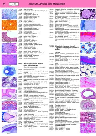 20 Jogos de Lâminas para Microscópio 
71002e 
71010e 
71015e 
71026e 
71030e 
71039e 
71041f 
71049e 
72011f 
72011f 
72026e 
72041e 
72042e 
72045e 
72046d 
Ho1224e 
Ho128e 
Ho132f 
Ho214f 
Ho331e 
Ho334e 
Ho345e 
71015e Veia, humano, s.t. 
71016c esfregaço de sangue, humano, coloração Gie-msa 
71017e Pulmão, humano, s.t. 
71018f Laringe de feto humano, s.t. 
71019e Glândula linfática, humano, s.t. 
71020e Glândula tireóide, humano, s.t. 
71021f Pituitária, humano, s.t. 
71022e Baço, humano, s.t. 
71023e Língua, humano, s.t. 
71024e Esôfago, humano, s.t. 
71025e Glândula sublingual, humano, s.t. 
71026e Estômago, região pilórica, humano, s.t. 
71027e Pâncreas, humano, s.t. 
71028e Intestino delgado, humano, s.t. 
71029e Intestino grosso, humano, s.t. 
71030e Fígado, humano, s.t. 
71031e Rim, humano, s.t. 
71032f Glândula adrenal, humano, s.t. 
71033e Ureter, humano, s.t. 
71034e Bexiga urinária, humano, s.t. 
71035f Ovário, humano, s.t. 
71036e Útero, humano, s.t. 
71037e Tuba uterina, humano, s.t. 
71038e Placenta, humano, s.t. 
71039e Cordão umbilical, humano, s.t. 
71040e Glândula mamária, humano, secção. 
71041f Testículo, humano, s.t. 
71042e Epidídimo, humano, s.t. 
71043f Epitélio olfativo, humano, s.t. 
71044f Retina, humano, s.t. 
71045g Ouvido interno, feto humano, s.t. 
71046f Corpúsculo de tato na pele humana, s.t. 
71047e Nervo, humano, s.l. 
71048e Medula espinhal, humano, s.t. 
71049e Cerebelo, humano, s.t. 
71050e Córtex cerebral, humano, s.t. 
72000 Histologia Humana, Normal 
Jogo Grande Parte II. 
50 Lâminas preparadas para microscópio 
72001e Palato mole, humano s.t. 
72002e Tecido adiposo, humano, secção.coloração para 
gorduras 
72003f Cartilagem fibrosa branca, disco intervertebral 
humano, secção. 
72004e Músculo estriado (esquelético), humano s.t. 
72005e Osso esponjoso, humano s.t. 
72006e Desenvolvimento do osso, s.l. vertical de crânio 
de feto 
72007e Desenvolvimento do osso, s.l. de dedo de feto 
72008e Articulação de feto humano, s.l. 
72009e Dente, humano, s.t. da coroa 
72010f Dente, humano, completo s.l. 
72011f Desenvolvimento do dente de feto humano, s.l. 
72012e Aorta, humano, s.t. coloração padrão 
72013e Traquéia de feto humano s.t. 
72014f Timo de criança humana, s.t. 
72015f Glândula paratireóide (Gl. parathyreoidea), hu-mano 
s.t. 
72016e Amígdala (Tonsilla palatina), humano s.t. 
72017e Glândula parótida (Gl. parotis), humano s.t. 
72018e Glândula submandibular (Gl. submandibularis), 
humano s.t. 
72019e Estômago, região fúndica, humano s.t. 
72020e Estômago, região pilórica, humano s.t. 
72021e Jejuno, humano s.t. 
72022f Intestino delgado (Duodeno) s.t. coloração de 
células caliciformes, PAS-HE 
72023e Apêndice vermiforme, humano s.t. 
72024e Reto, humano s.t. 
72025e Vesícula biliar, humano s.t. 
72026e Fígado de feto humano s.t., células sangüíneas 
em desenvolvimento 
72027e Uretra, humano, s.t. 
72028e Vesícula seminal (Gl. vesiculosa), humano s.t. 
72029e Canal deferente (Ductus deferens), humano s.t. 
72030e Próstata, humano, s.t. 
72031e esfregaço de esperma, humano 
72032f Corpo lúteo em s.t. de ovário humano 
72033e Vagina, humano s.t. 
72034g Córtex cerebral, humano, s.t. coloração em prata 
(Golgi ou Palmgren) 
72035g Córtex cerebral, humano, s.t. coloração para 
células da glia (Held) 
72036g Cerebelo, humano, s.t. coloração em prata (Golgi 
ou Palmgren) 
72037f Tálamo, humano, coloração Klüver - Barrera 
72038f Medulla oblongata, humano, s.t. coloração pa-drão 
72039g Medula espinhal, humano, s.t. coloração em pra-ta 
(Golgi ou Palmgren) 
72040f Gânglio simpático, humano s.t. coloração padrão 
72041e Nervo periférico, humano s.t. 
72042e Nervo óptico, humano s.t. 
72043e Córnea do olho, humano s.t. 
72044e Sobrancelha, humano, s.t. 
72045e Pele da ponta do dedo, humano, s.l. vertical 
72046d Escalpo, humano, s.l. horizontal mostrando s.t. 
de folículo piloso, 
72047e Desenvolvimento da unha, s.l. sagital de ponta 
do dedo de feto humano 
72048h Cromossomos humanos em esfregaço de cul-tura 
de sangue, masculino 
72049i Cromossomos humanos em esfregaço de cul-tura 
de sangue, feminino 
72050f Corpúsculos de Barr (cromatina sexual huma-na) 
em esfregaço de epitélio escamoso, femini-no* 
79500 Histologia Humana, Normal 
Jogo especial completo com 100 lâ-minas 
Tecidos 
Ho111c Epitélio escamoso , células isoladas da boca, 
esfregaço 
Ho1224e Epitélio escamoso estratificado, não-cornifica-do 
, secção do esôfago 
Ho114e Epitélio colunar simples, em s.t. de tubos se-cretores 
de rim humano 
Ho116e Epitélio colunar ciliado simples, em s.t. do ovi-duto 
Ho118e Epitélio cuboidal simples, em s.t. de glândula 
tiróide humana 
Ho120e Epitélio transicional, em s.t. bexiga humana 
Ho1202e Epitélio glandular, em s.t. de cólon humano com 
glândulas mucosas unicelulares 
Ho121e Tecido conectivo areolar, humano u.i. 
Ho126d Tecido conectivo embrionário de feto humano, 
s.t. 
Ho128e Tecido adiposo, secção para mostrar células, 
gordura removida 
Ho130e Cartilagem hialina, humano s.t. 
Ho131e Cartilagem elástica amarela, humana, seção 
corada para mostrar fibras elásticas 
Ho135e Osso compacto, humano s.t. 
Ho136e Osso compacto, humano s.l. 
Ho138e Desenvolvimento do osso (intracartilaginoso), 
s.l. de ponta de dedo de feto 
Ho139e Desenvolvimento do osso (intracartilaginoso), 
s.l.vertical de osso cranial de feto 
Ho151e Músculo estriado (esquelético), humano s.l. 
Ho152e Músculo estriado (esquelético), humano s.t. 
Ho154e Músculo involuntário liso, humano s.l. e s.t. 
Ho156e Músculo cardíaco, humano s.l. e s.t. 
Sistemas Respiratório e Circulatório 
Ho172e Artéria, humana, s.t. corada para fibras elásti-cas 
Ho174e Veia, humana, s.t. . corada para fibras elásticas 
Ho176e Aorta, humana, s.t. coloração de rotina 
Ho1802c Esfregaço de sangue , humano, corado por Wri-ght 
Ho214f Traquéia, humana s.t. 
Ho215f Traquéia, humana s.l. 
Ho2152e Traquéia de feto humano s.t. 
Ho216e Pulmão, humano, s.t. coloração de rotina 
Ho219e Pulmão de feto humano, s.t. 
Sistema Linfático 
Ho231e Nódulo linfático, humano s.t. 
Ho233e Tonsila (Tonsilla palatina), humana s.t. 
Ho234e Baço, humano s.t. 
Ho236e Medula óssea vermelha, costela humana s.t. 
Ho238f Timo de criança, s.t. 
Glândulas Endócrinas 
Ho252e Glândula Tiróide (Gl. thyreoidea), humana s.t. 
Ho253f Glândula Adrenal (Gl. supra-renal), humana s.t. 
Ho255f Glândula Pituitária (hipófise), humana s.t. * 
Sistema Digestivo 
Ho310f Lábio, humano s.t. 
Ho311e Dente, humano, s.t. de coroa 
Ho313f Dente, humano, s.l. completa 
 