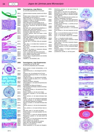 34 Jogos de Lâminas para Microscópio 
2756c 
2768d 
2760d 
2770e 
2772e 
2773c 
2801c 
2808c 
2809c 
2815c 
2817c 
2821d 
2901d 
2924d 
2926d 
2930c 
2932c 
2934d 
2936c 
2935c 
2943e 
2948d 
2800 Fanerógamas, Jogo Básico. 
25 Lâminas preparadas para microscópio 
2801c Células simples de plantas, epiderme de Allium 
u.i. 
2802d Divisão celular (mitose) todos os estágios, em 
extremidade de raiz de Allium s.l. 
2803c Grãos de amido, s.t. de tubérculo de batata 
2804c Células de cortiça, s.t. da casca de Quercus 
2805d Cistólitos, s.t. do fruto da pêra 
2806d Pêlos radiculares em extermidade de raiz 
2807c Zea mays, milho, raiz monocotiledônea típica s.t. 
2808c Ranunculus, ranúnculo, raiz típica de dicotile-dônea. 
s.t. 
2809c Zea mays, milho, caule de monocotiledônea. s.t. 
2810c Triticum, trigo, caule de gramínea s.t. 
2811c Aristolochia, papo de peru, caule de um ano s.t. 
2812c Aristolochia, caule mais velho s.t. 
2813d Cucurbita, abóbora, caule com feixes e tubos 
crivados s.l. 
2814c Sambucus, sabugueiro, caule com lenticelas s.t. 
2815c Tulipa, tulipa, epiderme foliar com estômatos u.i. 
2816c Zea mays, milho, s.t. da folha, folha de gramí-nea 
monocotiledônea 
2817c Syringa, lilás, s.t. de folha, folha de dicotiledô-nea. 
2818c Fagus, faia, s.t. de botão foliar mostrando ori-gem 
da folha 
2819d Lilium, lírio, s.t. de botão floral mostrando dia-grama 
floral 
2820d Lilium, s.t. de anteras t.s. mostrando câmaras 
de pólen e grãos de pólen 
2821d Lilium, s.t. de ovário com saco embrionário 
2822e Lilium, estigma com pólen e tubos polínicos s.l. 
2823c Pinus, pinheiro, folhas aciculares 
2824d Triticum, trigo, s.t. de grão (semen) com embrião 
e endosperma 
2825d Capsella, s.l. de embriões in situ 
2900 Fanerógamas, Jogo Suplementar. 
Complementar ao Set No. 2800. 
50 Lâminas preparadas para microscópio 
2901d Ápice caulinar e tecido meristemático, s.l de 
Asparagus 
2902c Grãos de Aleurona, s.t. de endosperma de Rici-nus 
2903d Gordura in sec. de endosperma de Corylus 
2904c Lysigenous glândulas de óleo, s.t. de casca de 
fruto de Citrus 
2905d Cristais de Inulina, s.t. de tubérculo de Dahlia 
2906b Cristais de oxalato de cálcio, em u.i. de casca 
seca de cebola 
2907b Células da madeira, macerado 
2908c Tubos lactíferos, s.l. de caule de Euphorbia (bico 
de papagaio) 
2909d Cloroplastos em folhas de Elodea u.i. 
2910b Pêlos de folhas ramificadas, isolados de Verbas-cum 
(verbasco) 
2911d Reserva de celulose, s.t. de semente de Phoe-nix 
(tamareira) 
2912c Rheum, ruibarbo, s.t. de raiz com cristais 
2913c Dendrobium, orquídea, s.t. de raiz aérea com 
velame 
2914c Pinus, pinheiro, s.t. de raízes lenhosas mais 
velhas 
2915c Smilax, s.t. de raiz com endoderme espessada 
2916d Lupinus, tremoço, s.t. de nódulos radiculares 
com bactérias fixadoras de nitrogênio 
2917c Quercus, carvalho, s.t. de raízes lenhosas mais 
velhas 
2918c Daucus, cenoura, s.t. de raiz de armazenamen-to. 
2919c Pinus, pinheiro, s.t. de caule lenhoso mais ve-lho 
2920c Zea mays, milho, s.l. de caule com feixes 
2921c Elodea, elodea, s.t. de caule aquático com fei-xes 
primitivos 
2922c Juncus, junco, s.t. caule com células estreladas 
2923c Pelargonium, gerânio, s.t. de caule jovem de 
planta anual 
2924d Tilia, lima, s.t. e s.l de caule lenhoso mais velho 
2925c Acorus calamus, s.t. de rizoma 
2926d Pinus, pinheiro, três secções de madeira 
2927d Fagus, faia, três secções da madeira 
2928c Bryonia, s.t. de caule com 
2929c Ribes, groselheira, s.t. de caule com felogênio 
2930c Helianthus, girassol, s.t. de caule típicp de 
monocotiledônea 
2931c Salvia, salva, s.t. de caule com colênquima 
2932c Nymphaea, lirio d´’água, s.t. de folha flutuante 
2933c Dionaea, planta carnívora, s.t. de folha com glân-dulas 
digestivas 
2934d Fagus, faia, s.t. de folhas de sol e sombra (um-brófilas 
e heliófilas)em uma lâmina 
2935c Pinguicula, s.t. de folha com pêlos glandulares 
2936c Nerium, espirradeira, folha xeromorfa com es-tômatos 
em cripta 
2937d Drosera, planta carnívora, u.i. de folha com pê-los 
glandulares 
2938d Urtica, urtiga, folha com pêlos urticantes 
2939c Utricularia, planta carnívora, u.i. de vesículas 
(utrículos) 
2940d Pinus, pinheiro, s.l. de cone masculino com pó-len 
2941d Pinus, s.l. de cone feminino jovem com óvulos 
2942f Pinus, l.s. de óvulo com arquegônio 
2943e Pinus, s.t. de embrião maduro com endosper-ma 
2944b Pinus, u.i. de grãos de pólen alados 
2945f Lilium, lírio, anteras jovens mostrando meiose 
da célula mãe de pólens 
2946d Tulipa, tulipa, s.t. de ovario mostrando disposi-ção 
de óvulos 
2947d Taraxacum, dente de leão, s.l. de flor composta 
2948d Papaver, papoula, s.t. de flor mostrando diagra-ma 
floral 
2949d Phaseolus, feijão, s.t. de vagem mostrando pe-ricarpo 
e semente 
2950d Lycopersicum, tomate, s.t. de fruto jovem 
 