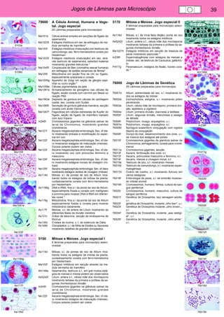 Jogos de Lâminas para Microscópio 39 
5103e 
5108d 
5112e 
Ma103f 
Ma105f 
Ma1058e 
Ma1061e 
Ne123f 
As1169g 
As117f 
As135d 
As114d 
Am146e 
As5242f 
In238f 
Pr417g 
76005f 
76009f 
76012f 
76014f 
76016d 
76019h 
79600 A Célula Animal, Humana e Vege-tal. 
Jogo especial 
25 Lâminas preparadas para microscópio 
Ma101d Célula animal simples em secções de fígado de 
salamandra 
Ma1023f Estágios mitóticos em sec de esfregaço de me-dula 
vermelha de mamífero* 
Ma103f Estágios meióticos (maturação) em testículo de 
camundongo, sec. ferro-hematoxilina corado por 
Heidenhain 
Ma1033f Estágios meióticos (maturação) em sec. atra-vés 
testículo de salamandra, selected material 
mostrando grandes estruturas * 
Ma1045f Corpúsculos de Barr (cromatina sexual humana) 
em esfregaço de epitélio escamoso de fêmea* 
Ma105f Mitocôndria em seção fina de rim ou fígado, 
especialmente preparada e corada 
Ma1055g Aparelho de Golgi em seção de gânglio espi-nhal 
ou outro órgão * 
Ma1058e Células pigmentadas da pele 
Ma1061e Armazenamento de glicogênio nas células de 
fígado, seção corada com carmim por Beast ou 
reação PAS 
Ma1063e Depósito de gordura em células de cartilagem 
costal, sec. corada com Sudan 
Ma1065f Secreção de gordura glândula mamária, secção 
corada com ácido Osmico 
Ma1067f Fagocitose em células estreladas de Kupfer do 
fígado, seção de fígado de mamífero injetado 
com azul tripano 
In245f Cromossomos gigantes na glândula salivar da 
larva de Chironomus, mostrando grandes 
cromômeros 
Ne121f Ascaris megalocephala embriologia. Sec. of úte-ro 
mostrando entrada e modificação do esper-ma 
em ovo 
Ne122f Ascaris megalocephala embriologia. Sec. of úte-ro 
mostrando estágios de maturação (meiose). 
Corpos polares podem ser vistos. 
Ne123f Ascaris megalocephala embriologia. Sec. of úte-ro 
mostrando ovo com pronúcleo feminino e 
masculino 
Ne124f Ascaris megalocephala embriologia. Sec. of úte-ro 
mostrando estágios iniciais de clivagem (mi-tose) 
Ne125f Ascaris megalocephala embriologia. Sec. of útero 
mostrando estágios tardios de clivagem (mitose) 
As114d Mitose, s.l. de pontas de raíz de Allium mos-trando 
todos os estágios de mitose da planta, 
cuidadosamente corada com ferro-hematoxina 
por Heidenhaim 
As1169g DNA e RNA, fina s.l. da ponta da raíz de Allium, 
especialmente fixada e corada com metilgreen 
e pironina para mostrar DNA e RNA em diferen-tes 
cores * 
As119g Mitocôndria, fina s.l. da ponta da raíz de Allium 
especialmente fixada e corada para mostrar 
mitocôndria claramente 
As117f Meiose, s.t. de antera de Lilium mostrando as 
diferentes fases da divisão meiótica 
As131c Grãos de aleurona, secção de endosperma de 
Ricinus 
As135d Cristais de inulina, c. t. de tubérculo de Dália 
As148d Cloroplastos, u.i. de folha de Elodea ou Spinacea 
mostrando detalhes de grandes cloroplastos 
5150 Mitose e Meiose. Jogo especial I 
6 lâminas preparadas para microscópio seleci-onadas 
As114d Mitose, s.l. de pontas de raíz de Allium mos-trando 
todos os estágios de mitose da planta, 
cuidadosamente corada com ferro-hematoxina 
por Heidenhaim 
Ma102f Estágios mitóticos em secção através da me-dula 
vermelha de mamífero 
Am146e Salamandra, testículo s.t., em gral muitos está-gios 
de meiose e mitose podem ser observados 
As5242f Lilium, antera s.t., célula mãe dos micrósporos 
mostrando telóase da primeira e prófase da se-gunda 
(homeotípica) divisão 
In245f Cromossomos gigantes na glândula salivar da 
larva de Chironomus, mostrando grandes 
cromômeros 
Ne122f Ascaris megalocephala embriologia. Sec. of úte-ro 
mostrando estágios de maturação (meiose). 
Corpos polares podem ser vistos. 
5170 Mitose e Meiose. Jogo especial II 
5 lâminas preparadas para microscópio seleci-onadas 
As116d Mitose, s.l. de Vicia faba (feijão) ponta da raíz 
mostrando todos os estágios mitóticos 
As5242f Lilium, antera s.t., célula mãe dos micrósporos 
mostrando telóase da primeira e prófase da se-gunda 
(homeotípica) divisão 
Ma1021h Estágios mitóticos em secção de blastula de 
peixe mostrando espículas * 
In238f Espermatogênese com estágios de meiose e 
mitose, sec. de testículo de Carausius, gafanho-to 
Pr417g Paramaecium, estágios de fissão, núcleo cora-do 
* 
76000 Jogo de Lâminas de Genética. 
25 Lâminas preparadas para microscópio 
76001d Allium, extremidade da raiz, s.l. mostrando to-dos 
os estágios da mitose 
76002e Eschscholtzia, estigma, u.i. mostrando pólen 
penetrando 
76003e Lilium, célula mãe de micrósporo, primeira divi-são, 
leptóteno a zigóteno 
76004e Lilium, primeira divisão, diacinese a telófase 
76005f Lilium, segunda divisão, intercinese a estágio 
de tétrade 
76006f Polytrichum, musgo, arquegônio, u.i. 
76007e Polytrichum, musgo, arquegônio, s.l. 
76008d Spirogyra scalariform conjugação com zigotos 
depois da conjugação 
76009f Ouriço-do-mar, desenvolvimento dos ovos, u.i. 
da maioria dos estágios até plúteo 
76010f Cromossomos gigantes da glandula salivar de 
Chironomus, esmagamento, corada para cromô-meros 
76011e Cromossomos gigantes, secção 
76012f Ascaris, fertilização dos ovos, s.t. 
76013f Ascaris, prónucleos masculino e feminino, s.t. 
76014f Ascaris, meiose e clivagem inicial, s.t. 
76015e Testículo de pitu, s.t. mostrando meiose 
76016d Testículo de camundongo, s.t. mostrando esper-matogênese 
76017d Ovário de coelho, s.l. mostrando folículo em 
vários estágioso 
76018f Embriologia de peixe, s.l. de embrião mostran-do 
mitose animal 
76019h Cromossomos, humano, fêmea, cultura de san-gue 
periférical 
76020i Cromossomos, humano, masculino, cultura de 
sangue periférica 
76021f Genética de Drosophila, tipo selvagem adulto, 
u.i. 
76022f genética de Drosophila, mutante „olho barr“, u.i. 
76023f Genética de Drosophila mutante „olho brown „, 
u.i. 
76024f Genética de Drosophila, mutante „asa vestigi-al“, 
u.i. 
76025f Genética de Drosophila, mutante „olho white“, 
u.i. 
 