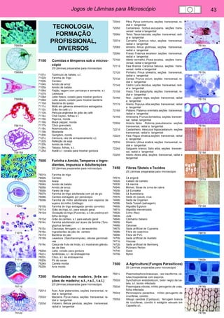 Jogos de Lâminas para Microscópio 43 
75805e 
75806d 
75808d 
75811d 
75815d 
7101c 
7106d 
7107b 
7111c 
7611d 
7612d 
7614c 
7615c 
7617d 
7619c 
7215d 
7207d 
7212d 
7461b 
7462b 
7474b 
7475b 
TECNOLOGIA, 
FORMAÇÃO 
PROFISSIONAL, 
DIVERSOS 
7100 Comidas e têmperos sob o micros-cópio 
25 Lâminas preparadas para microscópio 
7101c Tubérculo de batata, s.t. 
7102b Farinha de Trigo 
7103b Centeio 
7104b Amido de arroz 
7105b Amido de batata 
7106d Feijão, vagem com pericarpo e semente, s.t. 
7107b Levedura 
7108d Leite fresco, corado para mostrar gordura 
7109d Leite azedo, corado para mostrar bactéria 
7110d Bacteria do queijo 
7111c Mofo em gêneros alimentícios estragados 
7112c Grão de café s.t. 
7113b Película argêntea de grão de café 
7114c Chá Ceylon, folhas s.t. 
7115b Paprica, moída 
7116b Black pepper, moída 
7117b Côco granulado 
7118c Nosmoscada, s.t. 
7119b Mostarda 
7120b Gengibre, moído 
7121c Cenoura, raíz de armazenamento s.t. 
7122b Refeição de soja 
7123b Amido de milho 
7124c Tabaco, folhas, s.t. 
7125d Avelã s.t. corada para mostrar gordura 
7600 Farinha e Amido, Temperos e Ingre-dientes, 
Impureza e Adulterações 
25 Lâminas preparadas para microscópio 
7601b Farinha de trigo 
7602b Centeio 
7603b Aveia 
7604b Amido de batata 
7605b Amido de arroz 
7606b Farelo de trigo 
7607b Farinha de trigo adulterada com pó de giz 
7608b Centeio estragado por percevejos 
7609b Farinha de milho adulterada com esporos de 
sujeira do milho (Ustilago) 
7610b Farinha de trigo estragada (amido corroído) 
7611d Grão de trigo, s.t. para estudo geral 
7612d Oxidação do trigo (Puccinia), s.t. de uredinia em 
folha de trigo 
7613d Grão de centeio, s.t. para estudo geral 
7614c Farinha adulterada por ácaro da farinha (Tyro-glyphus 
farinae) 
7615c Claviceps, ferrugem, s.t. de esclerótio 
7616c Ingredientes de pão de centeio 
7617d Bactéria do pão 
7618b Levedura (Saccharomyces), células germinati-vas 
7619c Casca de fruto de limão, s.t. mostrando glându-las 
de óleo 
7620d Leite, corado para gordura 
7621c Amêndoas, s.t. de endosperma 
7622c Côco, s.t. de endosperma 
7623b Pó de cacao 
7624b Canela moída 
7625b Anis moído 
7200 Variedades de madeira, (três se-ções 
de madeira; s.t., r.s.l., t.s.l.) 
25 Lâminas preparadas para microscópio 
7201d Ácer, Acer platanoides, seções transversal, ra-dial 
e tangential 
7202d Macieira. Pyrus malus, seções transversal, ra-dial 
e tangential 
7203d Vidoeiro. Betula pendula, seções transversal, 
radial e tangential 
7204d Pêra. Pyrus communis, seções transversal, ra-dial 
e tangential 
7205d Cancereixo. Sorbus aucuparia, seções trans-versal, 
radial e tangential 
7206d Teixo. Taxus baccata, seções transversal, radi-al 
e tangential 
7207d Carvalho. Quercus robur, seções transversal, 
radial e tangential 
7208d Amieiro. Alnus glutinosa, seções transversal, 
radial e tangential 
7209d Freixo. Fraxinus excelsior, seções transversal, 
radial e tangential 
7210d Abeto vermelho. Picea excelsa, seções trans-versal, 
radial e tangential 
7211d Faia Branca. Carpinus betulus, seções trans-versal, 
radial e tangential 
7212d Pinheiro. Pinus silvestris, seções transversal, 
radial e tangential 
7213d Cereja. Prunus avium, seções transversal, ra-dial 
e tangential 
7214d Cedro. Larix decidua, seções transversal, radi-al 
e tangential 
7215d Visco. Tilia platyphylla, seções transversal, ra-dial 
e tangential 
7216d Noz. Juglans regia, seções transversal, radial 
e tangential 
7217d Álamo. Populus alba,seções transversal, radial 
e tangential 
7218d Plátano. Platanus orientalis,seções transversal, 
radial e tangential 
7219d Ameixeira. Prunus domestica, seções transver-sal, 
radial, tangential 
7220d Acácia falsa. Robinia pseudacacia, seções 
transversal, radial e tangential 
7221d Castanheiro. Aesculus hippocastanum, seções 
transversal, radial e tangential 
7222d Faia. Fagus silvatica,seções transversal, radial 
e tangential 
7223d Ulmeiro. Ulmus scabra, seções transversal, ra-dial 
e tangential 
7224d Salgueiro branco. Salix alba, seções transver-sal, 
radial e tangential 
7225d Abeto. Abies alba, seções transversal, radial e 
tangential 
7450 Fibras Têxteis e Tecidos 
25 Lâminas preparadas para microscópio 
7451b Lã angorá 
7452b Cabelo de camelo 
7453b Lã merina 
7454b Mohair, fibras de crina de cabra 
7455b Lã Européia 
7456b Lã Australiana 
7457b Seda do casulo, crua 
7458b Seda de Organsin 
7459b Seda Tussah (selvagem) 
7460b Algodão Egípicio 
7461b Algodão mercerizado 
7462b Linho (flax) 
7463b Juta 
7464b Cânhamo Italiano 
7465b Rami 
7466b Celulose 
7467b Seda artificial de Cuprama 
7468b Fibra de caseínico 
7469b Fibra de PVC 
7470b Seda artificial de Acetato 
7471b Viscose 
7472b Seda artificial de Bemberg 
7473b Polímero Perlon 
7474b Gaze 
7475b Nylon 
7500 A Agricultura (Fungos Parasíticos) 
20 Lâminas preparadas para microscópio 
7501c Plasmodiophora brassicae, raiz claviforme, cé-lulas 
hospedeiras com esporos 
7502d Synchytrium endobioticum, bolor negro da ba-tata, 
s.t. tecido infectado 
7503d Plasmopara viticola, míldio penugento de uvas, 
folha infectada 
7504d Peronospora parasitica, míldio penugento de 
crucíferas, conidio 
7505d Albugo candida (Cystopus), ferrugem branca 
de crucíferas, conidio e estágios sexuais em 
Capsella s.t. 
 