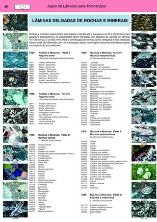 46 Jogos de Lâminas para Microscópio 
LÂMINAS DELGADAS DE ROCHAS E MINERAIS 
Gs082i 
Gs005i 
Gs081i 
Gs019i 
Gs016i 
Gs011i 
Gs004i 
Gs001i 
Gs030i 
Gs005i 
Gs002i 
Gs007i 
Gs027i 
Gs024i 
Gs029i 
Gs097i 
Gs001i 
Gs022i 
Gs120i 
Gs096i 
Gs038i 
Gs118i 
Rochas e minerais selecionados são lixadas e polidas até a espessura de 20 a 30 microns para 
garantir a transparência. As preparações foram montadas com bálsamo do Canadá em lâminas 
45 x 30 mm (32 x 24 tiras mm). Para a identificação de formas, cores, refrações e finas inclusões 
fósseis pode ser observado com um microscópio óptico. Informações adicionais são dados usando 
microscopia de luz polarizada. 
7920 Rochas e Minerais, Parte I 
Pequena série 
10 Lâminas preparadas para microscópio 
7921i Granito, lâmina fina 
7922i Sienito, lâmina fina 
7923i Gabro, lâmina fina 
7924i Basalto, lâmina fina 
7925i Gnaisse, lâmina fina 
7926i Micaschisto, lâmina fina 
7927i Quartzito, lâmina fina 
7928i Mármore, lâmina fina 
7929i Arenito, lâmina fina 
7930i Pedra calcária fossilizada, lâmina fina 
7940 Rochas e Minerais, Parte II 
Pequena série 
10 Lâminas preparadas para microscópio 
7941i Andesito, lâmina fina 
7942i Trachito, lâmina fina 
7943i Riolita, lâmina fina 
7944i Diorito, lâmina fina 
7945i Microgranito, lâmina fina 
7946i Giz, lâmina fina 
7947i Pedra calcárea oolítica, lâmina fina 
7948i Mó, lâmina fina 
7949i Carvão, lâmina fina 
7950i Xisto, lâmina fina 
7950 Rochas e Minerais, Parte III 
Rochas ígneas 
31 Lâminas de Microscopia 
Gs098i Granito Altered 
Gs082i Andesito 
Gs008i Basalto 
Gs019i Basalto com olivina 
Gs020i Basalto com phenocryst feldspat e branco 
Gs116i Picrit basalto 
Gs114i Basalto toleítico 
Gs016i Granodiorito 
Gs014i Pillow lava 
Gs090i Dacite 
Gs003i Diorito 
Gs015i Diorito quartzique 
Gs011i Dolerite 
Gs010i Doreite 
Gs004i Gabbro 
Gs001i Granito 
Gs012i Duas micas granitos 
Gs013i Granito porfiróide 
Gs129i Kimberlite 
Gs093i Laurvikite 
Gs050i Microdiorito 
Gs051i Microgranite 
Gs030i Peridotita 
Gs009i Fonólitos 
Gs005i Rhyolite 
Gs017i Red riolito 
Gs002i Sienito 
Gs018i Tephrite 
Gs007i Trachyandesite 
Gs006i Traquito 
Gs127i Brecha vulcânica 
7960 Rochas e Minerais, Parte IV 
Rochas metamórficas 
29 Lâminas de Microscopia 
Gs027i Anfibolito 
Gs043i Anatexia granito 
Gs024i Eclogito com granadas 
Gs112i Eclogito com halos coronitisation 
Gs126i Glaucophanite 
Gs021i Gnaisse 
Gs029i Augen gnaisse 
Gs097i Gnaisse com sillimanita 
Gs079i Garnetite 
Gs025i Granulito 
Gs106i Hornstone 
Gs107i Green hornstone 
Gs091i Marble 
Gs122i Metagabbro com hornblenda 
Gs124i Metagabbro com glaucofana 
Gs022i Micaxisto 
Gs104i Micaxisto com cordierite 
Gs023i Micaxisto com duas micas 
Gs105i Micaxisto com cianita 
Gs121i Micaxisto com granadas 
Gs119i Micaxisto com glaucofana 
Gs120i Micaxisto com cloritóide 
Gs092i Migmatito 
Gs033i Quartzito 
Gs081i Xisto 
Gs103i Schiste com andaluzite 
Gs128i Serpentinsed peridotito 
Gs083i Xisto verde 
Gs026i Serpentinito 
7970 Rochas e Minerais, Parte V 
Rochas sedimentares 
22 Lâminas de Microscopia 
Gs032i Arkose 
Gs036i Chalk 
Gs085i Carvão 
Gs109i Gesso 
Gs039i Calcário com alveolina 
Gs080i Calcário com asfalto 
Gs035i Fossilíferas de calcário 
Gs040i Calcário com crinóides-tronco 
Gs064i Glauconitic calcário 
Gs095i Calcário com globotruncana (maestrichtien) 
Gs096i Calcário com globigerinina (Paleoceno) 
Gs041i Calcário com miliolidae 
Gs038i Calcário com nummulitidae 
Gs037i Calcário com ooids 
Gs101i Calcário com pólipo 
Gs042i Calcário com ferro ooids 
Gs108i Calcário com intraclastos 
Gs105i Xisto betuminoso 
Gs031i Arenito 
Gs113i Arenito calcárias 
Gs034i Slate 
Gs110i Travertino 
7980 Rochas e Minerais, Parte VI 
Fósseis e meteoritos 
4 Lâminas de microscopia 
Gs117k Condrito (meteorito) 
Gs118i Suévite (Impactite brecha) 
Gs102i Madeira petrificada 
Gs099i Estromatólito 
 