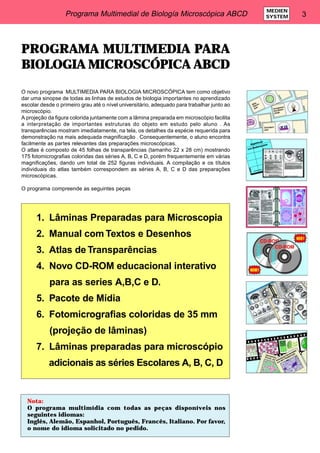 Programa Multimedial de Biología Microscópica ABCD 3 MEDIEN 
SYSTEM 
PROGRAMA MULTIMEDIA PARA 
BIOLOGIA MICROSCÓPICA ABCD 
O novo programa MULTIMEDIA PARA BIOLOGIA MICROSCÓPICA tem como objetivo 
dar uma sinopse de todas as linhas de estudos de biologia importantes no aprendizado 
escolar desde o primeiro grau até o nível universitário, adequado para trabalhar junto ao 
microscópio. 
A projeção da figura colorida juntamente com a lâmina preparada em microscópio facilita 
a interpretação de importantes estruturas do objeto em estudo pelo aluno . As 
transparências mostram imediatamente, na tela, os detalhes da espécie requerida para 
demonstração na mais adequada magnificação . Consequentemente, o aluno encontra 
facilmente as partes relevantes das preparações microscópicas. 
O atlas é composto de 45 folhas de transparências (tamanho 22 x 28 cm) mostrando 
175 fotomicrografias coloridas das séries A, B, C e D, porém frequentemente em várias 
magnificações, dando um total de 252 figuras individuais. A compilação e os títulos 
individuais do atlas também correspondem as séries A, B, C e D das preparações 
microscópicas. 
O programa compreende as seguintes peças 
1. Lâminas Preparadas para Microscopia 
2. Manual com Textos e Desenhos 
3. Atlas de Transparências 
4. Novo CD-ROM educacional interativo 
para as series A,B,C e D. 
5. Pacote de Mídia 
6. Fotomicrografias coloridas de 35 mm 
(projeção de lâminas) 
7. Lâminas preparadas para microscópio 
adicionais as séries Escolares A, B, C, D 
Nota: 
O programa multimídia com todas as peças disponíveis nos 
seguintes idiomas: 
Inglês, Alemão, Espanhol, Português, Francês, Italiano. Por favor, 
o nome do idioma solicitado no pedido. 
 
