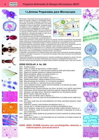 4 Programa Multimedial de Biología Microscópica ABCD MEDIEN 
SYSTEM 
1.Lâminas Preparadas para Microscopia 
Microscópio, instrumento essencial para estudos bio-lógicos 
em escolas, colégios e universidades. Associ-ado 
a uma lâmina bem preparada, transforma a de-monstração, 
permitindo ao equipamento uma melhor 
resolução em todas as magnitudes, ressaltando todos 
os detalhes a serem explorados, tornando a lâmina 
uma fonte precisa e inesgotável de conhecimento. 
As lâminas preparadas LIEDER tem como diferencial 
um rigoroso controle científico, resultado de uma lon-ga 
experiência, avançada tecnologia e o fato de se-rem 
elaboradas em laboratórios próprios. 
Os pré-requesitos para uma lâmina de qualidade são: 
bom material, sua preservação, acondicionamento e 
manter suas estruturas o mais próximo da forma viva possível. Secções microscópicas são extraídas 
destes materiais por equipes altamente qualificadas, resultando em uma espessura fina e lâminas das 
quais pesquisadores e estudantes obterão a máxima resolução dos componentes estruturais. 
As técnicas especiais e exclusivas usadas na coloração para cada um dos casos, asseguram uma me-lhor 
diferenciação, combinada com clareza, definição e maior duração de sua coloração. 
As lâminas LIEDER são elaboradas com os melhores vidros, esmerado acabamento, padronizadas em 
26 x 76 mm (1" x 3") e entregues ao consumidor final em embalagens resistentes de tamanhos e preços 
diferenciados. Para maiores detalhes e esclarecimentos, consulte-nos. 
A obtenção e processamento do material original para certas séries apresentam situações especiais, 
limitando a produção e requerendo um maior prazo de entrega. Estes casos encontram-se identificados 
com um asterisco (*). 
Todas as lâminas podem ser adquiridas tanto em conjuntos completos por categorias ou séries. Nos são 
reservados os direitos de executar modificações aos conjuntos e compilações sem prévio aviso. 
Lâminas e séries especiais poderão ser desenvolvidas mediante solicitação prévia. Faça uma consulta. 
SÉRIE ESCOLAR A No. 500 
501e Amoeba proteus 
502e Hidra, um pólipo de água fresca, unidade integral. 
503c Lumbricus, minhoca, s.t. típica da parte traseira do clitelo para estudo geral 
504c Daphnia e Ciclopes, pequenos crustáceos planctônicos. 
505d Mosca doméstica, cabeça com partes da boca, u.i. 
506b Mosca doméstica, pernas com pulvilo, u.i. 
507c Apis mellifica, abelha, asas anterior e posterior, u.i. 
508c Epitélio pavimentoso, células isoladas da boca humana, u.i. 
509d Músculo estriado de mamíferos, s.l. do músculo esquelético 
510d Osso de mamífero s.t., estrutura fina do osso compacto 
511d Couro cabeludo humano, secção vertical mostrando s.l. de folículos de cabelo 
512c Esfregaço de sangue humano 
513d Bactéria da boca, amostra coloridas com Gram, de bacilo, coco, espírilo, espiroqueta 
514c Diatomácea, lâmina disseminado mostrando espécies mistas de diatomáceas 
515c Spirogyra, uma alga comum, filamentos vegetativos com cloroplastos espirais 
516c Mucor mucedo, mofo preto de pão, u.i. 
517c Musgo, talo com folhas, seda e cápsula, u.i. 
518c Ranunculus, ranúnculo, típica raiz de dicotideledônea com estela central, seção trans-versal 
519c Zea mays, caule típico de monocotiledônea com feixes vasculares dispersos, seção 
transversal 
520c Helianthus, girassol, caule herbáceo dicotiledôneo típico, s t. 
521c Syringa, lila, s.t. da folha. Estrutura de uma folha de dicotiledôneo típico. 
522d Lilium candidum, antera de lírio, com sacos de pólen e grãos de pólen maturos, s.t. 
523d Lilium candidum, seção transversal de ovário mostrando a disposição de óvulos e 
saco embrionário 
524c Allium cepa, cebola, epiderme da camada fina do bulbo mostrando as células simples 
da planta, u.i. 
525d Allium cepa, Cebola, s.l. da extremidade da raiz mostrando as divisões (mitosis) de 
células em todos os estágios 
CD050 NOVO. CD-ROM interativo com microfotografias, desenhos, e 
material especial para escola série A 
501e 
503c 
504c 
505d 
506b 
507c 
508c 
509d 
510d 
511d 
512c 
513d 
514c 
515c 
518c 
519c 
520c 
521c 
522d 
523d 
524c 
525d 
 