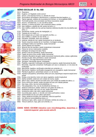 Programa Multimedial de Biología Microscópica ABCD 5 MEDIEN 
SYSTEM 
SÉRIE ESCOLAR B No. 600 
601d Paramécio 
602c Euglena, um flagelado verde comum 
603c Sincon, uma esponja marina, s.t. através do corpo 
604e Dicrocoelium lanceolatum (dentriticulum), a pequena fascíola hepática, u.i. 
605c Taenia saginata, solitária da musculatura do homem, s.t. de proglótide D605 
606d Trichinella spiralis, larva encistada nas fibras musculares, seção 
607d Ascaris, nematelminto, s.t. de uma fêma adulta 
608b Araneus, a aranha de jardim, pés mostrando patas e cerdas 
610d Apis mellifera, a abelha de mel, partes da boca, u.i. 
611b Apis mellifica, abelha de mel, pernas traseiras coletoras de pólen de uma abelha ope-rária, 
u.i. 
612e Periplaneta, barata, partes de mastigação, u.i. 
613b Traquéia de um inseto, u.i. 
614b Átrio estigma de um inseto com aparelho de filtro, u.i. 
615d Apis mellifica, a abelha de mel, ferrão, u.i. 
616b Pierídeos, borboleta, asas com camadas 
617d Astérias, estrela-do-mar, seção transversal de um tentáculo 
618e Tecido conjuntivo areolar de um mamífero, montagem completa 
619c Cartilagem hialina de mamíferos, seção transversal 
620e Tecido adiposo de mamífero 
621d Músculo liso de mamífero, seção longitudinal e transversal 
622e Fibras de nervos mielinizados, isolados 
623c Esfregaço de sangue de sapo, Rana 
624d Artéria e veia de mamíferos, seção transversal 
625d Fígado de porco (Sus scrofa), seção transversal 
626c Instestino (Duodeno) de gato, seção transversal mostrando pêlos, criptas e glândulas 
627c Pulmão de gato, felino doméstico, secão transversal 
628c Oscilatória, uma alga filamentosa azul-verde 
629e Spirogyra, reprodução sexual, conjugação 
630c Psalliota, cogumelo, frutificação com basídio e esporos, seção transversal de píleo 
631c Morchella, cogumelo comestível, frutificação com asco e ascóporos, s.t. do corpo de 
frutificação 
632d Marchantia, hepática, ramificação anteridial com anteridio, s.t. 
633d Marchantia, hepática, ramificação arquegonial com arquegônio, seção transversal 
634d Pteridium aquilinum, samambaia comum, s.t. da risoma 
635d Aspidium (Dryopteris), samambaia, folha com soro, esporângio e esporos seção trans-versal 
636e Elodea, erva daninha, broto com ápice vegetativo, secão longitudinal 
637d Dahlia variabilis, tubérculo com cristais de inulina, seção 
638b Allium cepa, cebola, escama de bulbo seco com cristais de oxalato de cálcio, u.i. 
639d Pyrus communis, pereira, seção da polpa da fruta com células pétreas 
640c Zea mays, milho, raiz de monocotiledônea, s.t. 
641c Tilia platyphyllos, lima, raiz de dicolitedôneo lenhosa, s.t. 
642c Solanum tuberosum, batata, tubérculo com grãos de amido, s.t. 
643c Aristolochia sipho, talo com um ano, seção transversal 
644c Aristolochia sipho, talo velho, seção transversal 
645d Cucurbita pepo, pepino, s.l. de talo com tubos perfurados e vasos 
646d Extremidades da raiz com pêlos radiculares 
647c Tulipa, epiderme da folha com estômato, vista da superfície 
648c Iris, folha de monocotiledônea típica, s.t. 
649c Sambucus nigra, velho, caule com lenticela e câmbio de cortiça, s.t. 
650e Triticum aestivum, trigo, grão com embrião, s.t. 
CD050 NOVO. CD-ROM interativo com microfotografias, desenhos, e 
material especial para escola série B 
601d 
605c 
607d 
609d 
610d 
611b 
614b 
615d 
618e 
619c 
620e 
624d 
625d 
630c 
632d 
634d 
635d 
636e 
644c 
645d 
647c 
650e 
 