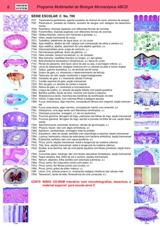 6 Programa Multimedial de Biología Microscópica ABCD MEDIEN 
SYSTEM 
SÉRIE ESCOLAR C No. 700 
701f Tripanosoma gambiense, agente causador da doença do sono, amostra de sangue 
702f Plasmodium, parasita da malária, amostra de sangue com estágios de desenvolvi-mento 
703d Radiolário, diversas espécies com diferentes formas de conchas 
704d Foraminífero, diversas espécies com diferentes formas de conchas 
705d Obélia Hidróide, colonia com hidrantes e gonadia, u.i. 
706d Hidra, seção transversal do corpo 
707c Turbelário, platelminto de água doce, s.t. do corpo 
708e Apis mellifica, abelha de mel, cabeça com composição de olhos e cérebro s.t. 
709d Apis mellifica, abelha, abdomem de uma abelha operária, s.t. 
710e Ctenocephalides canis, pulga de cachorro, u.i. 
711d Dermanyssus gallinae, ácaro da galinha, u.i. 
712d Helix pomatio, caracol comestível, s.t. do ovoteste 
713d Mya arenaria, mexiliões brandos ou longos, s.t. das gelras 
714d Branchiostoma lanceolatum (Amphioxus), s.t. típica do corpo 
715c Penas de pássaros, dois tipos: pena de asa ou asa, e plumagem inferior, u.i. 
716e Larva da salamandra, estágios mitóticos em s.t. através da pele e outros órgãos 
717f Gallus, galinha doméstica, s.t. de embrião de 48 horas 
718d Ovário de gato, s.t. mostrando o desenvolvimento de folículo 
719d Testículos de rato, seção mostrando o espermatogeneses 
720d Cerebelo de gato, s.t. mostrando células Purkinje 
721c Cordão espinhal de gato, seção transversal 
722d Rim de gato, s.t. através do córtex e medula 
723d Retina de gato, s.t. mostrando a microestrutura 
724e Lingua de coelho, s.t. através da papila foliada com papila gustativa 
725d Bacillus subtilis, bacilo de feno, mancha com bacilo e esporos 
726d Streptococcus lactis, manchas das bactérias de acidificação do leite 
727e Volvox, a alga verde, com colonias-filhas e estágios sexuais 
728d Fucus vesiculosos, alga marinha, conceptáculo fêmea com oogonia, seção transver-sal 
729d Fucus vesiculosos, alga marinha, conceptáculo macho com anterídio, s.t. 
730c Cladophora, uma alga verde com filamentos ramificados, u.i. 
731c Claviceps purpurea, cravagem, s.t. de um esclerócio 
732d Puccinia graminis, ferrugem do trigo, uredíneos nas folhas de trigo, seção transversal 
733d Puccinia graminis, ferrugem do trigo, ascídio e picnidia na folha de uva, seção trans-versal 
734b Saccharomyces cerevisiae, levedura, células de germinação, u.i. 
735d Physcia, líquen, talo com algas simbióticas, s.t. 
736e Aspidium, sambambaia, montagem total do protálio 
737d Equisetum, rabo de cavalo, estróbilo com esporângio e esporos, seção transversal 
738d Lupinus, tremoceiro, nódulo de radiculares com bactéria simbiótica, seção transversal 
739c Euphorbia, eufórbia, talo com vasos lactíferos, s.t. 
740d Pinus, pinho, seções transversal, radial e tangencial da madeira (xilema) 
741d Tilia, lima, seções transversal; radial e tangencial da madeira (xilema) 
742d Elodea, erva daninha, talo de uma planta aquática com feixes primitivos, seção trans-versal 
743d Curcurbita pepo, moranga, talo com feixes vasculares bicolaterais, seção transversal 
744d Fagus silvatica, faia, folha de sol e sombra, seções transversais 
745c Nerium, oleandro, folha xerófita com estomata submersa, s.t. 
746d Pinus, pinho, flor masculina (cone) com pólen, s.t. 
747d Pinus, pinho, flor fêmea (cone) com óvulos, s.t. 
748b Pinus, pinho, grãos de pólen maduro, u.i. 
749f Lilium, lírio, anteras jovens s.t. mostrando estágios meióticos das células mãe 
750d Taraxacum, dente de leão, florescência de uma composta, s.t. 
CD070 NOVO. CD-ROM interativo com microfotografias, desenhos, e 
material especial para escola série C 
701f 
706d 
708e 
710e 
714d 
718d 
719d 
720d 
721c 
722d 
723d 
724e 
727e 
729d 
732d 
733d 
744d 
745c 
738d 
740d 
746d 
747d 
 