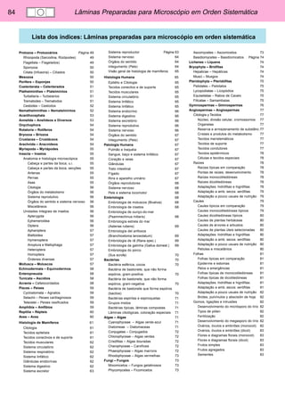 84 Lâminas Preparadas para Microscópio em Orden Sistemática 
Lista dos índices: Lâminas preparadas para microscópio em orden sistemática 
Protozoa – Protozoários Página 49 
Rhizopoda (Sarcodina, Rizópodes) 49 
Flagellata – Flagelados) 49 
Sporozoa 50 
Ciliata (Infusoria) – Ciliados 50 
Mesozoa 50 
Porifera – Esponjas 50 
Coelenterata – Celenterados 51 
Plathelminthes – Platelmintos 51 
Turbellaria – Turbelarios 51 
Trematodes – Trematodos 51 
Cestodes – Cestodos 52 
Nemathelminthes – Nematelmintos 52 
Acanthocephala 53 
Annelida – Anelideos e Diversos 53 
Onychophora 54 
Rotatoria – Rotiferos 54 
Bryozoa – Briozoa 54 
Crustacea – Crustáceos 54 
Arachnida – Aracnídeos 54 
Myriapoda – Myriápodes 55 
Insecta – Insetos 55 
Anatomia e histologia microscópica 55 
Cabeça e partes da boca, u.i. 55 
Cabeça e partes da boca, secções 55 
Antenas 55 
Pernas 55 
Asas 55 
Citologia 56 
Órgãos do metabolismo 56 
Sistema reprodutivo 56 
Órgãos do sentido e sistema nervoso 56 
Miscelâneos 56 
Unidades Integrais de insetos 56 
Apterygota 56 
Ephemeroidea 56 
Diptera 56 
Aphaniptera 57 
Blattoidea 57 
Hymenoptera 57 
Anoplura e Mallophaga 57 
Heteroptera 57 
Homoptera 57 
Órdenes diversas 57 
Mollusca – Moluscos 57 
Echinodermata – Equinodermos 58 
Enteropneusta 58 
Tunicata – Ascídios 58 
Acrania – Cefalocordados 58 
Pisces – Peixes 59 
Cyclostomata – Agnatos 59 
Selachii – Peixes cartilaginosos 59 
Teleostei – Peixes ossificados 59 
Amphibia – Amfíbios 59 
Reptilia – Répteis 60 
Aves – Aves 60 
Histología de Mamíferos 61 
Citologia 61 
Tecidos epiteliais 61 
Tecidos conectivos e de suporte 61 
Tecidos musculares 62 
Sistema circulatório 62 
Sistema respiratório 62 
Sistema linfático 62 
Glândulas endócrinas 62 
Sistema digestivo 62 
Sistema excretor 63 
Sistema reproductor Página 63 
Sistema nervoso 64 
Órgãos do sentido 64 
Integumento (Pele) 64 
Visão geral de histologia de mamíferos 65 
Histologia Humana 65 
Epitélio e Citologia 65 
Tecidos conectivo e de suporte 65 
Tecidos musculares 65 
Sistema circulatório 65 
Sistema linfático 65 
Sistema linfático 65 
Sistema endocrino 66 
Sistema digestivo 66 
Sistema excretório 66 
Sistema reprodutivo 66 
Sistema nervoso 66 
Órgãos do sentido 67 
Integumento (Pele) 67 
Patología Humana 67 
Pulmão e traquéia 67 
Sangue, baço e sistema linfático 67 
Coração e veias 67 
Glândulas 67 
Trato intestinal 67 
Fígado 67 
Rins e aparelho urinário 67 
Órgãos reprodutores 68 
Sistema nervoso 68 
Pele e sistema locomotor 68 
Embriologia 68 
Embriologia de moluscos (Bivalvia) 68 
Embriología de insetos 68 
Embriologia de ouriço-do-mar 
(Psammechinus miliaris) 68 
Embriología estrela do mar 
(Asterias rubens) 69 
Embriología del anfioxos 
(Branchiostoma lanceolatum) 69 
Embriologia de rã (Rana spec.) 69 
Embriologia da galinha (Gallus domest.) 69 
Embriologia do porco 
(Sus scrofa) 70 
Bactérias 70 
Bactéria esférica, cocos 70 
Bactéria de bastonete, que não forma 
espóros, gram-positiva 70 
Bactéria de bastonete, que não forma 
espóros, gram-negativa 70 
Bactéria de bastonete que forma espóros 
(bacilos) 70 
Bactérias espirilas e espiroquetas 71 
Grupos mistos 71 
Bactérias típicas, lâminas compostas 71 
Lâminas citológicas, coloração especiais 71 
Algae – Algas 71 
Cyanophyceae – Algas verde-azul 71 
Diatomeae – Diatomaceas 71 
Conjugatae – Conjugados 72 
Chlorophyceae – Algas verdes 72 
Crisófitas – Algas douradas 72 
Charophyceae – Carofícea 72 
Phaeophyceae – Algas marrons 72 
Rhodophyceae – Algas vermelhas 73 
Fungi – Fungos 73 
Mixomicetos – Fungos gelatinosos 73 
Phycomycetes – Ficomicetos 73 
Ascomycetes – Ascomicetos 73 
Basidiomycetes – Basidiomicetos Página 74 
Lichenes – Liquens 74 
Bryophyta – Briófitas 74 
Hepaticae – Hepáticas 74 
Musci – Musgos 74 
Pteridophyta – Pteridófitas 75 
Psilotales – Psilotalos 75 
Lycopodiatae – Licopódios 75 
Equisetatae – Rabos de Cavalo 75 
Filicatae – Samambaias 75 
Gymnospermae – Gimnospermas 76 
Angiospermae – Angiospermas 77 
Citologia y Tecidos 77 
Núcleo, divisão celular, cromossomos 77 
Organelas 77 
Reserva e armazenamento de substânc.77 
Cristais e produtos do metabolismo 77 
Tecidos meristemáticos 77 
Tecidos de suporte 77 
Tecidos condutores 77 
Tecidos epidérmicos 78 
Células e tecidos especiais 78 
Raízes 78 
Raízes típicas em comparação 78 
Pontas de raízes, desenvolvimento 78 
Raízes monocotiledóneas 78 
Raízes dicotiledóneas 78 
Adaptações: hidrófitas e higrófitas 78 
Adaptação a amb. secos: xerófitas 79 
Adaptação a pouco usuais de nutrição 79 
Caules 79 
Caules típicos em comparação 79 
Caules monocotiledóneas típicos 79 
Caules dicotiledóneas típicos 80 
Caules de plantas herbáceas 80 
Caules de árvores e arbustos 80 
Caules de plantas úteis selecionadas 80 
Adaptações: hidrófitas e higrófitas 80 
Adaptação a amb. secos: xerófitas 80 
Adaptação a pouco usuais de nutrição 80 
Petioles e miscelânios 80 
Folhas 81 
Folhas típicas em comparação 81 
Epiderme e estomas 81 
Pelos e emergências 81 
Folhas típicas de monocotiledóneas 81 
Folhas típicas de dicotiledóneas 81 
Adaptações: hidrófitas e higrófitas 81 
Adaptação a amb. secos: xerófitas 81 
Adaptação a pouco usuais de nutrição 82 
Brotes, pulvínulos y abscisión de hoja 82 
Gomos, ligações e intrusões 82 
Desenvolvimento do micrósporo do lírio 82 
Tipos de pólen 82 
Fertilização 82 
Desenvolvimento do megasporo do lírio 82 
Ovários, óvulos e embriões (monocot) 82 
Ovários, óvulos e embriões (dicot) 83 
Flores e diagramas florais (monocot) 83 
Flores e diagramas florais (dicot) 83 
Frutos simples 83 
Frutos agregados 83 
Sementes 83 
 