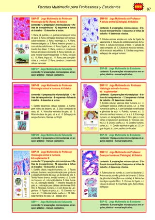 Pacotes Multimedia para Professores y Estudantes 87 
87 
SMP-07 Jogo Multimedia do Professor 
Histologia da Rã (Rana), kit básico 
contendo: 12 preparações microscópicas - 6 fo-lhas 
de transparências - 12 esquemas e folhas 
de trabalho - 12 desenhos e textos. 
1. Rana, rã, pulmão, s.t., pulmão simples em forma 
de saco 2. Rana, esfregaço de sangue com corpús-culos 
nucleados 3. Rana, estômago, s.t. 4. Rana, 
intestino delgado t.s 5. Rana, intestino grosso s.t., 
com células caliciformes 6. Rana, fígado, s.t. mos-trando 
duto bilear 7. Rana, ovário s.t., mostrando 
folículo em desenvolvimento 8. Rana, testículo, s.t. 
para mostrar espermatogênese 9. Rana, coração 
s.l. 10. Rana, língua s.t. 11. Rana, pele com glân-dulas, 
s. t. vertical 12. Rana, cérebro s.t. mostrando 
células nervosas 
SSP-07 Jogo Multimedia do Estudante 
contendo: 12 preparações microscópicas em ar-quivo 
plástico - manual explicativo. 
SMP-08 Jogo Multimedia do Professor 
A célula animal (Citologia), kit básico 
contendo: 6 preparações microscópicas - 3 fo-lhas 
de transparências - 6 esquemas e folhas de 
trabalho - 6 desenhos e textos. 
1. Células animais simples em corte de fígado de 
salamandra 2. Células do epitélio escamoso de hu-mano 
3. Células nervosoas e fibras 4. Células de 
osso compacto, s.t. 5. Células de músculo estriado, 
s.l de músculo esquelético 6. Células sanguíneas. 
esfregaço de sangue humano 
SSP-08 Jogo Multimedia do Estudante 
contendo: 6 preparações microscópicas em ar-quivo 
plástico - manual explicativo. 
SMP-09 Jogo Multimedia do Professor 
Histologia animal e humana, kit básico 
contendo: 6 preparações microscópicas - 3 fo-lhas 
de transparências - 6 esquemas e folhas de 
trabalho - 6 desenhos e textos. 
1. Epitélio escamoso, células isoladas 2. Cartila-gem 
hialina de bezerro, s.t. 3. Osso compacto de 
vaca, s.t. 4. Músculos estriados de gato, s.l. 5. 
Músculos lisos de gato, s.t. e s.l. 6. Esfregaço de 
sangue humano, Giemsa ou Wright 
SSP-09 Jogo Multimedia do Estudante 
contendo: 6 preparações microscópicas em ar-quivo 
plástico - manual explicativo. 
SMP-10 Jogo Multimedia do Professor 
Histologia animal e humana, 
kit suplementar I 
contendo: 12 preparações microscópicas - 6 fo-lhas 
de transparências - 12 esquemas e folhas 
de trabalho - 12 desenhos e textos. 
1. Epitélio colunar, vesícula biliar humana, s.t. 2. 
Cartilagem elástica, orelha de porco, s.t. 3. Pele 
humana de palma, s. v. com camadas estratificadas 
e glândulas de suor 4. Pulmão, humano, s.t. 5. 
Músculo cardíaco humano, s. l. e s. t. 6. Estomago 
humano, s.t. da região fundica 7. Rim, gato, s.t. com 
córtex e medula com glomérulos 8. Testículo, coe-lho, 
s.t. 9. Ovário, coelho, s.t. 10. Cérebro humano, 
cortex, s.t. 11. Cordão espinhal de gato, s.t.12. Lín-gua 
de gato, s.t. com papilas cornificadas 
SSP-10 Jogo Multimedia do Estudante 
contendo: 12 preparações microscópicas em ar-quivo 
plástico - manual explicativo. 
SMP-11 Jogo Multimedia do Professor 
Histologia animal e humana, 
kit suplementar II 
contendo: 12 preparações microscópicas - 6 fo-lhas 
de transparências - 12 esquemas e folhas 
de trabalho - 12 desenhos e textos. 
1. Epitélio ciliado, traquéia humana, s.t. 2. Tecido 
adiposo, humano, secção.coloração para gorduras 
3. Desenvolvimento do osso, s.l. de dedo de feto 4. 
Tecido fibroso branco, tendão humano, s.l. 5. Arté-ria, 
humano, s.t., coloração elástica 6. Veia, huma-no, 
s.t., coloração elástica 7. Intestino delgado de 
gato, s.t. coloração para células caliciformes (PAS-HE) 
8. Pâncreas, humano, s.t. com ilhotas de Lan-gerhans 
9. Fígado de porco, s.t. 10. Cerebelo hu-mano, 
s.t. 11. Glândula tiróide, ovelha, s.t. 12. Glân-dula 
mamária de vaca, s.t. , estágio ativo 
SSP-11 Jogo Multimedia do Estudante 
contendo: 12 preparações microscópicas em ar-quivo 
plástico - manual explicativo. 
SMP-12 Jogo Multimedia do Professor 
Doenças humanas (Patologia), kit básico 
contendo: 6 preparações microscópicas - 3 fo-lhas 
de transparências - 6 esquemas e folhas de 
trabalho - 6 desenhos e textos. 
1. Tuberculose do pulmão, s.t. com foci bacterial 2. 
Antracose do pulmão (pulmão de fumante) 3. Bócio 
da glândula tiróide (Estruma colóide) 4. Nefrite he-morrágica 
aguda (Rim) 5. Cirrose do fígado, s.t. 
(abuso de álcool) 6. Eberthella typhi, febre tifóide, 
esfregaço 
SSP-12 Jogo Multimedia do Estudante 
contendo: 6 preparações microscópicas em ar-quivo 
plástico - manual explicativo. 
 