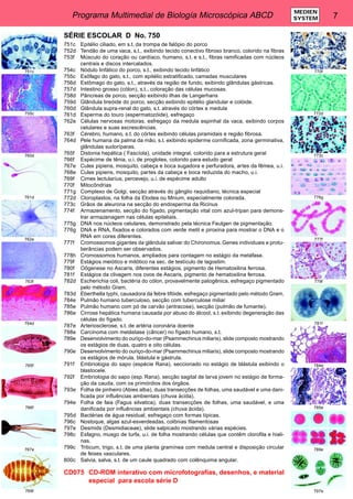 Programa Multimedial de Biología Microscópica ABCD 7 MEDIEN 
SYSTEM 
SÉRIE ESCOLAR D No. 750 
751c Epitélio ciliado, em s.t. da trompa de falópio do porco 
752d Tendão de uma vaca, s.t., exibindo tecido conectivo fibroso branco, colorido na fibras 
753f Músculo do coração ou cardíaco, humano, s.t. e s.t., fibras ramificadas com núcleos 
centrais e discos intercalados. 
754c Nódulo linfático do porco, s.t., exibindo tecido linfático 
755c Esôfago do gato, s.t., com epitélio estratificado, camadas musculares 
756d Estômago do gato, s.t., através da região de fundo, exibindo glândulas gástricas. 
757d Intestino grosso (cólon), s.t., coloração das células mucosas. 
758d Pâncreas de porco, secção exibindo ilhas de Langerhans 
759d Glândula tireóide do porco, secção exibindo epitélio glandular e colóide. 
760d Glândula supra-renal do gato, s.t. através do córtex e medula 
761d Esperma do touro (espermatozóide), esfregaço 
762e Células nervosas motoras, esfregaço da medula espinhal da vaca, exibindo corpos 
celulares e suas excrescências. 
763f Cérebro, humano, s.t. do córtex exibindo células piramidais e região fibrosa. 
764d Pele humana da palma da mão, s.t. exibindo epiderme cornificada, zona germinativa, 
glândulas sudoríparas. 
765f Distonia hepática ( Fascíola), unidade integral, colorido para a estrutura geral 
766f Espécime de tênia, u.i. de proglotes, colorido para estudo geral 
767e Culex pipiens, mosquito, cabeça e boca sugadora e perfuradora, artes da fêmea, u.i. 
768e Culex pipiens, mosquito, partes da cabeça e boca reduzida do macho, u.i. 
769f Cimex lectularius, percevejo, u.i. de espécime adulto 
770f Mitocôndrias 
771g Complexo de Golgi, secção através do gânglio raquidiano, técnica especial 
772d Cloroplastos, na folha da Elodea ou Mnium, especialmente colorada. 
773c Grãos de aleurona na secção do endosperma da Ricinus 
774f Armazenamento, secção do fígado, pigmentação vital com azul-tripan para demons-trar 
armazenagem nas células epiteliais. 
775g DNA nos núcleos celulares, demonstrado pela técnica Feulgen de pigmentação. 
776g DNA e RNA, fixados e colorados com verde metil e piroxina para mostrar o DNA e o 
RNA em cores diferentes. 
777f Cromossomos gigantes da glândula salivar do Chironomus. Genes individuais e protu-berâncias 
podem ser observados. 
778h Cromossomos humanos, ampliados para contagem no estágio da metáfase. 
779f Estágios meiótico e mitótico na sec. de testículo de lagostim. 
780f Oôgenese no Ascaris, diferentes estágios, pigmento de Hematoxilina ferrosa. 
781f Estágios da clivagem nos ovos de Ascaris, pigmento de hematoxilina ferrosa. 
782d Escherichia coli, bactéria do cólon, provavelmente patogênica, esfregaço pigmentado 
pelo método Gram. 
783d Eberthella typhi, causadora da febre tifóide, esfregaço pigmentado pelo método Gram. 
784e Pulmão humano tuberculoso, secção com tuberculose miliar 
785e Pulmão humano com pó de carvão (antracose), secção (pulmão de fumante). 
786e Cirrose hepática humana causada por abuso do álcool, s.t. exibindo degeneração das 
células do fígado. 
787e Arteriosclerose, s.t. de artéria coronária doente 
788e Carcinoma com metástase (câncer) no fígado humano, s.t. 
789e Desenvolvimento do ouriço-do-mar (Psammechinus miliaris), slide composto mostrando 
os estágios de duas, quatro e oito células. 
790e Desenvolvimento do ouriço-do-mar (Psammechinus miliaris), slide composto mostrando 
os estágios de mórula, blástula e gástrula. 
791f Embriologia do sapo (espécie Rana), seccionado no estágio de blástula exibindo o 
blastocele. 
792f Embriologia do sapo (esp. Rana), secção sagital de larva jovem no estágio de forma-ção 
da cauda, com os primórdios dos órgãos. 
793e Folha de pinheiro (Abies alba), duas transecções de folhas, uma saudável e uma dani-ficada 
por influências ambientais (chuva ácida). 
794e Folha de faia (Fagus silvatica), duas transecções de folhas, uma saudável, e uma 
danificada por influências ambientais (chuva ácida). 
795d Bactérias de água residual, esfregaço com formas típicas. 
796c Nostoque, algas azul-esverdeadas, colônias filamentosas 
797e Desmids (Desmidiaceae), slide salpicado mostrando várias espécies. 
798c Esfagno, musgo de turfa, u.i. de folha mostrando células que contêm clorofila e hiali-nas. 
799c Triticum, trigo, s.t. de uma planta gramínea com medula central e disposição circular 
de feixes vasculares. 
800c Salvia, salva, s.t. de um caule quadrado com colênquima angular. 
CD075 CD-ROM interativo com microfotografias, desenhos, e material 
especial para escola série D 
751c 
755c 
760d 
761d 
762e 
763f 
764d 
765f 
766f 
767e 
769f 
770f 
772d 
773c 
776g 
777f 
779f 
781f 
784e 
785e 
789e 
797e 
 