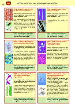 92 Pacotes Multimedia para Professores y Estudantes 
92 
SMP-37 Jogo Multimedia do Professor 
Variedades de madeira, kit básico 
contendo: 6 preparações microscópicas - 3 fo-lhas 
de transparências - 6 esquemas e folhas de 
trabalho - 6 desenhos e textos. 
1. Acer platanoides, ácer, três secções da madeira, 
s.t., s.l.r., s.l.t 2. Fagus silvatica, faia, três secções 
da madeira, s.t., s.l.r., s.l.t. 3. Pinus, pinheiro três 
secções da madeira, s.t., s.l.r., s.l.t 4. Picea excel-sa, 
abeto, três secções da madeira, s.t., s.l.r., s.l.t 
5. Populus alba, choupo, três secções da madeira, 
s.t., s.l.r., s.l.t 6. Tilia platyphylla, tília, três secções 
da madeira, s.t., s.l.r., s.l.t 
SSP-37 Jogo Multimedia do Estudante 
contendo: 6 preparações microscópicas em ar-quivo 
plástico - manual explicativo. 
SMP-38 Jogo Multimedia do Professor 
Fibras téxteis, kit básico 
contendo: 6 preparações microscópicas - 3 fo-lhas 
de transparências - 6 esquemas e folhas de 
trabalho - 6 desenhos e textos. 
1. Lanugem 2. Seda 3. Linho 4. Algodão 5. Celu-lose 
6. Nylon 
SSP-38 Jogo Multimedia do Estudante 
contendo: 6 preparações microscópicas em ar-quivo 
plástico - manual explicativo. 
SMP-39 Jogo Multimedia do Professor 
Comidas e suas adulterações, kit básico 
contendo: 6 preparações microscópicas - 3 fo-lhas 
de transparências - 6 esquemas e folhas de 
trabalho - 6 desenhos e textos. 
1. Fungos em comidas estragadas 2. Organismo 
que azeda o leite, corado para bactérias (Strep-to-coccus 
lactis) 3.. Farinha de trigo adulterada com 
pó de giz 4. Farinha de milho adulterada com es-poros 
de sujeira do milho (Ustilago) 5. Centeio es-tragado 
por percevejos 6. Farinha adulterada por 
ácaro da farinha (Tyroglyphus farinae) 
SSP-39 Jogo Multimedia do Estudante 
contendo: 6 preparações microscópicas em ar-quivo 
plástico - manual explicativo. 
SMP-40 Jogo Multimedia do Professor 
Comidas e têmperos sobre 
o microscópio, kit básico 
contendo: 12 preparações microscópicas - 6 fo-lhas 
de transparências - 12 esquemas e folhas 
de trabalho - 12 desenhos e textos. 
1. Centeio 2. Amido de batata 3. Farinha de soja 4. 
Farinha de trigo 5. Amido de arroz 6. Grão de café, 
s.t. 7. Pimenta negra moída 8. Páprica moída 9. 
Nosmoscada s.t. 10. Côco ralado 11. Folhas de 
tabaco, s.t. 12. Avelã, corada para gordura, s.t. 
SSP-40 Jogo Multimedia do Estudante 
contendo: 12 preparações microscópicas em ar-quivo 
plástico - manual explicativo. 
SMP-41 Jogo Multimedia do Professor 
O maravilhoso mundo numa gota 
d´água, kit básico 
contendo: 6 preparações microscópicas - 3 fo-lhas 
de transparências - 6 esquemas e folhas de 
trabalho - 6 desenhos e textos. 
1. Euglena, flagelado verde com estigma (olhos) 2. 
Paramecium, núcleo corado 3. Daphnia and 
Cyclops, small crustaceans 4. Spirogyra, alga ver-de 
com cloroplastos espiralados 5. Spongilla, es-ponja 
de água doce, espículas isoladas 6. Diato-meae, 
diatomáceas, várias espécies 
SSP-41 Jogo Multimedia do Estudante 
contendo: 6 preparações microscópicas em ar-quivo 
plástico - manual explicativo. 
SMP-42 Jogo Multimedia do Professor 
O maravilhoso mundo numa gota 
d´água, kit suplementar 
contendo: 12 preparações microscópicas - 6 fo-lhas 
de transparências - 12 esquemas e folhas 
de trabalho - 12 desenhos e textos. 
1. Ceratium hirundinella, dinoflagelados 2. Vortice-lla, 
um ciliado colonial. 3. Bactérias decomposito-ras 
de infusões de feno 4. Hidra, s.t. 5. Cladophora, 
alga verde, filamentos ramificados 6. Eudorina, pe-quenas 
colônias com bainha gelatinosa 7. Micro-cystis, 
colônias irregulares 8. Rotatoria, rotíferos, 
várias espécies 9. Planária, s.t., estrutura geral 10. 
Plumatella, briozoários, secção de colónia 11. Tubi-fex, 
oligochaeta de água doce que vive no lodo 12. 
Plânctons mistos, dispersos 
SSP-42 Jogo Multimedia do Estudante 
contendo: 12 preparações microscópicas em ar-quivo 
plástico - manual explicativo. 
 