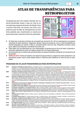 Atlas de Transparências para Retroprojetor 95 
ATLAS DE TRANSPARÊNCIAS PARA 
RETROPROJETOR 
Transparências para retro projetor coloridas são mo-dernas 
ferramentas visuais e cada vez mais se tor-nam 
parte dos programas de ensino de biologia, física 
e química. Para tanto, nós criamos uma nova e com-preensiva 
série de Atlas de Transparências de exce-lente 
qualidade para complementar os estudos pro-porcionados 
pelos conjuntos de lâminas preparadas. 
••••• Os Atlas são compostos de folhas de transparências (tamanho 22 x 28 cm) abrangendo uma grande 
variedade de belos desenhos, diagramas, tabelas, figuras de anatomia, micro e macro-fotografias bri-lhantes 
fotografias por elétron e Raio-X, impressionantes ciclos de vida, fotografias humanas, paisa-gens, 
dados para pesquisa e resultados de outras, etc. 
••••• Cada Atlas vem acompanhado por uma interpretação compreensiva em forma de texto mostrando a 
descrição detalhada de todas as imagens (disponível nas línguas diferentes). 
••••• As transparências e os textos são acondicionados em pastas de plástico resistente com mecanismo de 
travamento. 
••••• NOVO 2m 2011: Folhas de trabalho com desenhos esquemáticos e respectivos textos explicativos. Os 
educadores podem sacar cópias destas folhas e utiliza-las para trabalhos em sala de aula ou para 
testes.. 
PROGRAMA DE ATLAS DE TRANSPARÊNCIAS PARA RETROPROJETOR 
8201P Anatomia e Fisiologia do Corpo Humano I - O esqueleto humano - A musculatura humana - Os órgãos respiratórios humanos - O sistema 
circulatório I e II- O sistema digestivo. Os órgãos urinários. Atlas com 36 Transparências, tamanho 22 x 28 cm, compreendendo 110 figuras 
coloridas, esquemas e folhas de trabalho com desenhos semidiagramáticos e textos. Livreto com textos descritivos das transparências para 
o professor. Tudo em um resistente arquivo plástico com mecanismo de anel para acondicionamento NOVO 
8202P Anatomia e Fisiologia do Corpo Humano II. Reprodução, educação sexual e genética - Os tecidos nervosos - O cordão espinhal humano 
- O cérebro humano. Transmissão de informações - O sistema nervoso autônomo - Atlas com 36 Transparências, tamanho 22 x 28 cm, 
compreendendo 110 figuras coloridas, esquemas e folhas de trabalho com desenhos semidiagramáticos e textos. Livreto com textos descri-tivos 
das transparências para o professor. Tudo em um resistente arquivo plástico com mecanismo de anel para acondicionamento NOVO 
8203P Anatomia e Fisiologia do Corpo Humano III. Olho e visão - Ouvido e o mecanismo auditivo, senso de equilíbrio, Percepção sensorial: 
Olfato, paladar, tato, percepção de temperatura e movimento. - Hormônios e sistema hormonal - Atlas com 27 Transparências, tamanho 22 x 
28 cm, compreendendo 75 figuras coloridas, esquemas e folhas de trabalho com desenhos semidiagramáticos e textos. Livreto com textos 
descritivos das transparências para o professor. Tudo em um resistente arquivo plástico com mecanismo de anel para acondicionamento 
NOVO 
8211P O Aparelho Locomotor Humano. Tecidos de conexão e sustentação. O esqueleto humano. O sistema muscular humano. - Atlas com 
30 transparências com 87 figuras NOVO 
8212P Os Órgãos Humanos da Digestão. Sistemas digestivo e excretor. Estrutura e função da boca Humana, faringe, estômago, intestino, fígado 
e pâncreas, rins e órgãos urinários. O metabolismo. - Atlas com 33 transparências com 88 figuras NOVO 
8213P Os Sistemas Respiratório e Circulatório Humano. Nariz, traquéia, pulmões, coração, sangue e vasos sanguíneos, sistema linfático. 
Respiração, circulação, pressão sanguínea, grupos sanguíneos. O sistema imunológico. - Atlas com 42 transparências com 110 figuras. 
8217P Reprodução e Desenvolvimento Embrionário Humano e de outros Animais. Atlas valioso para a instrução sexual. Sistema reprodutivo. 
Órgãos sexuais Humano, desenvolvimento do ovo e esperma, crescimento do feto e nascimento. - Atlas com 30 transparências com 104 
figuras 
8214P O Sistema Nervoso Parte I Células e Tecidos nervosos. O sistema nervoso de invertebrados e vertebrados. - Atlas com 30 transparências 
com 76 figuras 
8215P O Sistema Nervoso Parte II. A medula espinhal humana. O cérebro humano. Uma introdução a recepção, condução e transmissão de 
informações.. O sistema nervoso autônomo humano. - Atlas com 36 transparências com 82 figuras 
8218P Hormônios e Sistema Hormonal Partes I e II. As funções e interações hormonais. Tiroxina, adrenalina e insulina. Hormônios sexuais e 
hipófise. Hormônios gonadotróficos, controle de feedback, atividades de genes e síntese de proteínas, neurosecreção, segundo mensageiro 
e efeito cascata, fatores de inibição e estimulação, anabólica, contracepção hormonal. - Atlas com 42 transparências com 116 figuras 
8216P Os Órgãos do Sentido. Olho e visão, - Ouvido e audição, Senso de equilíbrio - Olfato, Paladar, Tato, Sensação de temperatura e Propriocep-ção. 
- Atlas com 36 transparências com 90 figuras 
8220P Citologia e Genética Molecular. Núcleo da célula e cromossomos - Cromossomos e genes, - Gene e moléculas, crossover, replicação, - 
DNA como transmissor da informação hereditária. Estrutura e replicação de DNA e RNA. Código genético e mutação. Síntese, estrutura e 
função de proteínas. Helix duplo. - Atlas com 46 transparências com 172 figuras 
 