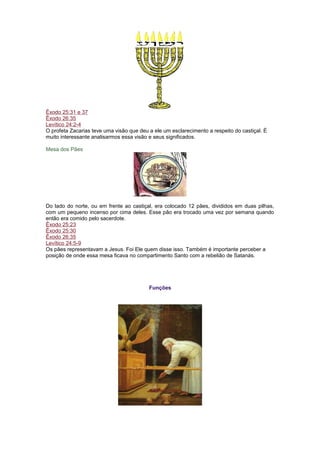 Êxodo 25:31 e 37
Êxodo 26:35
Levítico 24:2-4
O profeta Zacarias teve uma visão que deu a ele um esclarecimento a respeito do castiçal. É
muito interessante analisarmos essa visão e seus significados.
Mesa dos Pães
Do lado do norte, ou em frente ao castiçal, era colocado 12 pães, divididos em duas pilhas,
com um pequeno incenso por cima deles. Esse pão era trocado uma vez por semana quando
então era comido pelo sacerdote.
Êxodo 25:23
Êxodo 25:30
Êxodo 26:35
Levítico 24:5-9
Os pães representavam a Jesus. Foi Ele quem disse isso. Também é importante perceber a
posição de onde essa mesa ficava no compartimento Santo com a rebelião de Satanás.
Funções
 