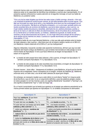 momento hemos visto con claridad todo lo referente al tercer mensaje y a estas alturas ya
debemos estar en la capacidad de identificar las entidades y eventos aquí representados. En el
presente capítulo enfocaremos nuestra atención en el segundo mensaje, el cual nos habla de
Babilonia y su posterior caída:
"Vino uno de los siete ángeles que tenían las siete copas y habló conmigo, diciendo: «Ven acá
y te mostraré la sentencia contra la gran ramera, la que está sentada sobre muchas aguas. Con
ella han fornicado los reyes de la tierra, y los habitantes de la tierra se han embriagado con el
vino de su fornicación». Me llevó en el Espíritu al desierto, y vi a una mujer sentada sobre una
bestia escarlata llena de nombres de blasfemia, que tenía siete cabezas y diez cuernos. La
mujer estaba vestida de púrpura y escarlata, adornada de oro, piedras preciosas y perlas, y
tenía en la mano un cáliz de oro lleno de abominaciones y de la inmundicia de su fornicación.
En su frente tenía un nombre escrito, un misterio: «Babilonia la grande, la madre de las
rameras y de las abominaciones de la tierra». Vi a la mujer ebria de la sangre de los santos y
de la sangre de los mártires de Jesús. Cuando la vi quedé asombrado con gran asombro"
(Apocalipsis 17:1-6).
La profecía habla de una mujer llamada Babilonia, y dice que ella está sentada sobre la bestia
de siete cabezas y diez cuernos. ¿Qué tiene que ver el imperio católico nacido en el 380 d.C.,
con Babilonia, imperio destruido en el 539 a.C. por los medopersas?
Algunos intérpretes, buscando conciliar esta aparente incoherencia, afirman que aquí se está
hablando del imperio antiguo de Babilonia y que la bestia mencionada en este pasaje no es la
misma bestia de Apocalipsis 13 sino que hace referencia al dragón de Apocalipsis 12. Se
basan en lo siguiente:
La bestia de este pasaje tiene siete cabezas y diez cuernos, el dragón de Apocalipsis 12
también (compare Apocalipsis 17:3 y Apocalipsis 12:3).
La bestia de este pasaje es de color escarlata (rojo encendido), el dragón de Apocalipsis 12
también (compare Apocalipsis 17:3 y Apocalipsis 12:3).
De esta manera dicen ellos desaparece el problema, pues Babilonia, al igual que los demás
imperios de la antigüedad, fueron manejados por el dragón, símbolo de Satanás.[a] Babilonia,
entonces sería, en este caso, una de las siete cabezas de aquel gran dragón.
Sin embargo, es necesario resaltar que a este último no se le llama "bestia" en ninguna parte
de la Escritura y que el color no es un argumento definitivo, pues las palabras griegas usadas
en estos pasajes no son las mismas; pues una significa literalmente "escarlata" o "bermejo" y la
otra significa simplemente "rojo" o "color de fuego".[b]
Es un hecho comprobado que la bestia que aparece en el pasaje que estamos estudiando es la
misma primera bestia que aparece en Apocalipsis 13. Un análisis comparativo lo demuestra:
Apocalipsis 13 Apocalipsis 17
"Aquí hay sabiduría. El que tiene
entendimiento..." (v. 18).
"Esto, para la mente que tenga sabiduría..." (v.
9).
"Vi subir del mar una bestia..." (v. 1). "Vi... una bestia escarlata..." (v. 3).
"Vi subir del mar una bestia que tenía siete
cabezas y diez cuernos" (v. 1).
"Vi... una bestia escarlata... que tenía siete
cabezas y diez cuernos" (v. 3).
"...sobre sus cabezas, nombres de
blasfemia" (v. 1).
"...sobre una bestia escarlata llena de nombres
de blasfemia" (v. 3).
"...toda la tierra se maravilló en pos de la
bestia" (v. 3).
"Los habitantes de la tierra... se asombrarán
viendo la bestia..." (v. 8).
"...todos los habitantes de la tierra cuyos
nombres no estaban escritos desde el
principio del mundo en el libro de la vida del
Cordero" (v. 8).
"Los habitantes de la tierra, aquellos cuyos
nombres no están escritos en el libro de la vida
desde la fundación del mundo..." (v. 8).
 