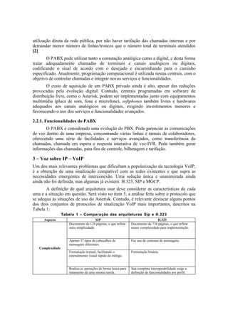 utilização direta da rede pública, por não haver tarifação das chamadas internas e por
demandar menor número de linhas/troncos que o número total de terminais atendidos
[2].
       O PABX pode utilizar tanto a comutação analógica como a digital, e desta forma
tratar adequadamente chamadas de terminais e canais analógicos ou digitais,
codificando o sinal de acordo com o desejado e encaminhando para o caminho
especificado. Atualmente, programação computacional é utilizada nestas centrais, com o
objetivo de controlar chamadas e integrar novos serviços e funcionalidades.
        O custo de aquisição de um PABX privado ainda é alto, apesar das reduções
provocadas pela evolução digital. Contudo, centrais programadas em software de
distribuição livre, como o Asterisk, podem ser implementadas junto com equipamentos
multimídia (placa de som, fone e microfone), softphones também livres e hardwares
adequados aos canais analógicos ou digitais, exigindo investimentos menores e
favorecendo o uso dos serviços e funcionalidades avançados.

2.2.1. Funcionalidades do PABX
       O PABX é considerado uma evolução do PBX. Pode gerenciar as comunicações
de voz dentro de uma empresa, concentrando várias linhas e ramais de colaboradores,
oferecendo uma série de facilidades e serviços avançados, como transferência de
chamadas, chamada em espera e resposta interativa de voz-IVR. Pode também gerar
informações das chamadas, para fins de controle, bilhetagem e tarifação.

3 – Voz sobre IP – VoIP
Um dos mais relevantes problemas que dificultam a popularização da tecnologia VoIP,
é a obtenção de uma sinalização compatível com as redes existentes e que supra as
necessidades emergentes de interconexão. Uma solução única e unanimizada ainda
ainda não foi definida, mas algumas já existem: H.323, SIP e MGCP.
       A definição de qual arquitetura usar deve considerar as características de cada
uma e a situação em questão. Será visto no ítem 5, a análise feita sobre o protocolo que
se adequa às situações de uso do Asterisk. Contudo, é relevante destacar alguns pontos
dos dois conjuntos de protocolos de sinalização VoIP mais importantes, descritos na
Tabela 1:
                  Tabela 1 – Comparação das arquiteturas Sip e H.323
      Aspecto                           SIP                                      H.323
                     Documento de 128 páginas, o que reflete    Documento de 736 páginas, o que reflete
                     mais simplicidade.                         maior complexidade para implementação.


                     Apenas 37 tipos de cabeçalhos de           Faz uso de centenas de mensagens.
                     mensagens diferentes.
   Complexidade
                     Formatação textual, facilitando o          Formatação binária.
                     entendimento visual rápido do tráfego.


                     Realiza as operações de forma única para   Sua completa interoperabilidade exige a
                     tratamento da uma mesma tarefa.            definição de funcionalidades por perfil.
 