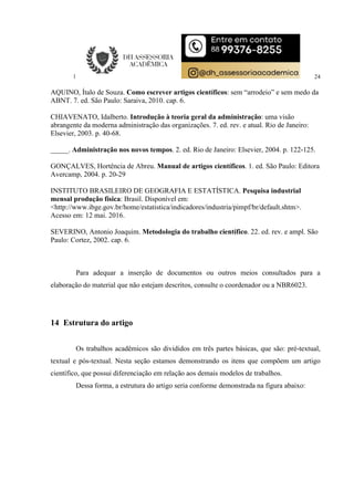 24
AQUINO, Ítalo de Souza. Como escrever artigos científicos: sem “arrodeio” e sem medo da
ABNT. 7. ed. São Paulo: Saraiva, 2010. cap. 6.
CHIAVENATO, Idalberto. Introdução à teoria geral da administração: uma visão
abrangente da moderna administração das organizações. 7. ed. rev. e atual. Rio de Janeiro:
Elsevier, 2003. p. 40-68.
_____. Administração nos novos tempos. 2. ed. Rio de Janeiro: Elsevier, 2004. p. 122-125.
GONÇALVES, Hortência de Abreu. Manual de artigos científicos. 1. ed. São Paulo: Editora
Avercamp, 2004. p. 20-29
INSTITUTO BRASILEIRO DE GEOGRAFIA E ESTATÍSTICA. Pesquisa industrial
mensal produção física: Brasil. Disponível em:
<http://www.ibge.gov.br/home/estatistica/indicadores/industria/pimpf/br/default.shtm>.
Acesso em: 12 mai. 2016.
SEVERINO, Antonio Joaquim. Metodologia do trabalho científico. 22. ed. rev. e ampl. São
Paulo: Cortez, 2002. cap. 6.
Para adequar a inserção de documentos ou outros meios consultados para a
elaboração do material que não estejam descritos, consulte o coordenador ou a NBR6023.
14 Estrutura do artigo
Os trabalhos acadêmicos são divididos em três partes básicas, que são: pré-textual,
textual e pós-textual. Nesta seção estamos demonstrando os itens que compõem um artigo
científico, que possui diferenciação em relação aos demais modelos de trabalhos.
Dessa forma, a estrutura do artigo seria conforme demonstrada na figura abaixo:
 