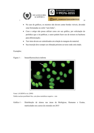 10
 No caso de gráficos, os mesmos não devem conter bordas visíveis, devendo
estar formatadas no estilo “sem linha”;
 Caso o artigo não possa utilizar cores em seu gráfico, por solicitação do
periódico que o irá publicar, o autor poderá fazer uso de textura ou hachuras
para diferenciação;
 Tais itens devem ser centralizados em relação às margens do material;
 Sua inserção deve sempre ser efetuada próximo ao texto onde está citado.
Exemplos:
Figura 1 – Imunofluorescência indireta
Fonte: LAURINO et al. (2009)
Padrão nuclear pontilhado fino, com placa metafásica negativa – seta
Gráfico 1 – Distribuição de alunos nas áreas de Biológicas, Humanas e Exatas,
matriculados nos cursos de extensão em 2015
 